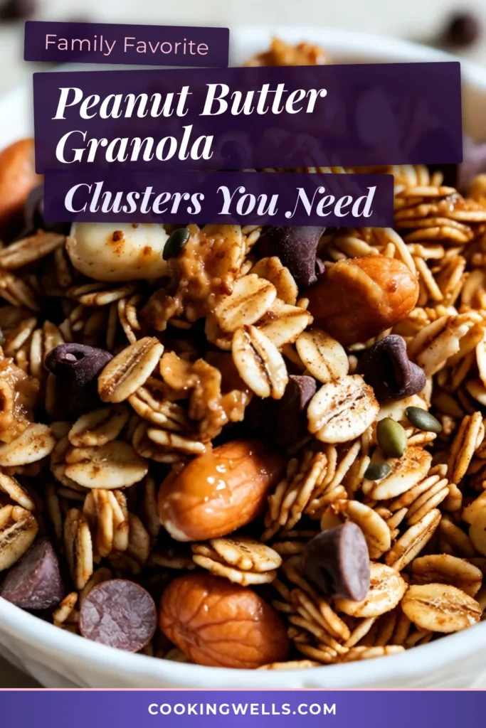 Looking for a delicious peanut butter granola recipe? This Peanut Butter Chocolate Chip Granola combines oats, chocolate chips, and nuts for a perfect homemade granola recipe that’s both tasty and healthy. It's an ideal healthy snack recipe for any time of day, whether you enjoy it with yogurt or straight from the jar! Try this easy granola with nuts and chocolate today and elevate your snack game! Save this recipe for later! #GranolaRecipes #HealthySnacks #PeanutButter #ChocolateChipGranola