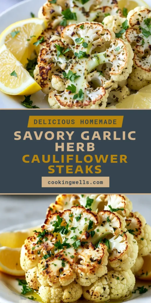 Elevate your dinner with these delicious Garlic Herb Roasted Cauliflower Steaks! This simple cauliflower steaks recipe is perfect for anyone looking for vegan cauliflower dishes that are both healthy and flavorful. With just a few ingredients, these roasted vegetable recipes are ideal for any meal. Try this healthy cauliflower recipe tonight and impress your friends. Save this recipe for later! #CauliflowerSteaks #VeganRecipes #HealthyEating #RoastedVegetables
