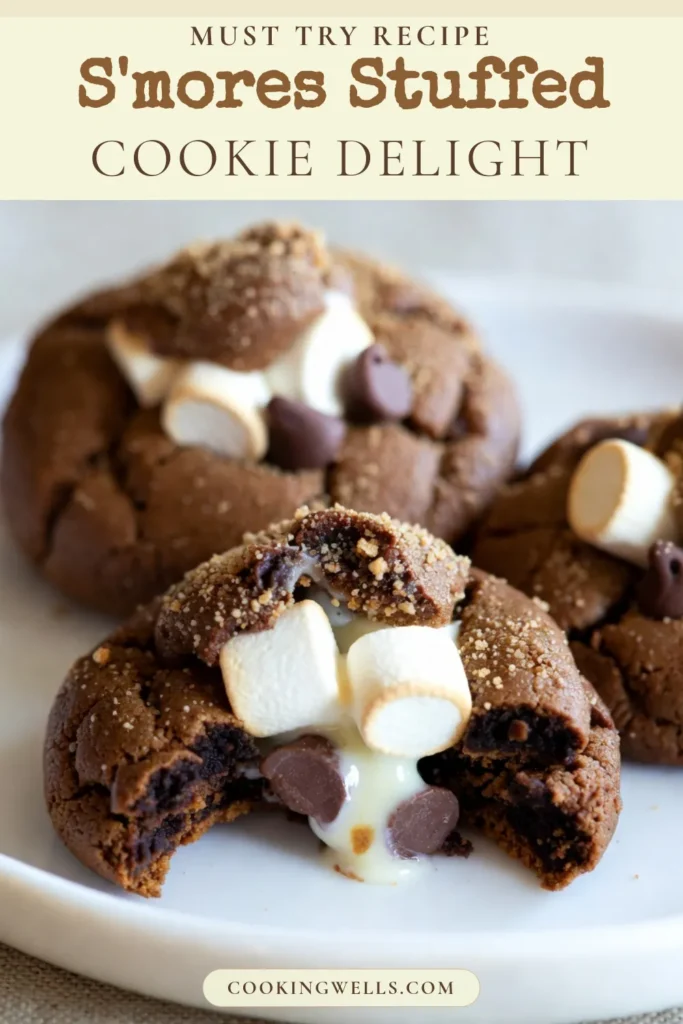 Indulge in the ultimate treat with these S'mores Stuffed Chocolate Cookies! This easy s'mores dessert combines gooey chocolate cookies filled with mini marshmallows and graham cracker goodness. Perfect for any chocolate cookie recipe lover, these homemade stuffed cookies are a delightful twist on classic s'mores. Bake a batch today and enjoy warm! Don't forget to save this recipe! #SmoreStuffedCookies #ChocolateCookieRecipe #EasyS'moresDessert #HomemadeStuffedCookies