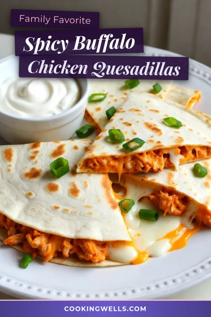 Spice up your snack game with these Buffalo Chicken Quesadillas! This easy quesadilla recipe combines tender shredded chicken with a creamy buffalo sauce for a flavor explosion. Melted mozzarella and cheddar cheese make these spicy chicken quesadillas irresistible. Perfect for parties or game day, serve them as cheesy chicken tortilla wedges that everyone will love. Try this delicious recipe today! #BuffaloChickenQuesadillas #EasyQuesadillaRecipe #SpicyChickenQuesadillas #CheesyChickenWedges