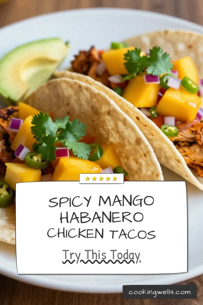 Indulge in these mouthwatering Mango Habanero Chicken Tacos! This spicy chicken tacos recipe is perfect for a quick weeknight dinner or a fun gathering. Made with juicy grilled chicken, fresh mango salsa, and delicious corn tortillas, it's an easy taco recipe your family will love. Elevate your taco night with Mango Habanero Chicken Tacos. Click for the full recipe! #TacoNight #MangoSalsa #SpicyChickenTacos #EasyRecipes