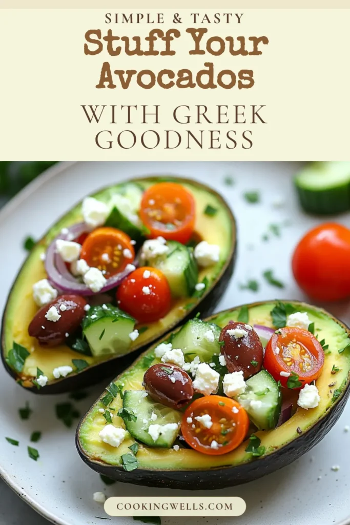 Discover a delicious Greek salad avocado recipe that's perfect for healthy eating! These Mediterranean avocado stuffed avocados are not only easy to make but also a fantastic low-carb avocado recipe. With vibrant cherry tomatoes, crunchy cucumbers, and creamy feta, this easy Greek salad recipe will impress anyone. Make this stuffed avocados healthy recipe for a quick meal that’s full of flavor. Save this recipe for your next meal prep! #GreekSalad #HealthyRecipes #MediterraneanFood #LowCarb
