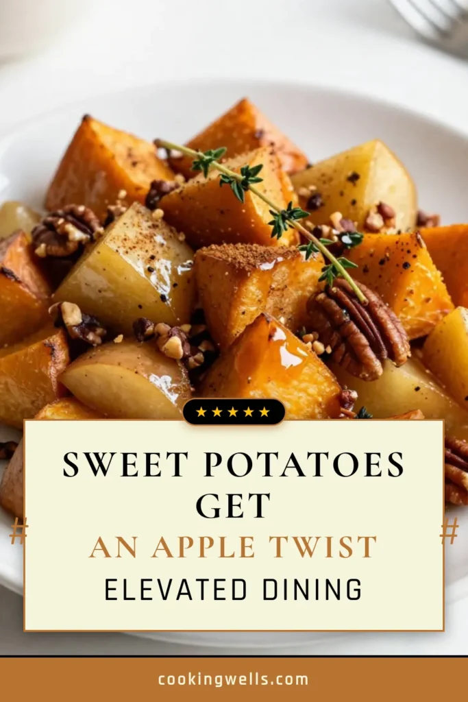 Discover the perfect fall side dish with these Maple Roasted Sweet Potatoes paired with Honeycrisp apples. This delicious baked sweet potatoes with apples recipe combines the sweetness of maple syrup and spices for a comforting, flavorful dish. Ideal for autumn gatherings or weeknight dinners, these roasted apple sweet potatoes will impress your guests. Try it today and elevate your meals! Save this recipe for your next feast! #FallRecipes #SweetPotatoes #AppleRecipe #HealthyEating