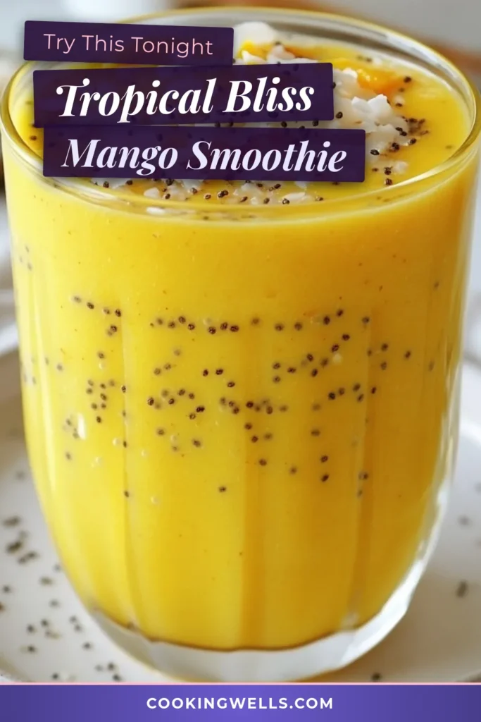 Indulge in this delightful Mango Coconut Chia Smoothie! This healthy tropical smoothie is a perfect vegan option packed with nutrients. Our chia seed smoothie recipe is easy to make and bursting with flavor from ripe mangoes and creamy coconut milk. Enjoy this easy mango smoothie recipe anytime for a refreshing treat. Save this recipe for a delicious smoothie experience! #MangoCoconutSmoothie #ChiaSeedSmoothie #VeganSmoothie #HealthySmoothie