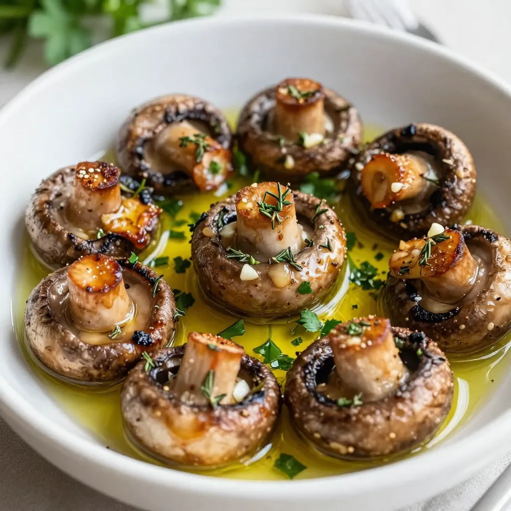 To make Garlic Herb Roasted Mushrooms, gather these items: - 500g button or cremini mushrooms, cleaned and trimmed - 4 tablespoons olive oil - 4 cloves garlic, minced - 1 teaspoon dried thyme - 1 teaspoon dried rosemary - 1 teaspoon paprika - Salt and pepper to taste - Fresh parsley, chopped for garnish You will need a few basic tools: - A large mixing bowl - A baking sheet - A spatula or wooden spoon - An oven to roast the mushrooms You can swap some ingredients if needed: - Use any mushroom type you like, such as portobello or shiitake. - If you don’t have olive oil, try using melted butter or avocado oil. - Fresh herbs like thyme or rosemary can replace dried ones. Just use more of them. - You can add other seasonings like garlic powder or onion powder for extra flavor. - If you want a spicy kick, add a pinch of cayenne pepper. {{ingredient_image_1}} 1. First, gather all your ingredients. You need mushrooms, olive oil, garlic, and herbs. 2. Clean the mushrooms carefully. Use a damp cloth to wipe them. Trim off any tough ends. 3. In a large bowl, mix the olive oil, minced garlic, thyme, rosemary, paprika, salt, and pepper. Stir well. 4. Add the cleaned mushrooms to the bowl. Toss gently until they are fully coated in the herb oil. 1. Preheat your oven to 200°C (400°F). This makes sure the mushrooms roast perfectly. 2. Spread the mushrooms on a baking sheet. Keep them in a single layer for even cooking. 3. Place the baking sheet in the oven. Roast the mushrooms for 15-20 minutes. 4. Halfway through, stir the mushrooms. This helps them brown evenly. 5. Check if they are golden brown and tender. If they are, take them out of the oven. - Use fresh herbs when you can. They add great flavor. - Don't crowd the mushrooms on the baking sheet. This keeps them from steaming. - For extra taste, drizzle a little olive oil before serving. - Garnish with fresh parsley for color and flavor. To get the best mushrooms, always preheat your oven. Set it to 200°C (400°F). This heat helps the mushrooms cook evenly. Make sure to coat them well in the herb oil mixture. Use a large bowl for tossing. Spread them out on the baking sheet. Keep them in a single layer. This way, they will brown nicely. You can boost the flavor of your mushrooms easily. Add a splash of lemon juice before serving. This adds brightness. You can also sprinkle some grated cheese on top. Parmesan works well. If you like heat, try adding red pepper flakes. This gives the dish a nice kick. Fresh herbs like basil or chives can also elevate the taste. How you serve the dish matters. Use a rustic wooden bowl for a cozy feel. A white platter makes the colors pop. Drizzle a bit of olive oil over the mushrooms before serving. This adds shine. To make it heartier, serve with crusty bread. This creates a lovely appetizer or side dish. Pro Tips Use Fresh Herbs: Fresh herbs can elevate the flavor of your roasted mushrooms significantly. If available, use fresh thyme and rosemary instead of dried ones for a more vibrant taste. Optimal Mushroom Size: Choose mushrooms that are similar in size for even cooking. Larger mushrooms may need a bit longer to roast, while smaller ones can cook faster. Experiment with Spices: Feel free to customize the spice blend according to your preference. Adding a pinch of chili flakes can give a spicy kick, or you can include some grated Parmesan for a cheesy flavor. Let Them Rest: After roasting, allow the mushrooms to rest for a minute before serving. This helps the flavors to settle and enhances the overall taste. {{image_2}} You can use many kinds of mushrooms for this dish. Button mushrooms are common and easy to find. Cremini mushrooms add a deeper flavor. Shiitake mushrooms bring a nice, rich taste too. You can even mix different types for more texture and taste. Just remember to clean them well and trim the stems. You can play with flavors in this recipe. Try adding some red pepper flakes for heat. A splash of balsamic vinegar gives a sweet touch. You could also switch dried herbs for fresh ones. Fresh thyme or rosemary can brighten the dish even more. Want a cheesy twist? Grate some parmesan on top before serving. This recipe is easy to adjust for any diet. For a vegan option, use olive oil without any worries. If you need gluten-free, rest assured this dish is already safe. You can skip the salt for a low-sodium version. Always check the ingredients to suit your needs, and enjoy every bite! After making garlic herb roasted mushrooms, let them cool first. Place your leftovers in an airtight container. Store the container in the fridge. These mushrooms can stay fresh for up to three days. Make sure to keep them covered tightly to avoid drying out. When you're ready to enjoy your leftovers, preheat your oven to 180°C (350°F). Spread the mushrooms on a baking sheet. Heat them for about 10 minutes. This will help them regain their crispy texture. You can also use a microwave if you’re short on time. Heat them for 30 seconds to 1 minute, but they may lose some crunch. If you want to save mushrooms for later, freezing is a great option. Start by cooling the mushrooms completely. Place them in a freezer-safe bag. Squeeze out as much air as you can before sealing. They can last up to three months in the freezer. When you are ready to use them, thaw them in the fridge overnight. Reheat them in the oven for best results. What type of mushrooms can I use? You can use button or cremini mushrooms. Both types work well. They provide great flavor and texture. Can I make this dish ahead of time? Yes, you can prepare the herb oil and clean the mushrooms ahead. Just combine them before roasting. How do I store leftovers? Store leftovers in an airtight container in the fridge. They last for about three days. How long does it take to roast mushrooms? Roast the mushrooms for 15 to 20 minutes. They should be golden brown and tender. Should I stir the mushrooms while cooking? Yes, stir the mushrooms halfway through cooking. This helps them roast evenly and get that nice color. Can I use fresh herbs instead of dried? Yes, fresh herbs work great. Use about three times the amount of fresh herbs. What can I serve with roasted mushrooms? These mushrooms pair well with crusty bread or a fresh salad. They also make a great side dish. How should I garnish the mushrooms? Sprinkle fresh chopped parsley on top. It adds color and a fresh taste. Can I use these mushrooms as a topping? Absolutely! They make a great topping for pasta, pizza, or even burgers. In this article, we explored garlic herb roasted mushrooms. We covered essential ingredients, cooking tools, and helpful substitutions. I shared step-by-step instructions and provided tips for perfect roasting and presentation. We also discussed various flavor options, dietary changes, and storage methods. Remember, cooking is an art. Use this guide to enjoy delicious mushrooms. Your meals can be simple yet flavorful. Happy cooking!