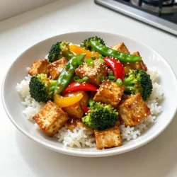 To make a Teriyaki Tofu Stir Fry, gather these ingredients: - 14 oz firm tofu, pressed and cubed - 2 tablespoons cornstarch - 2 tablespoons vegetable oil - 1 bell pepper (red or yellow), sliced - 1 cup broccoli florets - 1 cup snap peas - 3 green onions, sliced - 2 garlic cloves, minced - 1 tablespoon fresh ginger, grated - 1/4 cup low-sodium soy sauce - 2 tablespoons pure maple syrup - 1 tablespoon rice vinegar - 1 teaspoon sesame oil - 1 tablespoon sesame seeds (for garnish) - Cooked rice or noodles (for serving) You can swap some ingredients for different flavors or dietary needs: - Use extra-firm tofu for a firmer texture. - Replace vegetable oil with olive oil or coconut oil. - Try different veggies like carrots, mushrooms, or zucchini. - Use tamari instead of soy sauce for a gluten-free option. - Maple syrup can be switched with agave syrup or honey. Having the right tools makes cooking easier: - A sharp knife for slicing veggies. - A cutting board for safe chopping. - A large skillet or wok for stir-frying. - A spatula for flipping tofu and mixing veggies. - Measuring spoons for precise ingredient amounts. - A small bowl for mixing the sauce. {{ingredient_image_1}} Start by pressing the tofu. This step is key to making it crispy. Wrap the tofu in a clean kitchen towel. Then place a weight on top. Let it sit for about 15-20 minutes. This process removes extra moisture. After pressing, cut the tofu into small cubes. Toss these cubes in cornstarch. This coating helps achieve a golden color when cooked. Heat vegetable oil in a large skillet or wok. Set the heat to medium-high. Once the oil is hot, add the tofu cubes. Cook them until they turn crispy and golden, about 5-7 minutes. Remember to flip them often for even browning. Once done, take the tofu out and set it aside. This step gives your dish texture and flavor. In the same skillet, add your sliced bell pepper, broccoli florets, and snap peas. Toss in sliced green onions, minced garlic, and grated ginger. Stir-fry these vegetables for about 3-4 minutes. You want them to look vibrant and be just tender. This quick cooking keeps their crunch and nutrients intact. In a small bowl, whisk together soy sauce, maple syrup, rice vinegar, and sesame oil. Pour this sauce over the cooked vegetables. Mix well to coat everything. Then, add the crispy tofu back into the skillet. Toss everything together, ensuring itβs coated in sauce. Let it cook for 2-3 more minutes. Once heated through, remove from heat and sprinkle with sesame seeds. Your stir-fry is now ready to serve! Pressing tofu helps remove water. Water can make it soggy. Wrap the tofu in a clean towel. Place a heavy object on top. A cast iron skillet works well. Let it sit for 15-20 minutes. This makes the tofu firmer and better for cooking. Tofu needs a light coating to get crispy. Toss the pressed cubes in cornstarch. This helps form a nice crust. Make sure each piece is coated evenly. Cook the tofu in hot oil. A large skillet or wok is best. Keep the heat at medium-high. Flip the tofu for even browning. Cook until golden, about 5-7 minutes. Use fresh, vibrant vegetables for a great stir fry. Bell peppers add sweetness and color. Broccoli gives a nice crunch. Snap peas bring a fresh taste. Green onions add a mild onion flavor. Garlic and ginger enhance the dish's aroma. These veggies cook quickly and look great on the plate. Pro Tips Press Tofu Thoroughly: Ensure you press the tofu long enough to remove excess moisture, which helps it absorb flavors and achieve a crispy texture when cooked. Use High Heat: Cooking the tofu and vegetables over medium-high heat allows for better caramelization and enhances the overall flavor of the stir fry. Customize Your Veggies: Feel free to add or substitute any vegetables you have on hand, such as carrots, zucchini, or bok choy, for a personalized touch. Serve with Fresh Herbs: Garnish the stir fry with fresh cilantro or basil for an extra layer of flavor and freshness to the dish. {{image_2}} You can change up the protein in this stir fry. Instead of tofu, you can use tempeh or seitan. Both options add great texture and flavor. If you eat meat, try chicken or shrimp. Cook them the same way as tofu for a tasty meal. To make this dish gluten-free, swap low-sodium soy sauce for tamari. Tamari is a gluten-free soy sauce that tastes awesome. Check the labels of other ingredients too, like rice vinegar, to ensure they are gluten-free. This way, everyone can enjoy the stir fry! Want to boost the flavor? Add a splash of sriracha for heat. You can also mix in different spices like five-spice powder for a unique taste. Fresh herbs like cilantro or basil can brighten the dish. Experiment with what you love for a personal touch! After enjoying your teriyaki tofu stir fry, you may have some leftovers. Store them in an airtight container. Make sure to let the stir fry cool down first. This helps keep the flavors fresh and prevents sogginess. Place the container in the fridge. Your leftovers will stay good for 3 to 4 days. When you're ready to eat your leftovers, you can reheat them easily. Use a microwave-safe dish if you prefer the microwave. Heat for about 1-2 minutes, stirring halfway. You can also reheat in a skillet on medium heat. Add a splash of water or soy sauce to keep it moist. Heat until everything is warm and steamy. If you want to save your stir fry for later, freezing is a great option. First, let the stir fry cool completely. Then, transfer it to a freezer-safe bag or container. Squeeze out any air before sealing. Your teriyaki tofu stir fry will last in the freezer for up to 3 months. When youβre ready to enjoy it, thaw in the fridge overnight before reheating. To make teriyaki sauce, mix these ingredients in a bowl: - 1/4 cup low-sodium soy sauce - 2 tablespoons pure maple syrup - 1 tablespoon rice vinegar - 1 teaspoon sesame oil Whisk them well. This sauce adds great flavor to your stir fry. You can adjust sweetness or saltiness by changing the maple syrup or soy sauce. Yes, you can use different types of tofu. Firm tofu works best in this recipe. Silken tofu may not hold up well when stir-fried. You can try extra-firm tofu for more texture. Just remember to press it to remove moisture. You can serve this stir fry over cooked rice or noodles. Both options pair well with the flavors. Add some extra green onions or sesame seeds on top for a nice touch. You can also add a side salad for freshness. The stir fry lasts for about 3-4 days in the fridge. Store it in an airtight container. To reheat, use a skillet or microwave. This way, you can enjoy the tasty meal again! In this post, we covered essential ingredients, step-by-step instructions, and useful tips for making teriyaki tofu stir fry. I shared ways to press tofu, achieve crispiness, and select the best veggies. You can also explore variations like gluten-free options and protein add-ins. Don't forget about storage info for your leftovers. Now you have a simple guide to create a delicious meal. Enjoy cooking and experimenting with flavors!