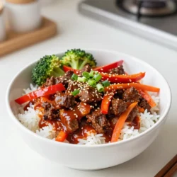 - 1 lb ground beef (80/20) - 3 tablespoons soy sauce - 2 tablespoons brown sugar - 1 tablespoon gochujang (Korean chili paste) - 1 teaspoon sesame oil - 3 cloves garlic, minced - 1 cup broccoli florets - 1 red bell pepper, sliced - 2 green onions, chopped (for garnish) Gather these ingredients before starting. The ground beef gives the dish a rich taste. Soy sauce adds umami, while brown sugar balances the heat. Gochujang brings the spice, and sesame oil adds a nutty flavor. Garlic boosts the overall taste, making every bite delightful. For veggies, broccoli and bell pepper add color and nutrition. The green onions finish the dish with a fresh crunch. You can mix and match depending on what you like. Enjoy the process of cooking and feel free to add your own twist! {{ingredient_image_1}} First, heat a large skillet over medium heat. Add 1 pound of ground beef. Cook it until it is browned, which takes about 5 to 7 minutes. Stir it well to break up any big chunks. After that, drain any extra fat from the skillet. This keeps your dish from being too greasy. Now, reduce the heat to low. In the skillet, stir in 3 tablespoons of soy sauce, 2 tablespoons of brown sugar, and 1 tablespoon of gochujang. Add 1 teaspoon of sesame oil, 3 minced garlic cloves, and 1 tablespoon of grated fresh ginger. Mix everything well. Let this simmer for about 3 to 4 minutes. The sauce will thicken and coat the beef nicely. In another pan, steam 1 cup of broccoli florets for about 3 minutes. You want them bright green and tender but still crisp. If you prefer, you can add the veggies to the beef mixture to cook through. Next, slice up 1 red bell pepper and julienne 1 carrot. Add these to the beef mixture. Sauté for another 3 to 5 minutes until the veggies are soft. This makes your dish colorful and crunchy. Using fresh ingredients is key to great taste. Fresh beef, crisp vegetables, and ripe spices bring life to your bowl. For the best flavor, choose high-quality ground beef. The fat content (80/20) gives it a nice texture. Don’t skip on the gochujang. This Korean chili paste adds depth and spice. You can adjust the spice level by adding more or less gochujang. Start small and taste as you go. You can always add more, but it's hard to fix if you add too much! For browning beef, use a hot skillet. This helps create a nice crust that adds flavor. Break the meat into small pieces as it cooks. This way, it cooks evenly. After browning, drain excess fat to keep your dish from being greasy. When steaming veggies, make sure not to overcook them. Bright green broccoli should be tender yet crisp. Steam for about 3 minutes. If you prefer, add the veggies to the beef mixture and let them cook together. This way, they soak up all the tasty flavors. To make your bowls appealing, use deep dishes. Start with a base of jasmine rice. Then, layer the beef and vegetables on top. This creates a nice visual contrast. Drizzle some extra gochujang on top for color and a bit more heat. For garnish, sprinkle chopped green onions and sesame seeds. This not only adds flavor but also makes your dish look fancy. Serve with a side of kimchi for an authentic touch. It adds crunch and zing to your meal! Pro Tips Use Fresh Ingredients: Fresh garlic and ginger elevate the dish's flavor profile significantly, so opt for fresh rather than pre-packaged versions. Control the Spice Level: Adjust the amount of gochujang according to your spice tolerance. Start with less and add more to taste. Meal Prep Friendly: This dish stores well in the refrigerator for up to 3 days, making it perfect for meal prepping for the week. Customize Your Veggies: Feel free to swap in any of your favorite vegetables, such as snap peas or zucchini, for a personalized touch. {{image_2}} You can switch the ground beef for chicken, tofu, or pork. Chicken gives a lighter taste. Tofu is great for a vegan option. Firm tofu holds its shape well in the dish. Pork adds a nice richness. For vegan options, try using chickpeas or lentils. Both provide protein and soak up flavors well. When you use these, you still get a hearty meal without meat. Feel free to mix in other veggies like snap peas or mushrooms. Snap peas add a nice crunch, while mushrooms bring a rich, umami flavor. You can also use zucchini or bell peppers in different colors. For seasonal veggies, consider asparagus in spring or squash in fall. These choices keep your bowls fresh and exciting. Adjust the spice level to fit your taste. If you want it milder, cut back on the gochujang. You can add more brown sugar for balance. For a spicier bowl, increase the gochujang or add chili flakes. You can also enhance flavors with toppings. Kimchi adds heat and tang. A drizzle of sesame oil gives a nutty finish. You might also try a sprinkle of crushed peanuts for extra crunch. To store your spicy Korean beef bowls, first let them cool down. Place the leftovers in an airtight container. This helps keep them fresh. You can store them in the fridge for up to three days. After that, the beef and veggies may lose their taste and texture. If you want to keep the beef bowls longer, freezing is a great option. First, let the beef mixture cool. Then, scoop portions into freezer-safe containers. Be sure to leave some space at the top, as the food expands when frozen. You can freeze the beef bowls for up to three months. To reheat, thaw them in the fridge overnight. Then, warm them in a skillet over low heat. Stir often to heat evenly. These spicy Korean beef bowls are perfect for meal prep. You can make a big batch on the weekend. Portion them into individual containers. This makes it easy to grab a meal during busy weeknights. Just heat and enjoy! You can also store cooked rice separately. This helps keep the rice fresh and fluffy until you're ready to eat. To boost the heat, add more gochujang. Start with an extra half tablespoon. You can also mix in some red pepper flakes. If you like it very hot, add sliced fresh chili peppers. Just remember to taste as you go. This way, you can find the perfect spice level for your taste. Yes, brown rice is a great choice. It gives a nutty flavor and more fiber. However, brown rice takes longer to cook. Prepare it according to the package directions. Typically, it needs about 40-50 minutes to cook. Make sure to adjust your timing if you use brown rice. These bowls pair well with many sides. Try kimchi for a spicy crunch. You can also serve pickled vegetables for a tangy taste. A simple side salad with cucumbers and sesame dressing works too. If you want more carbs, serve some steamed dumplings on the side. This blog post covered the key ingredients and steps for making Spicy Korean Beef Bowls. We explored essential seasonings, the perfect protein, and flavorful veggies. You can adapt the dish with simple swaps or adjust the spice to suit your taste. Remember, fresh ingredients make a big difference. Enjoy experimenting and impressing your friends with this tasty meal! Your kitchen can become a hub of delicious flavors and fun. Happy cooking!