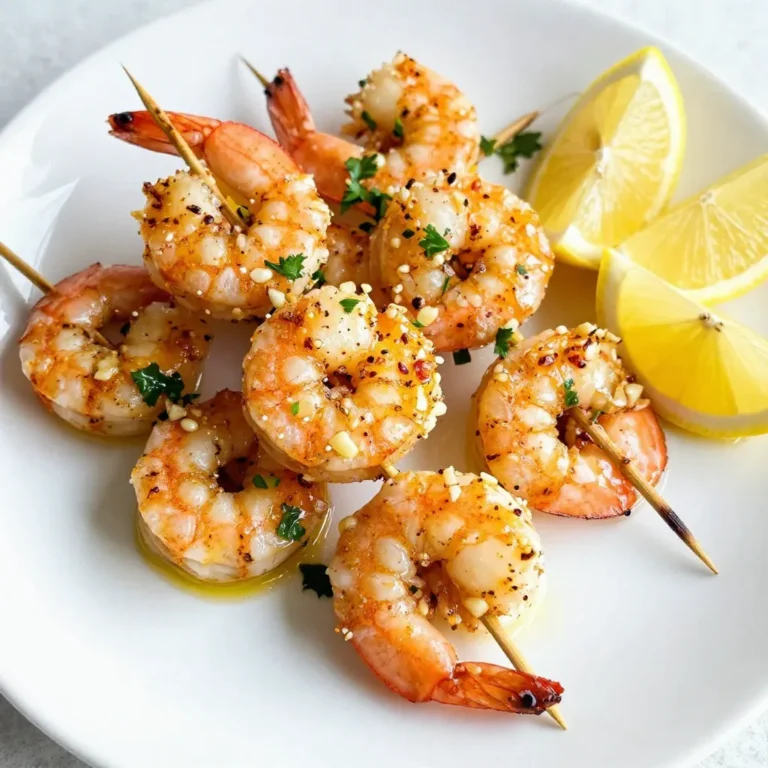 - 1 pound large shrimp, peeled and deveined - 3 cloves garlic, minced - 1/4 cup fresh lemon juice - Zest of 1 lemon - 1/4 cup olive oil For this dish, I always start with large shrimp. They grill well and stay juicy. You will need three cloves of garlic. Mince them finely for the best flavor. Fresh lemon juice is key, so squeeze it right before you use it. Don’t forget the lemon zest; it adds a bright taste. Finally, use good-quality olive oil to help the marinade stick. - 1 teaspoon paprika - 1/2 teaspoon red pepper flakes (adjust to taste) - Salt and pepper to taste Seasonings make this dish shine. Paprika gives color and a mild flavor. If you like heat, add red pepper flakes. Always adjust the amount to match your taste. Don’t skip salt and pepper; they help bring out all the flavors. - Fresh parsley, chopped (for garnish) - Lemon wedges (for serving) Garnish is more than just a pretty finish. Chopped fresh parsley adds a pop of color and freshness. Serve lemon wedges on the side. They give an extra burst of flavor when squeezed over the shrimp. This combination makes the dish look and taste amazing. {{ingredient_image_1}} To start, gather your ingredients. You need minced garlic, fresh lemon juice, lemon zest, olive oil, paprika, and red pepper flakes. In a medium bowl, whisk them together until fully mixed. This blend gives the shrimp a great taste. For more flavor, let the marinade sit for a few minutes. It helps the spices blend well. Once your marinade is ready, add the shrimp to the bowl. Make sure each shrimp gets coated well. This step is key to great flavor. Let the shrimp marinate in the fridge for at least 30 minutes, but you can go up to 2 hours if you want a stronger taste. The longer they sit, the better they soak up those tasty flavors. Before grilling, preheat your grill to medium-high heat. If you use wooden skewers, soak them in water for at least 30 minutes. This will prevent them from burning. Next, carefully thread the marinated shrimp onto the skewers. If using metal skewers, there’s no need for soaking. Place the skewers on the grill. Cook for about 2-3 minutes on each side. Look for the shrimp to turn pink and opaque. Be careful not to overcook them; they can become rubbery. After grilling, let the skewers rest for a minute. Enjoy your delicious Lemon Garlic Grilled Shrimp! To ensure you cook shrimp perfectly, watch for color and texture. The shrimp should turn pink and opaque when done. They should curl into a C shape, not an O. This shape means they are cooked just right. Overcooking makes them rubbery, so be careful. You can customize the spice levels in this recipe. If you prefer more heat, add more red pepper flakes. For a milder flavor, cut back on them. You can also mix in other seasonings, like cumin or coriander. Fresh herbs can add a nice taste too, such as chopped parsley or cilantro. Marinating shrimp for at least 30 minutes helps enhance the flavor. If you marinate for longer, up to 2 hours, the shrimp will soak in more taste. You can also swap olive oil for other oils, like avocado or sesame oil, for a different flavor twist. Pro Tips Marinate for Flavor: The longer you marinate the shrimp, the more flavorful they become. Aim for at least 30 minutes, but 2 hours will give you a deeper flavor profile. Perfectly Cooked Shrimp: Shrimp cook quickly; watch them closely. Remove them from the grill as soon as they turn pink and opaque to avoid a rubbery texture. Use Fresh Ingredients: Fresh garlic and lemon juice enhance the overall taste of the dish. Whenever possible, opt for fresh over bottled for the best flavor. Serve with a Twist: Pair the grilled shrimp with a refreshing salad or serve over rice for a complete meal. A touch of extra lemon juice just before serving can elevate the dish! {{image_2}} You can easily swap shrimp for other seafood. Try scallops or fish like salmon. Both work great with the lemon garlic flavor. If you prefer land-based options, chicken is a fantastic choice. Cut chicken breasts into bite-sized pieces and follow the same marinating steps. For a vegetarian twist, use firm vegetables like zucchini or bell peppers. Just cut them into chunks and marinate as you would the shrimp. Mixing herbs can change the taste of your dish. Add fresh cilantro or basil for a new twist. These herbs bring a bright flavor that complements the lemon well. You can also play with other citrus fruits. Lime or orange juice can add a unique touch to your marinade. Each one brings its own zest and freshness, making every bite exciting. Grilling is not the only way to cook your shrimp. Baking or broiling can also yield delicious results. Preheat your oven to 400°F and place the shrimp on a baking tray. They need about 8-10 minutes to cook through. If you prefer stovetop grilling, use a grill pan. Heat it over medium-high heat and cook the shrimp for about 2-3 minutes on each side. This method gives you a nice char without the outdoor grill. To keep your grilled shrimp fresh, place them in an airtight container. This helps prevent them from drying out or absorbing other smells. You can store them in the fridge for up to three days. Keep in mind that shrimp lose some flavor and texture over time. When it comes to reheating, you have a few options. You can use a microwave, but be cautious. Heat the shrimp in short bursts to avoid overcooking. If you prefer, you can also reheat them on the stovetop. Use low heat and add a splash of olive oil to keep them moist. This method helps maintain their flavor and texture. If you want to save shrimp for later, freezing is a great option. Place the shrimp in a single layer on a baking sheet. Freeze them for about an hour. Then, transfer them to a freezer bag. Make sure to squeeze out excess air to prevent freezer burn. They can last up to three months in the freezer. To thaw, simply place the frozen shrimp in the fridge overnight. If you're in a hurry, you can run them under cold water for a few minutes. This method helps keep them juicy and ready for reheating. You should marinate shrimp for at least 30 minutes. This time gives the shrimp a good flavor boost. If you have more time, let them sit for up to 2 hours. Longer marination enhances the taste and makes them more tender. Just remember, don’t over-marinate. If you do, the acid from the lemon juice can make the shrimp mushy. Yes, you can make this dish in advance. To do this, marinate the shrimp as normal. After marinating, you can store them in the fridge for up to 2 hours. If you want to prepare them even earlier, you can freeze the marinated shrimp. Just make sure to thaw them in the fridge before grilling for best results. This way, you save time on busy days. Lemon Garlic Grilled Shrimp works well with many dishes. Here are some great sides to consider: - A fresh green salad - Grilled veggies like zucchini or bell peppers - Rice or quinoa for a filling meal - Garlic bread to soak up extra sauce - A light white wine to enhance the meal These pairings will balance the zesty flavor of the shrimp and make your meal shine! In this blog post, we explored how to make delicious Lemon Garlic Grilled Shrimp. We covered essential ingredients like shrimp, garlic, and lemon juice. I shared step-by-step instructions, tips for perfectly cooked shrimp, and suggested variations. Remember, marinating enhances flavor, and you can experiment with different proteins and spices. Keep leftovers safe and know how to reheat them right. Enjoy this tasty dish with great sides. Happy cooking!