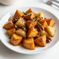 Here are the ingredients you need for Maple Roasted Apple Sweet Potatoes: - 3 medium sweet potatoes, peeled and cubed - 2 large apples (such as Honeycrisp or Granny Smith), cored and diced - 1/4 cup pure maple syrup - 2 tablespoons olive oil - 1 teaspoon ground cinnamon - 1/2 teaspoon ground nutmeg - Salt and pepper to taste - 1/4 cup chopped pecans (optional, for added crunch) - Fresh thyme leaves, for garnish These ingredients work together to create a rich, sweet, and savory dish. Sweet potatoes give a creamy texture and a natural sweetness. Apples add a crisp bite and a fruity flavor. Maple syrup amplifies the sweetness while providing a lovely glaze. Cinnamon and nutmeg bring warmth and depth. Olive oil helps everything roast well, ensuring that the sweet potatoes and apples become tender. Feel free to skip the pecans if you prefer a softer dish. They add a nice crunch, but the dish is delicious even without them. Fresh thyme adds a touch of earthiness, making the dish feel fresh and bright. {{ingredient_image_1}} - Preheat the oven to 400°F (200°C). - Cube three medium sweet potatoes and dice two large apples. Start by getting your oven hot. This helps cook the sweet potatoes and apples evenly. While the oven heats, prepare your main ingredients. Peel and cube the sweet potatoes into bite-sized pieces. Then, take your apples, core them, and dice them up. I love using Honeycrisp or Granny Smith apples for their crisp texture and sweet-tart flavor. - Mix sweet potatoes and apples in a bowl. - Drizzle with maple syrup and olive oil. In a large mixing bowl, combine the cubed sweet potatoes and diced apples. This mix creates a great flavor combo. Next, drizzle 1/4 cup of pure maple syrup and 2 tablespoons of olive oil over the sweet potato and apple mixture. The maple syrup adds a sweet touch, while the olive oil helps everything roast nicely. - Season with cinnamon, nutmeg, salt, and pepper. - Spread mixture on a baking sheet. - Bake for 25-30 minutes, stirring halfway through. Now, sprinkle in 1 teaspoon of ground cinnamon, 1/2 teaspoon of nutmeg, and add salt and pepper to taste. Toss everything together until all the pieces are coated. Then, spread the mixture on a large baking sheet in a single layer. This step is key for even cooking. Bake in your preheated oven for 25-30 minutes. Remember to stir halfway through to ensure even roasting. This will give you fork-tender sweet potatoes and caramelized apples, which are simply delicious! To get fork-tender sweet potatoes, cut them into small cubes. This helps them cook faster. Aim for about one-inch pieces for even cooking. Check them with a fork after 25 minutes. If they are soft enough, they are done. Stirring halfway through roasting is key. This ensures even cooking and caramelization. When you stir, it helps the sweet potatoes and apples get golden brown all over. Don't skip this step! For extra taste, consider adding chopped pecans. They add a nice crunch that contrasts with the soft sweet potatoes. You can add them during the last 10 minutes of baking. This way, they toast but don’t burn. Fresh thyme leaves can elevate the dish. Add them after roasting for a burst of flavor. Thyme pairs well with both sweet potatoes and apples. Just sprinkle a few leaves on top before serving. It adds freshness and a lovely aroma. Pro Tips Choose the Right Apples: Opt for apples that hold their shape during cooking, like Honeycrisp or Granny Smith, for a perfect balance of sweetness and tartness. Cut Uniformly: Ensure the sweet potatoes and apples are cut into similar-sized pieces for even roasting and consistent texture. Enhance Flavor Depth: Adding a dash of vanilla extract or a squeeze of lemon juice can elevate the flavors and add complexity to the dish. Storage Tips: If you have leftovers, store them in an airtight container in the fridge for up to 3 days, making them great for meal prep! {{image_2}} You can change up the apples you use. Honeycrisp apples add sweetness. Granny Smith apples bring a nice tartness. You can also try Fuji or Gala apples for different flavors. Each apple will change the dish's taste. If you want to switch the sweet potatoes, use other root veggies. Carrots or parsnips work well. Both bring a sweet flavor that pairs nicely with apples. You can also try butternut squash for a richer taste. Just be sure to cut them into similar sizes for even cooking. Want to spice things up? Add ginger for warmth. A pinch of cayenne gives a kick. Both spices can create a nice balance with the sweet maple syrup. They help wake up the flavors in this dish. Dried fruits can also boost sweetness. Try adding raisins or cranberries. They soak up the maple syrup's sweetness and create a chewy texture. Mix them in before baking for a tasty surprise in each bite. To store leftover Maple Roasted Apple Sweet Potatoes, place them in an airtight container. This keeps them fresh. Make sure to let them cool first. Store the container in the fridge for up to three days. When you are ready to eat, just take out what you need. For long-term storage, you can freeze these sweet potatoes. First, let them cool completely. Then, spread them in a single layer on a baking sheet. Freeze for about two hours until firm. After that, transfer them to a freezer-safe bag or container. They will last for up to three months in the freezer. When you want to enjoy them again, reheat in the oven at 350°F (175°C). Bake until heated through, about 20-25 minutes. Can I make this recipe vegan? Yes, you can make this dish vegan. Just ensure you use pure maple syrup. The rest of the ingredients, like sweet potatoes and apples, are already plant-based. Olive oil is also vegan-friendly. What can I serve with Maple Roasted Apple Sweet Potatoes? These sweet potatoes pair well with many dishes. Try serving them with roasted chicken, grilled pork, or a fresh green salad. They also make a tasty side for a holiday feast! Can I use brown sugar instead of maple syrup? You can use brown sugar, but it will change the flavor. Maple syrup adds a nice depth that brown sugar cannot match. If you choose brown sugar, mix it with a splash of water to mimic the syrup's texture. What other nuts can I use instead of pecans? If you don't have pecans, walnuts or almonds work great too. Both add a nice crunch. Just chop them roughly before adding. This recipe for Maple Roasted Apple Sweet Potatoes combines sweet potatoes and apples for a tasty dish. You learned how to prepare and bake these ingredients, along with tips to ensure a perfect roast. Variations and storage tips make this recipe adaptable for any meal. Enjoy the flavors and textures while impressing your family and friends with this simple yet delicious dish. Cooking can be fun and easy!