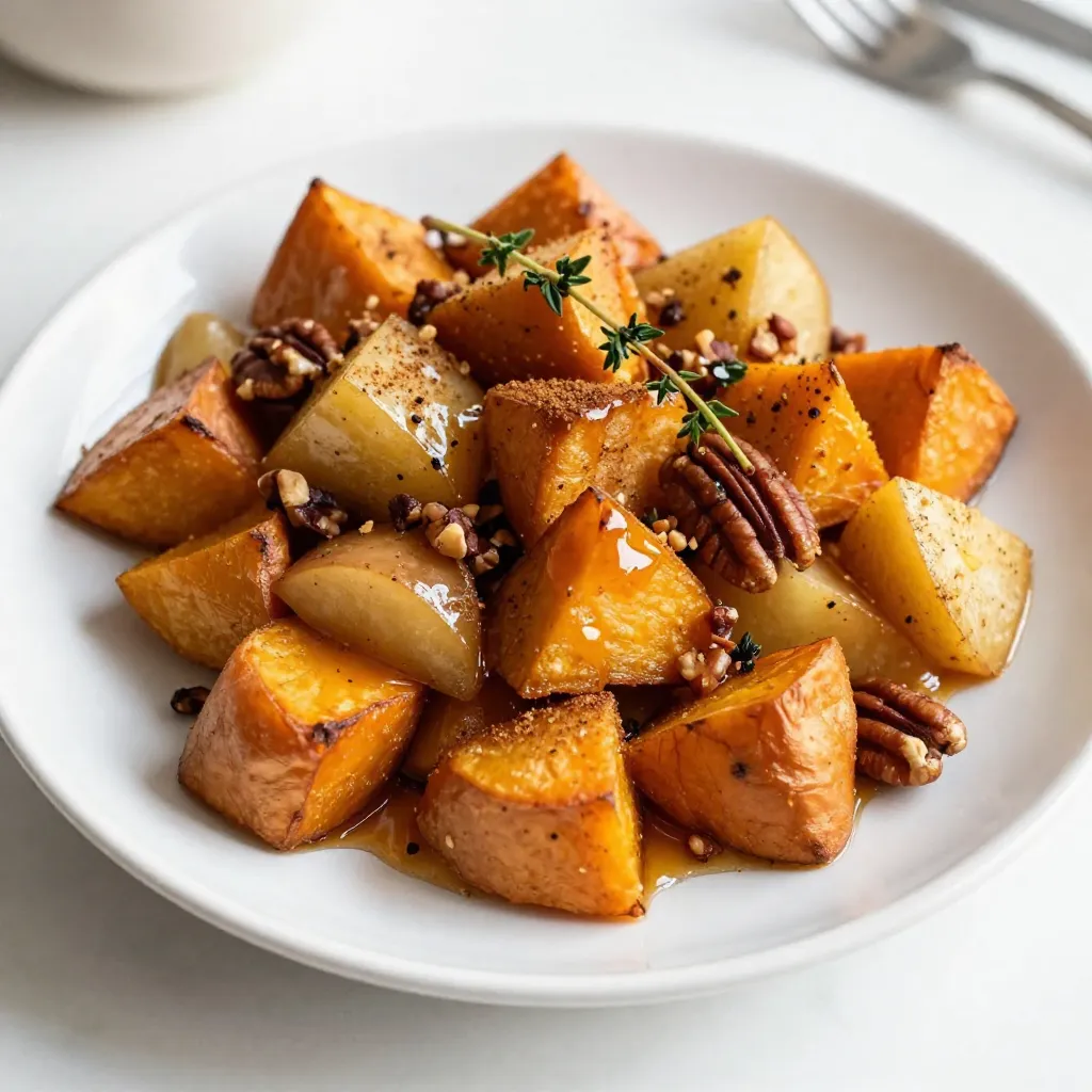 Here are the ingredients you need for Maple Roasted Apple Sweet Potatoes: - 3 medium sweet potatoes, peeled and cubed - 2 large apples (such as Honeycrisp or Granny Smith), cored and diced - 1/4 cup pure maple syrup - 2 tablespoons olive oil - 1 teaspoon ground cinnamon - 1/2 teaspoon ground nutmeg - Salt and pepper to taste - 1/4 cup chopped pecans (optional, for added crunch) - Fresh thyme leaves, for garnish These ingredients work together to create a rich, sweet, and savory dish. Sweet potatoes give a creamy texture and a natural sweetness. Apples add a crisp bite and a fruity flavor. Maple syrup amplifies the sweetness while providing a lovely glaze. Cinnamon and nutmeg bring warmth and depth. Olive oil helps everything roast well, ensuring that the sweet potatoes and apples become tender. Feel free to skip the pecans if you prefer a softer dish. They add a nice crunch, but the dish is delicious even without them. Fresh thyme adds a touch of earthiness, making the dish feel fresh and bright. {{ingredient_image_1}} - Preheat the oven to 400°F (200°C). - Cube three medium sweet potatoes and dice two large apples. Start by getting your oven hot. This helps cook the sweet potatoes and apples evenly. While the oven heats, prepare your main ingredients. Peel and cube the sweet potatoes into bite-sized pieces. Then, take your apples, core them, and dice them up. I love using Honeycrisp or Granny Smith apples for their crisp texture and sweet-tart flavor. - Mix sweet potatoes and apples in a bowl. - Drizzle with maple syrup and olive oil. In a large mixing bowl, combine the cubed sweet potatoes and diced apples. This mix creates a great flavor combo. Next, drizzle 1/4 cup of pure maple syrup and 2 tablespoons of olive oil over the sweet potato and apple mixture. The maple syrup adds a sweet touch, while the olive oil helps everything roast nicely. - Season with cinnamon, nutmeg, salt, and pepper. - Spread mixture on a baking sheet. - Bake for 25-30 minutes, stirring halfway through. Now, sprinkle in 1 teaspoon of ground cinnamon, 1/2 teaspoon of nutmeg, and add salt and pepper to taste. Toss everything together until all the pieces are coated. Then, spread the mixture on a large baking sheet in a single layer. This step is key for even cooking. Bake in your preheated oven for 25-30 minutes. Remember to stir halfway through to ensure even roasting. This will give you fork-tender sweet potatoes and caramelized apples, which are simply delicious! To get fork-tender sweet potatoes, cut them into small cubes. This helps them cook faster. Aim for about one-inch pieces for even cooking. Check them with a fork after 25 minutes. If they are soft enough, they are done. Stirring halfway through roasting is key. This ensures even cooking and caramelization. When you stir, it helps the sweet potatoes and apples get golden brown all over. Don't skip this step! For extra taste, consider adding chopped pecans. They add a nice crunch that contrasts with the soft sweet potatoes. You can add them during the last 10 minutes of baking. This way, they toast but don’t burn. Fresh thyme leaves can elevate the dish. Add them after roasting for a burst of flavor. Thyme pairs well with both sweet potatoes and apples. Just sprinkle a few leaves on top before serving. It adds freshness and a lovely aroma. Pro Tips Choose the Right Apples: Opt for apples that hold their shape during cooking, like Honeycrisp or Granny Smith, for a perfect balance of sweetness and tartness. Cut Uniformly: Ensure the sweet potatoes and apples are cut into similar-sized pieces for even roasting and consistent texture. Enhance Flavor Depth: Adding a dash of vanilla extract or a squeeze of lemon juice can elevate the flavors and add complexity to the dish. Storage Tips: If you have leftovers, store them in an airtight container in the fridge for up to 3 days, making them great for meal prep! {{image_2}} You can change up the apples you use. Honeycrisp apples add sweetness. Granny Smith apples bring a nice tartness. You can also try Fuji or Gala apples for different flavors. Each apple will change the dish's taste. If you want to switch the sweet potatoes, use other root veggies. Carrots or parsnips work well. Both bring a sweet flavor that pairs nicely with apples. You can also try butternut squash for a richer taste. Just be sure to cut them into similar sizes for even cooking. Want to spice things up? Add ginger for warmth. A pinch of cayenne gives a kick. Both spices can create a nice balance with the sweet maple syrup. They help wake up the flavors in this dish. Dried fruits can also boost sweetness. Try adding raisins or cranberries. They soak up the maple syrup's sweetness and create a chewy texture. Mix them in before baking for a tasty surprise in each bite. To store leftover Maple Roasted Apple Sweet Potatoes, place them in an airtight container. This keeps them fresh. Make sure to let them cool first. Store the container in the fridge for up to three days. When you are ready to eat, just take out what you need. For long-term storage, you can freeze these sweet potatoes. First, let them cool completely. Then, spread them in a single layer on a baking sheet. Freeze for about two hours until firm. After that, transfer them to a freezer-safe bag or container. They will last for up to three months in the freezer. When you want to enjoy them again, reheat in the oven at 350°F (175°C). Bake until heated through, about 20-25 minutes. Can I make this recipe vegan? Yes, you can make this dish vegan. Just ensure you use pure maple syrup. The rest of the ingredients, like sweet potatoes and apples, are already plant-based. Olive oil is also vegan-friendly. What can I serve with Maple Roasted Apple Sweet Potatoes? These sweet potatoes pair well with many dishes. Try serving them with roasted chicken, grilled pork, or a fresh green salad. They also make a tasty side for a holiday feast! Can I use brown sugar instead of maple syrup? You can use brown sugar, but it will change the flavor. Maple syrup adds a nice depth that brown sugar cannot match. If you choose brown sugar, mix it with a splash of water to mimic the syrup's texture. What other nuts can I use instead of pecans? If you don't have pecans, walnuts or almonds work great too. Both add a nice crunch. Just chop them roughly before adding. This recipe for Maple Roasted Apple Sweet Potatoes combines sweet potatoes and apples for a tasty dish. You learned how to prepare and bake these ingredients, along with tips to ensure a perfect roast. Variations and storage tips make this recipe adaptable for any meal. Enjoy the flavors and textures while impressing your family and friends with this simple yet delicious dish. Cooking can be fun and easy!