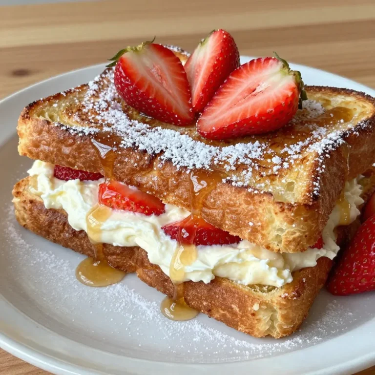 - 8 slices of thick-cut bread (challah or brioche) - 8 oz cream cheese, softened - 1 cup fresh strawberries, hulled and sliced - 1/4 cup powdered sugar - 1 tsp vanilla extract - 4 large eggs - 1/2 cup milk - 1 tsp cinnamon - 1/2 tsp salt - 2 tbsp butter (for cooking) - Maple syrup (for serving) - Extra strawberries and powdered sugar (for garnish) To make Strawberry Cream Cheese Stuffed French Toast, you need a few key items. Start with your bread. I love using thick-cut challah or brioche. These options give the toast a soft and rich taste. The cream cheese is the star here. It needs to be softened for easy mixing. Next, fresh strawberries are a must. You’ll need to hull and slice them. They add a sweet and juicy bite that pairs so well with the cream cheese. For sweetness, powdered sugar is great. It blends nicely into the cream cheese. Also, don’t forget the vanilla extract for flavor. You’ll also need eggs for the custard base. Milk makes it creamy, and cinnamon adds warmth. A pinch of salt enhances all the flavors. Finally, butter is used for cooking the French toast in the skillet. Serve it with maple syrup, extra strawberries, and a dusting of powdered sugar for a beautiful finish. {{ingredient_image_1}} To start, gather your mixing bowl. Add 8 oz of softened cream cheese. Next, toss in 1 cup of sliced strawberries. Then, sprinkle in 1/4 cup of powdered sugar. Finally, pour in 1 tsp of vanilla extract. Mix these well until you achieve a smooth and creamy texture. This will be the delicious filling for your French toast. Now, take 4 slices of thick-cut bread. I like using challah or brioche for this. Spread a generous amount of the cream cheese mixture on each slice. Then, top each with another slice of bread. Press down gently to help the filling stick. You now have your stuffed sandwiches ready for cooking. In another bowl, whisk together 4 large eggs, 1/2 cup of milk, 1 tsp of cinnamon, and 1/2 tsp of salt. Make sure it is well blended. Next, heat a large skillet over medium heat. Add 2 tbsp of butter and let it melt, coating the skillet. Now, dip each sandwich into the egg mixture. Ensure both sides are well-coated. Place the sandwiches in the skillet. Cook for about 3-4 minutes on each side. You want them golden brown and cooked through. Once done, remove the French toast from the skillet. Let them rest for a minute. Cut them in half diagonally. Serve warm with maple syrup, extra strawberries, and a dusting of powdered sugar. Enjoy your delightful treat! When you pick bread for your French toast, think about two things: thickness and flavor. Thick-cut bread works best. It holds the filling well and soaks up the egg mix. I like using challah or brioche. Both add a rich taste and soft texture. You can also try sourdough for a tangy twist. Just make sure it is fresh. Stale bread can turn mushy and lose its charm. To get a fluffy and creamy filling, you need to blend the cream cheese well. Start with softened cream cheese. Mix in sliced strawberries and powdered sugar. This gives you a smooth texture. Add a bit of vanilla for extra flavor. When you cook the toast, dip each sandwich in the egg mix. Let it soak for a few seconds. This will help the bread absorb the mix and stay soft inside. Serve your stuffed French toast warm for the best taste. Drizzle maple syrup over the top. You can also add more fresh strawberries for a nice touch. Dust with powdered sugar for a pretty finish. If you want something extra, try whipped cream or yogurt. These toppings add a fun twist and make your dish feel special. Enjoy your lovely breakfast! Pro Tips Choose the Right Bread: For the best texture and flavor, opt for thick-cut bread like challah or brioche, which holds up well to the creamy filling and egg mixture. Make Ahead: Prepare the cream cheese filling in advance and store it in the refrigerator. You can assemble the sandwiches the night before and cook them in the morning for a quicker breakfast. Perfect Cooking Temperature: Keep the skillet at medium heat to ensure the French toast cooks evenly and doesn't burn. Adjust the heat as necessary to maintain the perfect golden color. Serving Suggestions: Elevate your presentation by garnishing with fresh strawberries and a dusting of powdered sugar, along with a generous drizzle of maple syrup for added sweetness. {{image_2}} You can swap strawberries for other fruits. Try bananas, blueberries, or raspberries. Each fruit adds its own flavor. For a tropical twist, use mango or pineapple. These fruits pair well with cream cheese and add sweetness. Add spices or extracts to boost flavor. A pinch of nutmeg gives warmth. You can also try a dash of almond extract for a nutty taste. Cinnamon is a classic choice and works great too. Mixing in a bit of cocoa powder creates a chocolatey delight. If you want gluten-free options, use gluten-free bread. Many brands offer delicious choices. For a dairy-free version, try using nut cream cheese or tofu. You can also use almond or coconut milk in the egg mixture. These swaps keep the flavor while meeting dietary needs. To store leftovers, let the French toast cool first. Place it in an airtight container. You can keep it in the fridge for up to three days. If you have extra cream cheese filling, store that in a separate container. This helps keep flavors fresh. When you’re ready to eat, reheat the French toast in the oven. Preheat your oven to 350°F (175°C). Place the French toast on a baking sheet. Heat it for about 10-15 minutes. This keeps it warm and crispy. You can also use a skillet. Heat the skillet over medium-low heat. Cook each piece for about 2-3 minutes per side. Enjoy it warm with syrup and fresh strawberries! Yes, you can prepare the stuffed French toast ahead. Make the cream cheese mixture and spread it on the bread. Then, assemble the sandwiches but do not cook them. Place the sandwiches in the fridge. You can keep them for up to a day. When you're ready to eat, simply dip them in the egg mixture and cook as usual. This saves time and makes breakfast easy. If you need a cream cheese substitute, try mascarpone or ricotta cheese. Both create a creamy filling that tastes great. You can also use Greek yogurt for a lighter option. Just remember that the flavor and texture may change slightly. These alternatives still pair well with the strawberries. To make this French toast gluten-free, choose gluten-free bread. There are many tasty options available now. You can also use gluten-free flour for the egg mixture if you want to thicken it. Just ensure all ingredients are certified gluten-free, especially the powdered sugar and vanilla extract. Enjoy this delicious meal worry-free! Now you know how to make delicious Strawberry Cream Cheese Stuffed French Toast. We covered ingredient choices, preparation steps, and even tips for variations. Remember to choose good bread and ensure the filling is creamy. Don’t forget your favorite toppings to add more flavor. This recipe is flexible and can fit different diets. I hope you enjoy making this dish and sharing it with others. Happy cooking!
