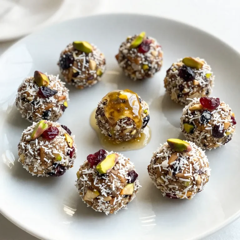 To make Cranberry Pistachio Energy Bites, gather these simple ingredients: - 1 cup pitted Medjool dates - 1/2 cup rolled oats - 1/2 cup unsalted pistachios, shelled - 1/2 cup dried cranberries - 2 tablespoons chia seeds - 1 tablespoon honey or maple syrup - 1/2 teaspoon vanilla extract - A pinch of sea salt - Optional: shredded coconut for rolling These ingredients come together to create a tasty and healthy snack. Medjool dates add natural sweetness. They also provide fiber and energy. Rolled oats help with texture and keep you full. Pistachios add crunch and healthy fats. Dried cranberries give a sweet and tart flavor. Chia seeds are great for extra protein and omega-3s. Honey or maple syrup acts as a natural sweetener. The sea salt balances the sweetness. If you want a fun twist, consider using shredded coconut. It adds a nice texture and flavor. Gather these ingredients, and you're on your way to making delicious and nutritious energy bites! {{ingredient_image_1}} - Processing the Medjool dates Start by placing your pitted Medjool dates in a food processor. Blend them until they turn into a sticky paste. This paste acts as a natural sweetener and a binding agent. - Combining ingredients in the food processor Next, add in rolled oats, shelled pistachios, dried cranberries, chia seeds, honey, vanilla extract, and a pinch of sea salt. Pulse the mixture until it all comes together. It should be slightly chunky yet hold together well. If the mix seems dry, add a teaspoon of water, then pulse again. - Shaping the mixture into energy bites Once your mixture is ready, scoop out tablespoon-sized portions. Use your hands to roll these portions into tight balls. This step is crucial for the right bite size. - Refrigerating the energy bites Place the energy bites on a parchment-lined plate or in an airtight container. Refrigerate them for at least 30 minutes. This helps them firm up and makes them easier to handle. - Presentation tips for serving For a lovely presentation, arrange the energy bites on a wooden board or a decorative plate. You can garnish with whole pistachios and cranberries for a colorful touch. Enjoy these bites as a healthy snack or a post-workout treat! Cranberry Pistachio Energy Bites are not just tasty; they are good for you too. Each serving has around 100 calories. This makes them a smart choice for a snack. They pack in about 3 grams of protein, 2 grams of fiber, and healthy fats from pistachios. These bites help keep you full and energized. Benefits of Medjool dates and their natural sweetness Medjool dates are sweet and sticky. They add natural sweetness to the energy bites. They provide quick energy, thanks to their high natural sugar content. Plus, they are full of vitamins and minerals. Nutritional value of pistachios and cranberries Pistachios are rich in healthy fats, protein, and fiber. They help support heart health. Dried cranberries add a burst of flavor and are high in antioxidants. They help your body fight off harmful free radicals. Advantages of chia seeds in energy bites Chia seeds are small but mighty. They are full of omega-3 fatty acids, fiber, and protein. When you add chia seeds to your bites, you boost the nutritional value. Chia seeds also help bind the mixture together, making them perfect for snacks. Pro Tips Chill for Better Texture: Let the energy bites chill in the refrigerator for at least 30 minutes to help them firm up and achieve the perfect chewy texture. Mix and Match Ingredients: Feel free to customize your energy bites by swapping out the nuts or dried fruits based on your preference or what you have on hand. Keep Them Fresh: Store your energy bites in an airtight container in the refrigerator for up to a week, or freeze them for longer shelf life. Boost the Nutrition: Add in a scoop of protein powder or a tablespoon of nut butter for an extra nutritional boost, perfect for post-workout recovery. {{image_2}} - Over-processing the mixture: When you blend the ingredients, stop before it turns too smooth. You want some chunks for texture. If you blend too long, your bites may become gooey instead of firm. - Not allowing enough chill time: After shaping the bites, chill them for at least 30 minutes. This helps them firm up and hold their shape. If you skip this step, they'll be too soft and fall apart. - Adding spices or extracts: You can spice up your energy bites easily. Try adding a pinch of cinnamon or a dash of almond extract. These small changes can give your bites a new twist. - Experimenting with coating options: Rolling your energy bites in shredded coconut adds flavor and texture. You could also try cocoa powder or crushed nuts. Each option brings its own taste, so have fun with it! You can easily adjust this recipe to fit your needs. If you want a vegan option, use maple syrup instead of honey. Maple syrup adds a nice sweetness and keeps the bites plant-based. If you have nut allergies, don't worry! You can swap pistachios for seeds like sunflower or pumpkin seeds. These seeds offer a similar crunch and are safe for nut-free diets. You can also get creative with flavors in your energy bites. Try adding other dried fruits like apricots or raisins. Each fruit brings its own taste and adds more nutrients. If you're looking for a superfood boost, consider mixing in cacao nibs or a scoop of protein powder. Cacao nibs add a rich chocolate flavor, while protein powder can help fuel your day. These fun twists keep your snacks exciting and healthy! Can I freeze Cranberry Pistachio Energy Bites? Yes, you can freeze these energy bites. Place them in an airtight container. They can last up to three months in the freezer. Just thaw them overnight in the fridge when you want to eat them. How long do these energy bites last in the fridge? These energy bites stay fresh in the fridge for about one week. Keep them in an airtight container to maintain their flavor and texture. What can I substitute for pistachios? If you can’t find pistachios, try almonds, walnuts, or sunflower seeds. Each option brings a different taste and texture to the energy bites. What kitchen tools do I need? You will need a food processor, measuring cups, and a mixing bowl. A spatula helps to scrape the sides of the bowl. Can I make these energy bites without a food processor? Yes, you can! Chop the dates and nuts by hand. Then mix all the ingredients in a bowl, adding a splash of water if needed. Are there any other ways to enjoy energy bites? Absolutely! You can add them to your breakfast, use them as a quick snack, or take them to the gym. They also make great gifts, packed in a nice jar. Making these Cranberry Pistachio Energy Bites is easy and fun. You learned how to blend simple, healthy ingredients into tasty snacks. The key steps involved processing, shaping, and chilling the bites for the best flavor. Remember, these bites pack a nutritional punch while being good for you. Mix in your favorite flavors to make them unique. With a few tips, you can avoid common mistakes. Try out the variations to keep things exciting. Enjoy your tasty, healthy snacks!