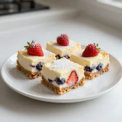 To make these tasty Triple Berry Cheesecake Bars, gather these ingredients: - 1 ½ cups graham cracker crumbs - ½ cup unsalted butter, melted - 2 tablespoons sugar - 1 (8 oz) package cream cheese, softened - 1 cup powdered sugar - 1 teaspoon vanilla extract - 2 large eggs - 1 cup mixed berries (strawberries, blueberries, raspberries) - ½ cup sour cream - Zest of 1 lemon Using fresh ingredients makes a big difference. Choose ripe berries for the best flavor. A good quality cream cheese gives a creamy texture. If you need gluten-free options, use gluten-free graham crackers. They work just as well in the crust. For a dairy-free version, try using a dairy-free cream cheese. There are good brands available that taste great. You need a few tools to make these bars: - A 9x9 inch baking pan - Parchment paper for easy removal - Mixing bowls - Electric mixer for the cream cheese For storage, use a freezer-safe container. This keeps the bars fresh for longer. Enjoy your baking! {{ingredient_image_1}} To make the crust, start by mixing the graham cracker crumbs, melted butter, and sugar in a bowl. Stir until everything blends well. It should look like wet sand, which means it’s perfect. Now, press this mixture firmly into the bottom of your lined baking pan. Pressing firmly is key; it helps the crust hold its shape when you cut the bars later. Bake the crust in your preheated oven at 350°F for 10 minutes. Once done, let it cool slightly. In another bowl, take the softened cream cheese and beat it with an electric mixer. Mix until it is smooth and creamy. Next, add the powdered sugar and vanilla extract. Mix until everything is well combined. When you add the eggs, do it one at a time. Mix just enough after each egg to blend it in. Be careful not to overmix; this keeps your cheesecake smooth. Then, gently fold in the sour cream, lemon zest, and most of the mixed berries. Save a few berries for the top. Pour the cheesecake mixture over your cooled crust. Use a spatula to smooth the top. Place it in the oven and bake for 25 to 30 minutes. You want the edges set, but the center should still jiggle a bit. When it’s done, take it out and let it cool at room temperature. After that, refrigerate it for at least 3 hours, or overnight if you can wait. This helps the bars firm up. When you’re ready to serve, lift the bars out using the parchment paper. Cut them into squares and top with the reserved berries for a lovely touch. Enjoy your tasty treat! Chilling the bars is key for a great texture. After baking, let the bars cool at room temperature. Then, refrigerate them for at least three hours, or overnight. This helps the flavors meld and the bars set up nicely. To avoid cracks on the cheesecake surface, mix the batter gently. Overmixing can add air, which leads to cracks as it bakes. Always fold in the berries carefully to keep the mixture smooth. Presentation matters! Plate the bars on a nice dessert platter. Garnish them with fresh berries and a dusting of powdered sugar. This adds a pop of color and makes the dish inviting. For drinks, pair these bars with a light tea or sparkling water. A fruity beverage complements the berry flavors well. Consider a refreshing lemonade or even a sweet white wine for a special touch. When preparing the crust, do not skip the pressing step. Press the graham cracker mixture firmly into the pan. A loose crust can crumble when you cut the bars. Be careful not to overbake the cheesecake. Bake until the edges are set, but the center should still jiggle slightly. This keeps the bars creamy and smooth. If you bake too long, the texture can become dry. Pro Tips Use Room Temperature Ingredients: Ensure your cream cheese and eggs are at room temperature for a smoother batter and better incorporation. Don’t Overmix: When adding eggs and folding in the berries, mix just until combined to maintain a light texture. Chill for Best Texture: Refrigerating the bars overnight enhances the flavors and sets the cheesecake perfectly. Garnish with Fresh Berries: Top your cheesecake bars with a mix of fresh berries just before serving for a vibrant presentation. {{image_2}} You can mix and match berries in your cheesecake bars. Try using blackberries, cherries, or even peaches for a twist. Each fruit brings its own flavor and color. You can also use frozen berries if fresh ones are not in season. Just make sure to thaw and drain them well to avoid excess moisture. This keeps your bars from getting soggy. Want to take your cheesecake bars up a notch? Add a splash of almond or orange extract for a unique taste. Lemon zest brightens the flavor too. You can also top your bars with whipped cream, chocolate shavings, or even a fruit sauce. This adds both flavor and a pop of color. You can swap sour cream for Greek yogurt. This adds creaminess with less fat. For sweeteners, consider using honey or agave syrup. You can also use less sugar and let the fruit sweeten the bars naturally. These swaps keep the taste while making it healthier. To keep your Triple Berry Cheesecake Bars fresh, use airtight containers. Wrap each bar in plastic wrap for extra protection. This helps avoid freezer burn and keeps flavors intact. In the fridge, these bars stay fresh for up to five days. For longer storage, freeze them. They can last for up to three months in the freezer. To enjoy your cheesecake bars after storage, first, take them out of the fridge or freezer. If frozen, let them thaw in the fridge overnight. This keeps the texture smooth. If you want to warm them slightly, use the microwave. Heat in short bursts of ten seconds. This warms them without making them too soft. To tell if your cheesecake bars have gone bad, check for an off smell or change in color. If you see mold or unusual spots, discard them right away. Always store your cheesecake bars in a clean container. This helps prevent spoilage and keeps your treats safe to eat. You can make these bars a day in advance. Start with the crust. Prepare it and bake it as directed. After it cools, mix the cheesecake filling. Pour it over the crust and bake. Allow the bars to cool completely. Then, cover them tightly with plastic wrap. Store them in the fridge. This way, the flavors will blend well overnight. Yes, you can freeze these bars. Once they cool completely, cut them into squares. Wrap each square in plastic wrap. Place the wrapped bars in a freezer-safe bag or container. They will stay fresh for up to three months. To enjoy, thaw them in the fridge overnight. This keeps the texture nice and creamy. You can mix and match fruits with ease. Consider using peaches, cherries, or blackberries. Sliced bananas can also work well. Just make sure to keep the same amount of fruit. You can even try a mix of fruits for a fun twist. Each fruit adds a unique flavor to your bars. This blog post covered how to make delicious Triple Berry Cheesecake Bars from start to finish. We explored key ingredients and their quality, plus helpful substitutions for dietary needs. You learned about the best baking tools and the steps for creating the perfect crust and filling. Remember, chilling your bars is vital for a great texture and presentation. Avoiding common mistakes will keep your cheesecake creamy. With these tips in mind, you can impress friends and family with your baking skills. Enjoy the process and get creative with flavors!
