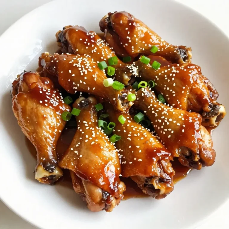 You need 10 chicken drumsticks for this recipe. Drumsticks are juicy and full of flavor. They cook well and absorb the marinade nicely. The marinade gives the drumsticks their sweet and savory taste. Here’s what you need: - 1/4 cup soy sauce - 1/4 cup honey - 1 tablespoon rice vinegar - 4 cloves garlic, minced - 1 teaspoon fresh ginger, grated - 1 teaspoon sesame oil - 1/2 teaspoon black pepper - 1/2 teaspoon red pepper flakes (optional) Mix these ingredients together. The soy sauce adds saltiness, while honey brings sweetness. Rice vinegar gives a little tang. Minced garlic and ginger add depth, and sesame oil gives a nutty note. Black pepper adds warmth, and red pepper flakes add heat if you like spice. Garnishes make your dish look and taste better. For this recipe, consider these: - 2 green onions, chopped - Sesame seeds Chopped green onions add color and a fresh taste. Sesame seeds give a nice crunch and a hint of nuttiness. Sprinkle them on right before serving for a lovely finish. {{ingredient_image_1}} To start, grab a mixing bowl. Add 1/4 cup of soy sauce. Next, pour in 1/4 cup of honey. Then, add 1 tablespoon of rice vinegar. Toss in 4 minced garlic cloves and 1 teaspoon of grated ginger. Don’t forget 1 teaspoon of sesame oil. Add 1/2 teaspoon of black pepper and red pepper flakes if you want some heat. Now, whisk all these ingredients until they blend well. This marinade will give your drumsticks a sweet and savory taste. Now, take 10 chicken drumsticks and put them in a large resealable bag or a bowl. Pour the marinade over the drumsticks. Make sure each piece is coated well. Seal the bag or cover the bowl tightly. Place it in the fridge for at least 1 hour. If you can, let them sit overnight. This helps the flavors soak in better and makes the chicken tasty. When you are ready to cook, preheat your oven to 400°F (200°C). Line a baking sheet with aluminum foil for easy cleaning. If you have a wire rack, place it on the baking sheet. Arrange the marinated drumsticks on the rack. Let any extra marinade drip off. Bake them for 30 to 35 minutes. Check if the chicken is cooked and reaches 165°F (75°C). For a nice finish, broil for 2-3 minutes at the end. Watch closely to avoid burning. After they are done, let them rest for a few minutes. Enjoy the smell before you garnish and serve! To start, mix the soy sauce, honey, rice vinegar, minced garlic, grated ginger, and sesame oil in a bowl. This blend gives your chicken a sweet and savory taste. Don't forget to add black pepper and red pepper flakes if you like some heat. Whisk it all together until smooth. The longer you marinate, the better the flavor. I suggest marinating for at least one hour, but overnight works best. One mistake many make is not sealing the bag well. If the bag leaks, the marinade will spill. Also, avoid overcrowding the drumsticks on the baking sheet. This can cause steaming, not roasting. Always give them space to cook evenly. Lastly, remember to check the internal temperature. It should reach 165°F (75°C) for safe eating. Broiling can add a nice crisp to your drumsticks. After baking, set your oven to broil for the last 2-3 minutes of cooking. Watch closely, as they can burn quickly. This step caramelizes the marinade, creating a tasty glaze. If you have a wire rack, use it. This allows heat to circulate around the chicken for even crispiness. Pro Tips Marinate Longer for More Flavor: For the best results, marinate the drumsticks overnight. This allows the flavors to penetrate the meat, making it more tender and flavorful. Use a Wire Rack: Placing the drumsticks on a wire rack while baking helps circulate heat evenly, resulting in crispy skin all around. Check Internal Temperature: Always use a meat thermometer to ensure the chicken reaches an internal temperature of 165°F (75°C) for safe consumption. Experiment with Spices: Feel free to customize the marinade by adding your favorite spices or herbs, such as thyme or paprika, for a unique twist on the classic flavor. {{image_2}} You can change the marinade to fit your taste. Here are some ideas: - Citrus Juice: Swap rice vinegar for orange or lime juice. - Mustard: Add a teaspoon of Dijon mustard for a tangy kick. - Maple Syrup: Use maple syrup instead of honey for a different sweet note. - Spices: Try adding five-spice powder or smoked paprika for depth. You can cook these drumsticks in various ways. Each method brings a unique flavor. - Grilling: Preheat your grill to medium-high heat. Cook drumsticks for 20-25 minutes. Turn them often for even cooking. - Air Frying: Preheat your air fryer to 375°F (190°C). Cook the drumsticks for 25-30 minutes. Check for an internal temp of 165°F (75°C). Pair these drumsticks with tasty sides. Here are some great options: - Rice: Serve with white or brown rice to soak up the sauce. - Vegetables: Roasted or steamed broccoli and carrots add color and nutrients. - Salad: A fresh green salad balances the sweet and savory flavors. - Dipping Sauce: Try a spicy garlic sauce for extra flavor. After enjoying your honey soy garlic drumsticks, store leftovers in an airtight container. Keep the drumsticks in the fridge for up to three days. Make sure they cool down before sealing. This helps keep the flavor fresh and prevents sogginess. You can freeze your drumsticks if you have extra. Place them in a freezer bag. Try to remove as much air as possible. Label the bag with the date. They will stay good in the freezer for about three months. When ready to eat, thaw them in the fridge overnight. To reheat, use the oven for the best taste. Preheat the oven to 350°F (175°C). Place the drumsticks on a baking sheet. Cover them with foil to keep them moist. Heat for about 15-20 minutes or until they are warm. For a crispy skin, remove the foil for the last few minutes. Enjoy the same great flavor! Yes, you can use other cuts of chicken. Thighs, wings, or breasts work well. Just adjust the cooking time. Thighs take longer to cook, while wings cook faster. The key is to ensure all chicken reaches 165°F (75°C) for safety. I love using thighs for their rich flavor and juiciness. I recommend marinating the drumsticks for at least 1 hour. For the best flavor, marinate them overnight. This time allows the marinade to soak deep into the meat. It makes the chicken sweet, savory, and full of flavor. If you're in a hurry, even 30 minutes can work, but longer is best! Honey soy garlic drumsticks go well with many sides. Here are some great options: - Steamed rice - Roasted vegetables - Garlic mashed potatoes - Asian-style slaw - Cucumber salad These sides balance the sweet and savory taste of the drumsticks. Try mixing and matching to find your favorite combo! We covered how to make tasty honey soy garlic drumsticks. You learned about the key ingredients for the marinade, step-by-step cooking, and helpful tips. I shared ways to switch up the recipe and store leftovers for later meals. Remember, using the right marinade and cooking method shines through in flavor. Enjoy experimenting with different sides and cooking styles! Your chicken drumsticks can impress anyone at the table.