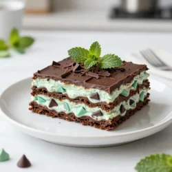 To make No-Bake Mint Chocolate Lasagna, you will need the following ingredients: - 1 package of chocolate graham crackers (about 14-15 crackers) - 1 cup heavy whipping cream - 1 cup powdered sugar - 1 teaspoon pure vanilla extract - 8 oz cream cheese, softened - 1 cup mint chocolate chips - 1/2 cup sour cream - 1 cup whipped topping (like Cool Whip) - 2 tablespoons mint extract - Grated dark chocolate or cacao nibs for garnish - Extra mint leaves for garnish (optional) You can swap some ingredients if needed: - Use regular graham crackers if you can't find chocolate ones. - Greek yogurt can replace sour cream for a tangy twist. - For a lighter option, use low-fat cream cheese. - If you dislike mint, try almond extract or orange zest instead. When picking your ingredients, quality matters. Here are some tips: - Choose fresh mint extract for the best flavor. - Look for high-quality chocolate graham crackers to enhance taste. - Always check the expiration dates on dairy products like cream cheese and sour cream. - Use real whipped cream for a richer texture over store-bought versions. These ingredient choices will set the stage for a tasty and delightful treat! {{ingredient_image_1}} Start by taking a mixing bowl. Pour in the heavy whipping cream. Use a mixer to beat the cream until it forms soft peaks. This means it should hold some shape but still be soft. Next, add the powdered sugar and vanilla extract slowly. Keep whipping until you see stiff peaks. This will make your cream fluffy and light. Once done, set it aside for later use. Grab another bowl and add the softened cream cheese. Beat it until it is nice and smooth. Then, pour in the mint extract and sour cream. Mix this well until it looks even. Now, take the whipped cream you prepped before. Carefully fold it into the cream cheese mixture. Do this gently, so you do not lose the air you whipped into the cream. Finally, fold in the mint chocolate chips. Keep it smooth and fluffy. Now, take a 9x9 inch square dish. Start by laying down some chocolate graham crackers at the bottom. This will be your first layer. Next, spread half of the mint cream cheese mixture over the crackers. Smooth it out evenly with a spatula. Add another layer of graham crackers on top. Repeat the process with the rest of the mint cream cheese mixture. Smooth it out again. Finish with one last layer of chocolate graham crackers. Cover the dish with plastic wrap. Place it in the fridge for at least 4 hours. If you can wait overnight, that’s even better! This helps all the flavors mix and makes it easier to slice. To get perfectly stiff peaks, start with cold heavy whipping cream. Use a clean bowl and beaters. Whip the cream on medium speed until soft peaks form. Then, add powdered sugar and vanilla extract. Keep whipping until you see stiff peaks form. This means the cream holds its shape well. Be careful not to overwhip, as it can turn grainy. When layering your lasagna, work quickly to keep the layers smooth. Start with a layer of chocolate graham crackers at the bottom. Spread half of the cream cheese mixture evenly over the crackers. Make sure it reaches the edges. Then, add another layer of graham crackers. Repeat with the remaining cream cheese mix. Finish with one last layer of crackers on top. This keeps the dessert neat and tidy. If the cream filling is too runny, try whipping the cream longer to get stiffer peaks. If the layers slide apart, ensure the lasagna chills long enough. Ideally, let it sit overnight. For a less sweet taste, reduce the powdered sugar in the cream filling. If you don't have chocolate graham crackers, regular ones work too, but the flavor changes slightly. Pro Tips Use Cold Ingredients: Ensure that your cream cheese and heavy cream are cold for optimal whipping. Cold ingredients whip better, leading to a fluffier filling. Chill Before Serving: Allow the lasagna to chill overnight if possible. This helps the layers set properly, enhancing the flavors and making it easier to slice. Garnish Creatively: For a stunning presentation, use a mix of grated dark chocolate and fresh mint leaves. This not only looks great but also adds extra flavor. Experiment with Flavors: Feel free to swap the mint extract for other flavors like almond or orange for a unique twist on this classic dessert. {{image_2}} You can change the flavor of your mint chocolate lasagna easily. For a rich chocolate mint taste, stick to mint chocolate chips. If you want a fresh peppermint flavor, swap the mint chocolate chips for regular chocolate chips. You can also add a drop more mint extract for a stronger peppermint kick. Just be careful not to overdo it! Want to mix in some fruit? You can layer fresh fruit like raspberries or strawberries. These fruits add a sweet and tart burst. Just thinly slice the fruit and place it between the layers of cream. You can also use banana slices for a creamy texture. This will add color and flavor to your dish. If you need a gluten-free treat, there is a simple fix. Choose gluten-free chocolate graham crackers. They are available in many stores now. This swap keeps the lasagna tasty without gluten. You can enjoy this dessert without any worry. Just make sure to check the label for gluten-free certification! To store leftovers, cover the lasagna tightly with plastic wrap or foil. This keeps it fresh and prevents it from drying out. You can also place it in an airtight container. Make sure to store it in the fridge. You can freeze No-Bake Mint Chocolate Lasagna for later. Slice it into squares and wrap each piece in plastic wrap. Then, place the wrapped pieces in a freezer-safe bag. This way, you can enjoy a treat whenever you want! In the fridge, this dessert stays good for about 3 to 5 days. Its flavors improve over time, so it's best to wait at least a few hours before serving. If you freeze it, it can last up to 2 months. Just remember to thaw it in the fridge before serving. Yes, you can use regular chocolate chips. The taste will differ. The mint flavor adds a special touch. If you prefer classic chocolate, this swap will still work. You should chill the lasagna for at least 4 hours. For best results, let it sit overnight. Chilling helps the layers set and flavors blend well. It also makes cutting easier. Yes, you can double this recipe. Just use a larger dish to hold more layers. Remember to adjust the chilling time if you make a bigger batch. More layers mean more fun! You learned about key ingredients and how to choose them wisely. I shared steps for preparing the cream filling and assembling the lasagna layers. Remember the tips for perfect peaks and how to troubleshoot issues. You can try fun variations for different flavors and textures. Finally, I covered the best ways to store your lasagna and answered common questions. This recipe is fun and flexible. Enjoy creating your own delicious version at home!