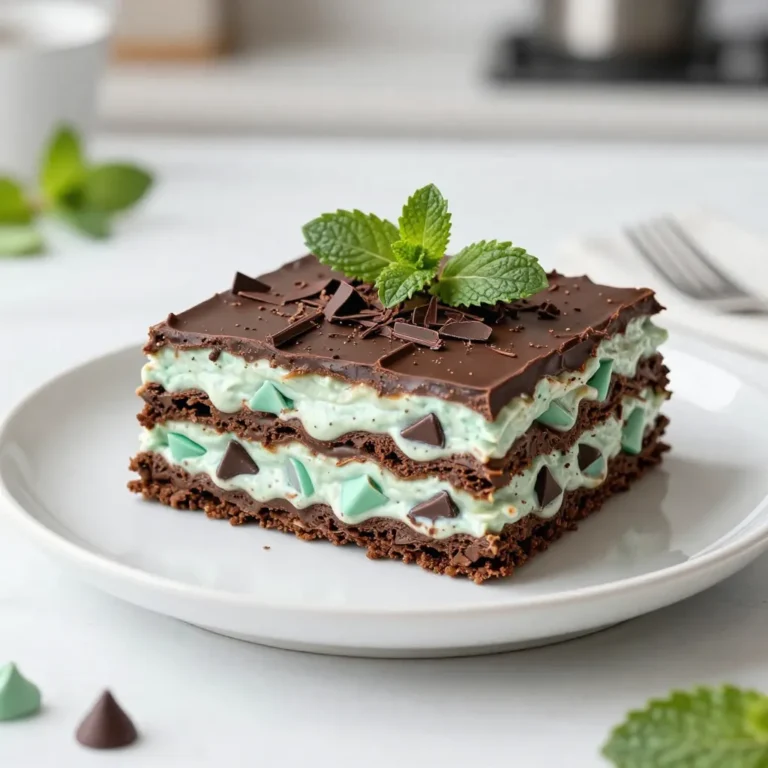 To make No-Bake Mint Chocolate Lasagna, you will need the following ingredients: - 1 package of chocolate graham crackers (about 14-15 crackers) - 1 cup heavy whipping cream - 1 cup powdered sugar - 1 teaspoon pure vanilla extract - 8 oz cream cheese, softened - 1 cup mint chocolate chips - 1/2 cup sour cream - 1 cup whipped topping (like Cool Whip) - 2 tablespoons mint extract - Grated dark chocolate or cacao nibs for garnish - Extra mint leaves for garnish (optional) You can swap some ingredients if needed: - Use regular graham crackers if you can't find chocolate ones. - Greek yogurt can replace sour cream for a tangy twist. - For a lighter option, use low-fat cream cheese. - If you dislike mint, try almond extract or orange zest instead. When picking your ingredients, quality matters. Here are some tips: - Choose fresh mint extract for the best flavor. - Look for high-quality chocolate graham crackers to enhance taste. - Always check the expiration dates on dairy products like cream cheese and sour cream. - Use real whipped cream for a richer texture over store-bought versions. These ingredient choices will set the stage for a tasty and delightful treat! {{ingredient_image_1}} Start by taking a mixing bowl. Pour in the heavy whipping cream. Use a mixer to beat the cream until it forms soft peaks. This means it should hold some shape but still be soft. Next, add the powdered sugar and vanilla extract slowly. Keep whipping until you see stiff peaks. This will make your cream fluffy and light. Once done, set it aside for later use. Grab another bowl and add the softened cream cheese. Beat it until it is nice and smooth. Then, pour in the mint extract and sour cream. Mix this well until it looks even. Now, take the whipped cream you prepped before. Carefully fold it into the cream cheese mixture. Do this gently, so you do not lose the air you whipped into the cream. Finally, fold in the mint chocolate chips. Keep it smooth and fluffy. Now, take a 9x9 inch square dish. Start by laying down some chocolate graham crackers at the bottom. This will be your first layer. Next, spread half of the mint cream cheese mixture over the crackers. Smooth it out evenly with a spatula. Add another layer of graham crackers on top. Repeat the process with the rest of the mint cream cheese mixture. Smooth it out again. Finish with one last layer of chocolate graham crackers. Cover the dish with plastic wrap. Place it in the fridge for at least 4 hours. If you can wait overnight, that’s even better! This helps all the flavors mix and makes it easier to slice. To get perfectly stiff peaks, start with cold heavy whipping cream. Use a clean bowl and beaters. Whip the cream on medium speed until soft peaks form. Then, add powdered sugar and vanilla extract. Keep whipping until you see stiff peaks form. This means the cream holds its shape well. Be careful not to overwhip, as it can turn grainy. When layering your lasagna, work quickly to keep the layers smooth. Start with a layer of chocolate graham crackers at the bottom. Spread half of the cream cheese mixture evenly over the crackers. Make sure it reaches the edges. Then, add another layer of graham crackers. Repeat with the remaining cream cheese mix. Finish with one last layer of crackers on top. This keeps the dessert neat and tidy. If the cream filling is too runny, try whipping the cream longer to get stiffer peaks. If the layers slide apart, ensure the lasagna chills long enough. Ideally, let it sit overnight. For a less sweet taste, reduce the powdered sugar in the cream filling. If you don't have chocolate graham crackers, regular ones work too, but the flavor changes slightly. Pro Tips Use Cold Ingredients: Ensure that your cream cheese and heavy cream are cold for optimal whipping. Cold ingredients whip better, leading to a fluffier filling. Chill Before Serving: Allow the lasagna to chill overnight if possible. This helps the layers set properly, enhancing the flavors and making it easier to slice. Garnish Creatively: For a stunning presentation, use a mix of grated dark chocolate and fresh mint leaves. This not only looks great but also adds extra flavor. Experiment with Flavors: Feel free to swap the mint extract for other flavors like almond or orange for a unique twist on this classic dessert. {{image_2}} You can change the flavor of your mint chocolate lasagna easily. For a rich chocolate mint taste, stick to mint chocolate chips. If you want a fresh peppermint flavor, swap the mint chocolate chips for regular chocolate chips. You can also add a drop more mint extract for a stronger peppermint kick. Just be careful not to overdo it! Want to mix in some fruit? You can layer fresh fruit like raspberries or strawberries. These fruits add a sweet and tart burst. Just thinly slice the fruit and place it between the layers of cream. You can also use banana slices for a creamy texture. This will add color and flavor to your dish. If you need a gluten-free treat, there is a simple fix. Choose gluten-free chocolate graham crackers. They are available in many stores now. This swap keeps the lasagna tasty without gluten. You can enjoy this dessert without any worry. Just make sure to check the label for gluten-free certification! To store leftovers, cover the lasagna tightly with plastic wrap or foil. This keeps it fresh and prevents it from drying out. You can also place it in an airtight container. Make sure to store it in the fridge. You can freeze No-Bake Mint Chocolate Lasagna for later. Slice it into squares and wrap each piece in plastic wrap. Then, place the wrapped pieces in a freezer-safe bag. This way, you can enjoy a treat whenever you want! In the fridge, this dessert stays good for about 3 to 5 days. Its flavors improve over time, so it's best to wait at least a few hours before serving. If you freeze it, it can last up to 2 months. Just remember to thaw it in the fridge before serving. Yes, you can use regular chocolate chips. The taste will differ. The mint flavor adds a special touch. If you prefer classic chocolate, this swap will still work. You should chill the lasagna for at least 4 hours. For best results, let it sit overnight. Chilling helps the layers set and flavors blend well. It also makes cutting easier. Yes, you can double this recipe. Just use a larger dish to hold more layers. Remember to adjust the chilling time if you make a bigger batch. More layers mean more fun! You learned about key ingredients and how to choose them wisely. I shared steps for preparing the cream filling and assembling the lasagna layers. Remember the tips for perfect peaks and how to troubleshoot issues. You can try fun variations for different flavors and textures. Finally, I covered the best ways to store your lasagna and answered common questions. This recipe is fun and flexible. Enjoy creating your own delicious version at home!