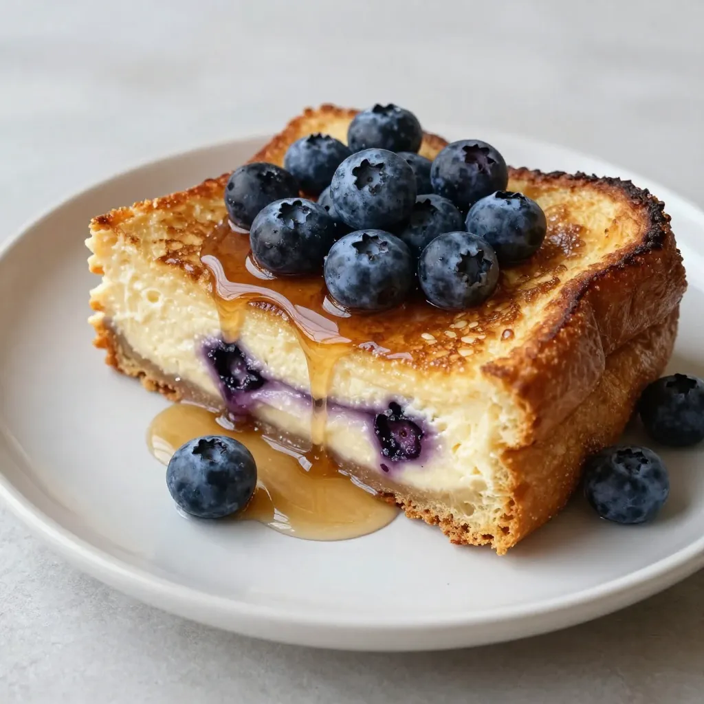 - 6 slices of thick bread (such as brioche or challah) - 1 cup cream cheese, softened - 1/4 cup powdered sugar - 1 teaspoon vanilla extract - 1 cup fresh blueberries (plus extra for garnish) - 2 large eggs - 1/2 cup milk - 1 teaspoon ground cinnamon - 1 tablespoon butter (for frying) - Maple syrup (for serving) 1. Thick bread: Use 6 slices. Brioche or challah work best. 2. Cream cheese: You need 1 cup, and it should be soft. 3. Powdered sugar: Measure out 1/4 cup to sweeten the mix. 4. Vanilla extract: Just 1 teaspoon adds flavor. 5. Fresh blueberries: Use 1 cup for the mix, plus some more for garnish. 6. Large eggs: You need 2 eggs for the batter. 7. Milk: Measure 1/2 cup to make the batter creamy. 8. Ground cinnamon: Use 1 teaspoon for a warm spice touch. 9. Butter: 1 tablespoon is perfect for frying. 10. Maple syrup: Serve it on top for added sweetness. - Bread: You can swap thick bread for gluten-free bread if needed. - Cream cheese: Use mascarpone or a dairy-free cream cheese for a change. - Powdered sugar: You can use maple sugar as a natural sweetener. - Blueberries: If you don't have blueberries, try raspberries or strawberries. - Milk: Non-dairy milk, such as almond or oat milk, works well too. - Butter: Coconut oil can be used for frying instead. - Cinnamon: You can skip it or use nutmeg for a different taste. {{ingredient_image_1}} First, grab a mixing bowl. Add 1 cup of softened cream cheese. Then, mix in 1/4 cup of powdered sugar. Next, pour in 1 teaspoon of vanilla extract. Blend these until smooth. You want a nice, creamy texture. Now, gently fold in 1 cup of fresh blueberries. Be careful not to smash them. You want whole berries for bursts of flavor. Take your thick bread slices. A good choice is brioche or challah. Using a knife, carefully cut a pocket in each slice. Cut through the center but do not cut all the way. You want to keep the bottom intact. This pocket will hold the delicious cream cheese mixture. Spread about 2-3 tablespoons of the blueberry cream cheese mix inside each pocket. Make sure it's filled well but not overflowing. In a separate bowl, whisk together 2 large eggs, 1/2 cup of milk, and 1 teaspoon of ground cinnamon. Mix until it's all combined. Heat a skillet over medium heat and add 1 tablespoon of butter. Let it melt and coat the pan. Now, dip each stuffed slice of bread into the egg mixture. Make sure both sides are well-coated. Place the dipped bread in the skillet. Cook for about 3-4 minutes on each side. Look for a nice golden brown color. Once cooked, remove from the skillet and repeat with the remaining slices. Serve warm, drizzled with maple syrup and extra blueberries on top. Enjoy this sweet treat! To get the best stuffing for your French toast, use a thick bread. Brioche or challah works great. These breads soak up the egg mixture well and stay soft. When mixing the cream cheese, powdered sugar, and vanilla, make sure it’s smooth. This makes your filling creamy. Gently fold in the blueberries. Be careful not to squish them too much. You want whole berries in each bite. Heat your skillet to medium. A hot skillet helps get that nice golden color. Use butter in the pan; it adds flavor and helps with browning. When you dip the bread, make sure both sides are coated but not soggy. Let the excess drip off before cooking. Cook each slice for about 3-4 minutes on each side. Watch for that lovely golden brown color. Serve this dish warm for the best taste. Drizzle maple syrup over the top for sweetness. Add a handful of fresh blueberries on top for a nice touch. You can also sprinkle some powdered sugar for an extra treat. Serve with a side of bacon or sausage for a full breakfast experience. Enjoy your delicious creation! Pro Tips Choose the Right Bread: Using thick slices of brioche or challah not only enhances the flavor but also ensures that the bread holds up to the filling without falling apart. Perfectly Whipped Cream Cheese: Make sure your cream cheese is softened to room temperature for easy blending, resulting in a smooth and creamy filling. Don’t Overcrowd the Pan: Fry the French toast in batches to prevent steaming, ensuring a perfectly crispy exterior on each slice. Add a Touch of Zest: For an extra layer of flavor, consider adding a teaspoon of lemon zest to the cream cheese mixture to complement the blueberries beautifully. {{image_2}} You can switch up the fruit in this recipe. Try strawberries, raspberries, or peaches. Each fruit brings its own taste and texture. For a twist, use a mix of berries. This adds color and flavor. You can also spice things up. Add lemon zest or a dash of nutmeg to the cream cheese. This gives your dish a new depth. If you're gluten-free, choose gluten-free bread. It works just as well for this recipe. For a dairy-free option, use a non-dairy cream cheese. Almond or cashew cream cheese is great. You can also swap the milk for almond or oat milk. These small changes keep the dish tasty. Serve this French toast as a dessert! Top with whipped cream and a sprinkle of cinnamon. You can even layer it with chocolate sauce for a sweet treat. Try adding nuts or granola for crunch. This turns breakfast into a special dessert that everyone will love! To store your Blueberry Cheesecake Stuffed French Toast, let it cool first. Place the slices in an airtight container. You can keep it in the fridge for up to three days. If you want to keep it longer, consider freezing it instead. You can freeze this tasty treat for later. Wrap each slice tightly in plastic wrap. Then, place them in a freezer-safe bag or container. This helps prevent freezer burn. You can freeze them for up to three months. When you're ready to eat, just thaw them in the fridge overnight. Reheating is simple. Preheat your oven to 350°F (175°C). Place the French toast on a baking sheet. Heat for about 10-15 minutes, or until warm. You can also use a microwave for faster results. Heat each slice for about 30 seconds to 1 minute. Just watch it closely so it doesn’t get too hot! Enjoy the warm, gooey goodness again. Yes, you can prepare the cream cheese mixture a day before. Store it in the fridge. You can also cut pockets in the bread ahead of time. Just keep them in an airtight container. When you’re ready to cook, stuff the bread and dip it in the egg mix. This saves time and gives you more room to enjoy breakfast. Thick bread works best for this dish. I recommend using brioche or challah. These breads are soft and soak up the egg mixture well. They also give a nice texture when cooked. You can use other types of bread, but they may not hold up as well. Leftovers will last for about 2-3 days in the fridge. Store them in an airtight container. To reheat, just warm them in a skillet or microwave. This keeps them tasty and soft. If you have extra filling, store that separately too. This blog post covered a simple and tasty French toast recipe. We explored key ingredients, measurements, and substitutions. I shared step-by-step instructions for great results. You learned tips for perfect stuffing and even cooking. You also discovered flavor variations and dietary options. In closing, enjoy experimenting with this recipe. Make it your own and share it with loved ones!