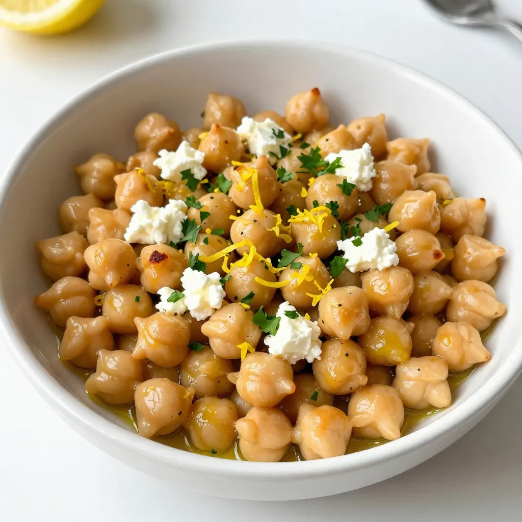 - 2 cans (15 oz each) chickpeas, rinsed and drained - 4 tablespoons olive oil - 4 cloves garlic, minced - Zest of 1 lemon - 1/4 cup fresh lemon juice - 1 teaspoon dried oregano - 1/2 teaspoon cumin - 1/4 cup feta cheese, crumbled (optional) - 2 tablespoons fresh parsley or dill, chopped - Salt and pepper to taste The key to making Lemon Garlic Greek Chickpeas lies in the fresh and simple ingredients you choose. First, chickpeas serve as a hearty base. They pack protein and fiber, making them a filling option for any meal. Olive oil adds richness and depth. It helps the garlic become fragrant when sautéed. Garlic is essential for that bold flavor. The minced garlic will infuse the dish with a warm, savory note. Next, we elevate the flavor with lemon juice and zest. The zest adds a bright, tangy twist. Fresh lemon juice provides a refreshing acidity. Dried oregano and cumin bring warmth and earthiness. Together, they create a delightful Mediterranean profile. Feta cheese is optional, but it adds creaminess and a salty kick. For garnishing, fresh herbs like parsley or dill brighten the dish. Finally, salt and pepper ensure that every bite bursts with flavor. By using these ingredients, you create a dish that is not only tasty but also healthy. Each component plays a vital role in crafting a balanced and vibrant meal. {{ingredient_image_1}} - Start by rinsing and draining two cans of chickpeas. This removes extra salt and improves flavor. - Next, mince four cloves of garlic. The garlic adds a strong, tasty kick. - Prepare one lemon by zesting it and squeezing out a quarter cup of juice. Fresh lemon brightens the dish. - Heat four tablespoons of olive oil in a large skillet over medium heat. This oil will help flavor the chickpeas. - Once the oil is warm, add the minced garlic. Sauté for one to two minutes until it smells great. Be careful not to burn it, as burnt garlic can taste bitter. - Now, stir in the rinsed chickpeas. Cook them for five to seven minutes. This browning adds a nice texture. - Add the lemon zest, lemon juice, one teaspoon of dried oregano, half a teaspoon of cumin, and salt and pepper to taste. Mix well to coat the chickpeas. - Continue cooking for another three to five minutes until everything is hot and the chickpeas are crispy. - If you like, sprinkle crumbled feta cheese on top before serving. - Garnish with fresh parsley or dill for a beautiful finish. To achieve the perfect sauté, heat olive oil in your skillet over medium heat. When the oil shimmers, add the minced garlic. Sauté for 1-2 minutes until it smells great, but don’t let it burn. This will give your dish a lovely flavor. For crispy chickpeas, stir in the rinsed chickpeas after the garlic. Cook them for 5-7 minutes. Let them brown slightly, which adds texture. A little patience here helps achieve that nice crunch. Adjusting seasonings can make a big difference. Taste your dish while cooking. If it needs more zing, add salt or pepper. You can also mix in more lemon juice for a fresh taste. Customizing acidity with lemon is key. The zest adds a fragrant punch, while the juice gives a tangy kick. Feel free to tweak the amounts to match your taste. For ideal pairings, serve these chickpeas with crusty bread or a fresh salad. They make a great side dish or main course. You can even toss them in wraps for a quick meal. For presentation, serve the chickpeas warm in a shallow bowl. Drizzle with a bit more olive oil and sprinkle fresh herbs on top. This makes the dish vibrant and inviting. It’s all about making your food look as good as it tastes! Pro Tips Tip Title: Use Fresh Ingredients: Whenever possible, opt for fresh garlic and herbs to enhance the flavors of the dish. Tip Title: Adjust the Seasoning: Don't hesitate to taste and adjust the seasoning as you cook to achieve your desired flavor balance. Tip Title: Crispy Chickpeas: For extra crispiness, consider broiling the chickpeas for a couple of minutes after cooking. Tip Title: Pairing Suggestions: This dish pairs wonderfully with grilled meats or as a topping for a grain bowl. {{image_2}} You can easily change the chickpeas. Try black beans or lentils. These swaps give new flavors and textures. If you want a vegan dish, skip the feta cheese. This keeps the meal plant-based and delicious. For some heat, add red pepper flakes. They bring a nice kick to the dish. You can also use herbs like thyme or rosemary. These herbs add depth and a fresh taste to your meal. Serve these chickpeas as a salad topping. They add a hearty boost to any salad. You can also use them in wraps or with grains. They pair well with rice or quinoa, making a filling meal. To keep your Lemon Garlic Greek Chickpeas fresh, store them in an airtight container. Make sure they cool down to room temperature before sealing. This helps prevent moisture build-up. They will last in the fridge for about 3 to 5 days. If you want to enjoy them later, be sure to check for any changes in smell or texture before eating. If you want to store your chickpeas for a longer time, freezing is a great option. Place them in a freezer-safe bag or container. Remove as much air as you can to avoid freezer burn. These chickpeas can last up to 3 months in the freezer. When you're ready to eat, thaw them overnight in the fridge or use the microwave on the defrost setting for quicker results. To reheat your chickpeas, use a skillet over medium heat. Add a splash of olive oil to help them regain their crispiness. Stir occasionally to heat evenly. You can also reheat them in the oven at 350°F (175°C) for about 10-15 minutes. This method keeps them crispy and delicious, making them a perfect addition to any meal. If you don't have chickpeas, you can use other beans. Great options include black beans, cannellini beans, or lentils. Each brings a unique taste and texture. For a nutty flavor, try using edamame. Yes, you can prepare this dish ahead of time. Cook the chickpeas and let them cool. Store them in the fridge for up to three days. Reheat before serving for the best flavor. You can also serve them cold as a salad. This recipe is perfect for meal prep. You can easily double the batch. Store the chickpeas in separate containers. They pair well with rice, quinoa, or salad greens. Enjoy them throughout the week for quick meals! This recipe highlights key ingredients like chickpeas, olive oil, and garlic. You learned how to enhance flavors with lemon and spices while keeping it easy and fun. I shared tips for perfect texture and delicious serving ideas. Experiment with variations and enjoy this dish in different ways. Remember, you can adjust the flavors to fit your taste. Storing leftovers correctly keeps your meal fresh and tasty. Try it out, and enjoy making this dish your own!