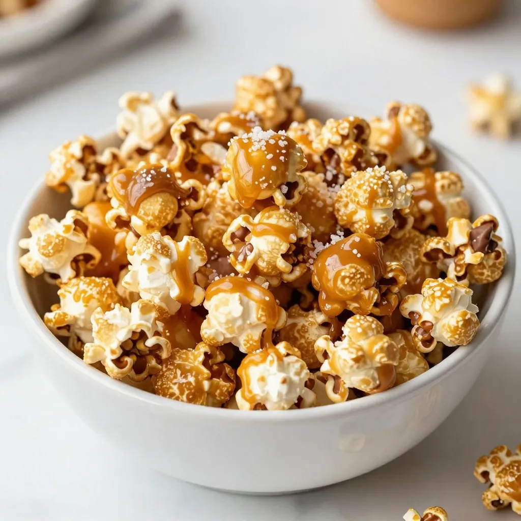 - 1 cup popcorn kernels (popped) - 1 cup granulated sugar - 1/4 cup unsalted butter - 1/4 cup corn syrup - 1/2 teaspoon baking soda - 1/2 teaspoon salt - 1 teaspoon vanilla extract For this recipe, you need fresh popcorn. You can pop it using any method you like. I love the stovetop method, as it gives great flavor. The sugar and butter create a sweet base for the caramel. Corn syrup helps the caramel stay smooth. Salt adds a nice contrast to the sweetness. - 1 cup semisweet chocolate chips Semisweet chocolate chips are my go-to for this treat. They melt well and add a rich flavor. You can also use dark chocolate for a bolder taste. Just melt them carefully in the microwave. Stir them until they are smooth and ready to drizzle. - Sea salt for sprinkling A pinch of sea salt on top makes a big difference. It enhances the flavor of chocolate and caramel. You can also try adding nuts or sprinkles. These options add a fun twist. Feel free to get creative with toppings! {{ingredient_image_1}} First, preheat your oven to 250°F (120°C). Next, pop 1 cup of popcorn kernels using your favorite method. You can use a stovetop, air popper, or microwave. After popping, place the popcorn in a large bowl. Be sure to remove any unpopped kernels. This step helps keep your snack safe and enjoyable. In a medium saucepan, mix together 1 cup of granulated sugar, 1/4 cup of unsalted butter, 1/4 cup of corn syrup, and 1/2 teaspoon of salt. Set the heat to medium and stir the mixture continuously. Wait for it to come to a boil. Once boiling, stop stirring. Let it boil for 4 to 5 minutes until it turns a golden brown color. Carefully remove the saucepan from the heat. Stir in 1/2 teaspoon of baking soda and 1 teaspoon of vanilla extract. Watch out! The mixture will bubble up. Pour the caramel sauce over the popcorn. Gently mix it to coat all the popcorn evenly. Spread the caramel-coated popcorn onto a lined baking sheet with parchment paper. Bake in the preheated oven for 30 minutes. Stir the popcorn every 10 minutes for even coating. Once baked, remove the popcorn and let it cool for about 15 minutes. While it cools, melt 1 cup of semisweet chocolate chips in a microwave-safe bowl. Do this in 30-second intervals, stirring each time until smooth. Drizzle the melted chocolate over the cooled popcorn. Before the chocolate sets, sprinkle a pinch of sea salt for a flavor boost. Let the chocolate harden at room temperature or refrigerate for faster setting. Once set, break the popcorn into pieces and enjoy! To get the right caramel, watch the color closely. Boil the mixture until it turns a rich, golden brown. This step is key for the best flavor. If it is too light, it won’t have that rich taste. If it is too dark, it may taste burnt. Use a candy thermometer if you have one. Aim for 240°F (115°C). Remember to stir non-stop until it starts to boil. Once boiling, stop stirring and let it cook. The bubbling will help form that perfect caramel. For smooth chocolate, use the microwave or a double boiler. If you use the microwave, heat in small bursts of 30 seconds. Stir the chocolate between each burst to prevent burning. Keep a close eye on it. If you see small lumps, keep stirring. They will melt as you mix. If you use a double boiler, fill the bottom pot with water. Heat it gently. Place the chocolate in the top pot and stir until it melts completely. When serving, break the popcorn into pieces for easy eating. You can use a large bowl or individual bags. Add a sprinkle of sea salt on top for a nice touch. This makes it look great and adds flavor. Pair your popcorn with a fun drink, like soda or hot chocolate. For a movie night, set up a popcorn bar with different toppings. Let your guests have fun choosing their favorites! Pro Tips Use Fresh Popcorn Kernels: For the best texture and flavor, use fresh popcorn kernels. Stale kernels may not pop properly, leading to a disappointing result. Temperature Matters: Ensure your caramel reaches a golden brown color for the best flavor. Too light, and it will be too sweet; too dark, and it may taste burnt. Cooling Time: Allow the popcorn to cool completely before breaking it into pieces. This helps the chocolate set properly and keeps the popcorn from becoming soggy. Mixing Techniques: When mixing the caramel with popcorn, use a large spatula and fold gently to avoid crushing the popcorn while ensuring even coverage. {{image_2}} Adding nuts to your chocolate caramel popcorn brings extra flavor and crunch. Try using nuts like pecans, almonds, or walnuts. Just roast them lightly before mixing them in. This step enhances their taste. Use about half a cup of nuts. Make sure to stir them in after you coat the popcorn with caramel. The nuts will add a delightful texture and make this treat even more special. Spices can change the flavor of your chocolate caramel popcorn entirely. Adding a pinch of cinnamon or nutmeg can give it warmth. For a fun kick, try adding cayenne pepper. Start with just a small amount. This will create a sweet and spicy mix that is hard to resist. Mix these spices into the caramel sauce for an even coating. You can also sprinkle some on top after adding chocolate for extra flavor. While semisweet chocolate is a classic choice, feel free to experiment. Dark chocolate can add a rich, robust flavor. Milk chocolate will add sweetness and creaminess. White chocolate offers a smooth, sweet contrast to the caramel. You can even mix different types of chocolate. This will create a beautiful marbled effect. Choose your favorite or mix them all for a unique treat! To keep your chocolate caramel popcorn fresh, store it in an airtight container. Make sure the container is sealed tight. Avoid using plastic wrap, as it does not keep air out well. Store the popcorn in a cool, dry place away from sunlight. This will help it stay crunchy and tasty. If you want to keep your popcorn fresh for longer, avoid squeezing the container. This can crush the popcorn and make it lose its crispness. You can also add a small packet of silica gel to absorb moisture. Just remember to keep it out of reach of kids and pets. For the best taste, enjoy your popcorn within a week. If your popcorn gets a bit soft, you can reheat it. Spread it out on a baking sheet. Set your oven to 250°F (120°C). Heat the popcorn for about 5-10 minutes. This will help restore some crunch. Keep an eye on it to prevent burning. Enjoy your treat warm and fresh! Yes, you can use microwave popcorn. Just make sure it is plain. The caramel sauce will coat it well. Avoid using buttered popcorn; it may alter the flavor. Popping your own kernels allows for a fresher taste. Store leftover popcorn in an airtight container. This keeps it fresh and crunchy. Place it in a cool, dry area. Avoid moisture to prevent sogginess. If stored correctly, it can last for up to a week. Yes, you can make this recipe ahead of time. Prepare it up to two days in advance. Just store it properly in an airtight container. This way, you can enjoy it later without losing flavor or texture. In this blog post, we explored how to make delicious chocolate caramel popcorn. We discussed essential ingredients like popcorn, caramel, and optional toppings. I gave you clear steps for preparation, from making the popcorn to baking it together. Tips helped you perfect your caramel and chocolate techniques. We also looked at fun variations and smart storage tips. Enjoy your homemade treat and get creative with your own flavor twists!