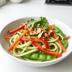 To make a great Spicy Thai Zoodle Salad, you need fresh and vibrant ingredients. Here’s what you will need: - 2 medium zucchinis, spiralized into zoodles - 1 red bell pepper, thinly sliced - 1 cup shredded carrots - 1/2 cup sugar snap peas, halved - 1/4 cup fresh cilantro, chopped - 1/4 cup roasted peanuts, roughly chopped - 2 green onions, sliced - 2 tablespoons sesame oil - 1 tablespoon fresh lime juice - 2 tablespoons soy sauce (or tamari for gluten-free) - 1 tablespoon sriracha (adjust for spice preference) - 1 teaspoon honey or maple syrup (optional, for sweetness) - Salt to taste These ingredients bring a mix of flavors and textures that make this salad stand out. The zoodles replace pasta, making it light and fresh. You can add more to enhance the flavor. Here are some optional ingredients: - Avocado, diced for creaminess - Red chili flakes for extra heat - Cucumber, sliced for crunch - Fresh mint, chopped for a refreshing twist These extras can make your salad even more delicious. Feel free to mix and match based on what you love. If you have dietary needs, there are easy swaps you can make: - Use spiralized carrots or sweet potatoes instead of zucchini for a different base. - Swap soy sauce with coconut aminos for a soy-free option. - Replace peanuts with sunflower seeds or almonds for nut-free diets. - Use agave syrup instead of honey for a vegan choice. These substitutions keep the spirit of the salad while meeting your needs. Enjoy experimenting with different ingredients! {{ingredient_image_1}} To start, I take two medium zucchinis and spiralize them into zoodles. Spiralizing is fun and easy! I use a spiralizer, but a julienne peeler works too. Once I have my zoodles, I place them in a large mixing bowl. This is the base of my salad. Next, I add a sliced red bell pepper, shredded carrots, and halved sugar snap peas. These veggies add color and crunch. I mix them gently with the zoodles, making sure they blend well. This step sets up the salad for a great taste. Now it's time to make the dressing. I grab a small bowl and whisk together 2 tablespoons of sesame oil, 1 tablespoon of fresh lime juice, and 2 tablespoons of soy sauce. For a kick, I add 1 tablespoon of sriracha. If I want a hint of sweetness, I add 1 teaspoon of honey or maple syrup. I mix until it’s well combined and smooth. This dressing gives the salad its spicy flavor. With the zoodles and dressing ready, I pour the dressing over the zoodle mixture. I toss everything gently to coat the veggies evenly. Next, I add 1/4 cup of chopped cilantro, 1/4 cup of roughly chopped roasted peanuts, and 2 sliced green onions. I toss it all lightly again. Finally, I taste my salad and adjust the salt or spice levels if needed. I let the salad rest for 10 minutes. This helps the flavors meld together. Now it’s ready to serve! To make zoodles, use fresh, firm zucchinis. First, wash them well. Cut off both ends. Place the zucchini in a spiralizer and twist. Aim for thin spirals, about the size of spaghetti. This makes them easier to eat. If you don’t have a spiralizer, you can use a vegetable peeler. Just slice long, thin strips. To create a tasty salad, mix flavors well. Start with a good base of zoodles. Add colorful veggies like red bell pepper and carrots for crunch. For a fresh kick, mix in lime juice and soy sauce. Adjust the sriracha to fit your spice level. A bit of honey or maple syrup adds sweetness. Taste as you go to find the right balance. Serve the salad in a large, shallow bowl. This shows off the colors and textures. Top it with chopped peanuts and cilantro for a nice finish. You can chill it before serving to enhance the flavors. This salad is great as a main dish or a side. Enjoy it with grilled chicken or tofu for a full meal. Pro Tips Choose Firm Zucchini: Selecting firm, fresh zucchinis will give you better texture in your zoodles and prevent them from becoming mushy. Adjust Spice Level: Feel free to adjust the amount of sriracha according to your spice preference. Start with less if you're unsure and add more to taste. Let It Rest: Allowing the salad to sit for at least 10 minutes after tossing helps the flavors meld together for a more delicious dish. Substitutions: You can easily customize this salad by adding your favorite veggies or proteins like tofu or grilled chicken for added nutrition. {{image_2}} Want to make your zoodle salad more filling? You can easily add protein. Grilled chicken or shrimp works great. Just cook them first and slice them thin. Tofu is a good choice if you prefer a plant-based option. Simply cube it and pan-fry until golden brown. Add your protein right before serving. It keeps the salad fresh and tasty. This salad is perfect for everyone. If you want a vegetarian version, skip the chicken or shrimp. You can add more veggies instead, like bell peppers or mushrooms. For a vegan option, replace honey with maple syrup. It offers that sweet taste without any animal products. Feel free to mix in beans for extra protein. Black beans or chickpeas add a nice touch. Not everyone loves heat. You can adjust the spice level based on your taste. If you like it mild, use less sriracha or leave it out. Add more lime juice for a zesty kick instead. If you enjoy spice, add more sriracha or include chili flakes. Always taste as you go. This lets you find the perfect balance for your palate. To store leftover Spicy Thai Zoodle Salad, place it in an airtight container. This keeps the salad fresh and tasty. Make sure to eat it within three days for the best flavor. If you notice the zoodles get too watery, drain them slightly before serving. This helps keep the texture nice. Freezing zoodles can change their texture. They may become mushy once thawed. If you want to freeze them, try blanching the zoodles first. Boil them for one minute, then cool them in ice water. Dry them well and place in a freezer bag. Use within one month for the best taste. For the best storage, use glass or BPA-free plastic containers. Look for ones with tight-fitting lids. These containers help keep air out and preserve the salad's crunch. If you have a lot of dressing, store it separately. This prevents the zoodles from getting soggy. Zoodles are noodles made from zucchinis. They are a great low-carb alternative to pasta. To make zoodles, you need a spiralizer. You can also use a julienne peeler if you don't have one. Just take a medium zucchini and spiralize it until you get long strands. You can use about two zucchinis for this salad. It's easy and fun! Yes, you can prepare the salad ahead of time. Just keep the dressing separate until you are ready to eat. This will help the zoodles stay fresh and crunchy. You can mix the salad ingredients and place them in the fridge. When you are ready to serve, add the dressing and toss it all together. It tastes great even after a day or two in the fridge! If you want a milder salad, try using a sweet chili sauce. It adds flavor without too much heat. You can also use a small amount of soy sauce and some honey for sweetness. If you like, add a pinch of crushed red pepper for a hint of spice. Adjust the sauces to find the perfect balance for your taste! In this blog post, we explored how to make a Spicy Thai Zoodle Salad. We discussed key ingredients, preparation steps, and useful tips. You learned about variations, storage, and answers to common questions. Zoodles are a fun way to enjoy a healthy meal. Try different flavors and add your favorite proteins. Keeping the salad fresh is easy with the right storage methods. Enjoy making this dish your own!