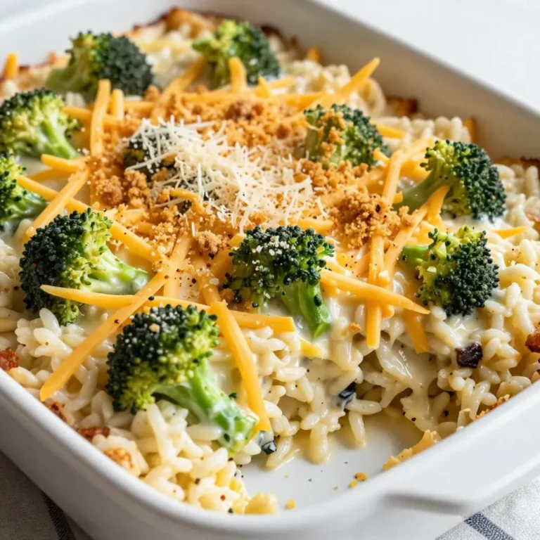 - 1 cup long-grain white rice - 2 cups vegetable broth - 2 cups fresh broccoli florets - 1 cup shredded cheddar cheese - 1 cup cream of mushroom soup - 1/2 cup sour cream - 1/2 teaspoon garlic powder - 1/2 teaspoon onion powder - Salt and pepper to taste - 1/2 cup breadcrumbs - 2 tablespoons olive oil - 1/4 cup grated Parmesan cheese (optional for topping) I love how simple this list is. You need just a few key items to make this dish shine. First, the long-grain white rice is your base. It cooks up fluffy and pairs well with all the flavors. Vegetable broth adds depth and makes the rice taste great. Next, fresh broccoli florets bring color and crunch. I always choose fresh for the best taste. Shredded cheddar cheese is a must. It melts beautifully, giving that gooey, cheesy goodness we all crave. Cream of mushroom soup adds creaminess and umami. If you want, you can make your own or use a good store-bought brand. Sour cream gives a nice tang and richness to the mix. For seasoning, garlic powder and onion powder add great flavor. Don’t forget salt and pepper to taste. Breadcrumbs provide a crunchy topping. I love mixing them with olive oil for extra flavor. Lastly, you can sprinkle grated Parmesan cheese on top if you like. It adds a nice touch. Gather these ingredients, and you are ready to make a delicious Cheesy Broccoli Rice Casserole! {{ingredient_image_1}} 1. Preheating the oven: First, set your oven to 350°F (175°C). This helps the casserole bake evenly. 2. Cooking the rice: In a medium pot, bring 2 cups of vegetable broth to a boil. Add 1 cup of long-grain white rice. Cover it and lower the heat. Let it simmer for 15-20 minutes. The rice should be soft and the broth absorbed. 3. Steaming broccoli: While the rice cooks, steam 2 cups of fresh broccoli florets. Place them in a pot with a little water. Steam for about 3-4 minutes. They should be bright green and tender. Drain and set aside. - In a large bowl, take the cooked rice and steamed broccoli. Add 1 cup of shredded cheddar cheese, 1 cup of cream of mushroom soup, and 1/2 cup of sour cream. Sprinkle in 1/2 teaspoon of garlic powder and 1/2 teaspoon of onion powder. Season with salt and pepper. Mix well until every piece is coated. - Transferring to baking dish: Grease a 9x13 inch baking dish and pour the rice and broccoli mix into it. Spread it out evenly. - Adding breadcrumb topping: In a small bowl, mix 1/2 cup of breadcrumbs with 2 tablespoons of olive oil. Stir until the breadcrumbs are coated. Sprinkle this mixture over the casserole. - Baking time and temperature: Bake in your preheated oven for 25-30 minutes. You want the top to be golden and bubbly. Once done, take it out and let it sit for about 5 minutes before serving. To get the best rice texture, use long-grain white rice. Rinse it well before cooking. This removes extra starch and helps keep the rice fluffy. Cook your rice in vegetable broth for added flavor. Let it simmer until tender, about 15-20 minutes. For steaming broccoli, use a pot with a small amount of water. Steam the florets for about 3-4 minutes. This keeps the bright green color and nutrients. It’s key to avoid overcooking. You want the broccoli tender but still crisp. If you don’t have cream of mushroom soup, you can use cream of chicken soup or make your own. A simple mix of heavy cream and mushrooms works well, too. For cheese, cheddar is classic, but you can try Monterey Jack or Gruyère for a twist. Each cheese gives a unique flavor. Pair this casserole with a fresh salad or some roasted chicken for a complete meal. It fits perfectly for family dinners or potlucks. You can serve it during holidays or cozy nights in. Everyone loves a warm, cheesy dish! Pro Tips Choosing the Right Rice: Long-grain rice works best for this casserole as it remains fluffy and separates easily. Avoid using sticky rice varieties for a better texture. Fresh vs. Frozen Broccoli: While fresh broccoli provides the best flavor and texture, frozen broccoli can be a convenient alternative. Just make sure to thaw and drain it well before adding. Make It Creamy: For an extra creamy texture, consider adding a bit more sour cream or a splash of cream before baking. This enriches the overall flavor. Leftovers Storage: Store any leftovers in an airtight container in the fridge for up to 3 days. Reheat in the oven for the best texture, or in the microwave for a quicker option. {{image_2}} You can add more veggies to the casserole for extra flavor and nutrition. Carrots, peas, or bell peppers work great. Just chop them small so they cook well. You may want to steam these veggies like the broccoli. This keeps them bright and tasty. Mixing in different colors makes the dish fun and appealing. Adding protein can make your casserole heartier. Cooked chicken or crispy bacon are both great choices. If you use chicken, shred it into small pieces before mixing. For bacon, cook it first, then crumble it. Both options will add a savory touch. You could even mix in some cooked sausage for a spicy kick. If you need a vegan option, swap the cheese and cream. Use vegan cheese and coconut cream instead. For a gluten-free version, choose gluten-free breadcrumbs. You can also use brown rice for more fiber. These swaps keep the dish tasty while meeting different diet needs. To keep your Cheesy Broccoli Rice Casserole fresh, store it in the fridge. Use an airtight container to prevent drying. It will stay good for up to three days. When you want to eat it, just reheat in the oven or microwave. If you want to save some for later, freezing works well. Let the casserole cool completely before freezing. Then, place it in a freezer-safe container. You can also wrap it in aluminum foil. It keeps well for up to three months. When you are ready to eat, thaw it overnight in the fridge. Reheat in the oven at 350°F until hot. In the fridge, your casserole lasts about three days. If you freeze it, you can keep it for three months. Just make sure to check for any signs of freezer burn before using. This way, you can enjoy your delicious dish without any worries! How long can I keep leftover Cheesy Broccoli Rice Casserole? You can keep leftover casserole in the fridge for about 3 to 5 days. Store it in an airtight container to keep it fresh. Can I make this casserole ahead of time? Yes, you can prepare the casserole a day before. Just cover it tightly and store it in the fridge. When ready, bake it directly from the fridge. Is it possible to use frozen broccoli instead of fresh? Absolutely! Frozen broccoli works well. Just thaw it and drain excess water before adding it to the mix. What should I do if my rice is overcooked? If your rice is overcooked, try to mash it slightly with a fork. Mix it with the other ingredients. This can help blend flavors and textures. Can I make this recipe in advance and reheat later? Yes, you can. Just bake the casserole, let it cool, and then refrigerate it. Reheat in the oven at 350°F until warmed through. Is this dish suitable for a vegetarian diet? Yes, this casserole is vegetarian. Just ensure your cream of mushroom soup is also vegetarian. What are the nutritional benefits of broccoli in this recipe? Broccoli is high in vitamins C and K. It also provides fiber and helps boost your immune system. It’s a healthy addition to any meal. In this blog post, we covered everything about making Cheesy Broccoli Rice Casserole. We discussed the essential ingredients, step-by-step instructions, and tips for success. You learned about ingredient swaps and serving ideas, making this dish flexible and tasty. We also explored variations, storage options, and answered common questions. This casserole is simple and fun to make, perfect for any meal. Enjoy making it your own!