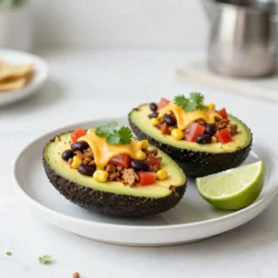 To create taco stuffed avocados, you need simple and fresh ingredients. Here's what you'll need: - 2 ripe avocados, halved and pitted - 1 cup ground turkey or beef (or plant-based alternative) - 1 tablespoon taco seasoning - 1/2 cup black beans, rinsed and drained - 1/2 cup corn (fresh, canned, or frozen) - 1 cup diced tomatoes - 1/4 cup red onion, finely chopped - 1/2 cup shredded cheese (cheddar or Mexican blend) - 1/4 cup fresh cilantro, chopped - Juice of 1 lime - Salt and pepper to taste - Optional toppings: sour cream, sliced jalapeños, additional cilantro These ingredients bring bold flavors and vibrant colors to the dish. Ripe avocados are key for a creamy base. Ground turkey or beef adds protein. Taco seasoning gives it that classic taste. Black beans and corn add texture and nutrition. Diced tomatoes and red onion bring freshness. Shredded cheese melts perfectly on top. Fresh cilantro brightens the dish with its herbal notes. Lime juice adds a tangy kick. Salt and pepper enhance all the flavors. You can mix in optional toppings to customize your avocado. Enjoy creating this tasty treat! {{ingredient_image_1}} To start, you need to brown your ground meat. Heat a skillet over medium heat. Add the ground turkey or beef to the skillet. Cook it for about 5 to 7 minutes. Stir it often until it turns brown and is fully cooked. If there is extra fat in the skillet, drain it carefully. You want the meat to be lean and tasty. Next, sprinkle in the taco seasoning. Add a splash of water to help mix it in. Cook for another 2 to 3 minutes until the aroma fills your kitchen. This step adds a lot of flavor to your meat. While the meat cools, you can prepare the filling. In a mixing bowl, combine the black beans and corn. Make sure to rinse and drain the black beans first. Next, add in the diced tomatoes and finely chopped red onion. These ingredients add great texture and taste. Squeeze in the juice of one lime. This gives the filling a fresh kick. Finally, add salt and pepper to your taste. Mix all the ingredients well to ensure even flavor. Now, it’s time to stuff the avocados. First, take your ripe avocados. Carefully slice each avocado in half and remove the pit. Use a spoon to scoop out a bit of the flesh, making room for your filling. Next, fill each avocado half generously with the taco mixture. Don’t be shy; pack it in! After that, top each stuffed avocado with shredded cheese. You can use cheddar or a Mexican blend for extra flavor. Finish by sprinkling fresh cilantro on top. If you like, add optional toppings like sour cream or sliced jalapeños for some zing. To make taco stuffed avocados shine, start with ripe avocados. A ripe avocado feels slightly soft but not mushy. Look for dark green skin without deep indentations. Hass avocados are the best choice for stuffing. Their creamy texture makes each bite delightful. Avoid mushy fillings by cooking your meat properly. Cook ground turkey or beef until brown, then drain excess fat. This keeps your filling firm. Mix in taco seasoning and a splash of water. This step adds flavor without making the filling too wet. Balancing flavors is key. Use lime juice to brighten the mixture. The acid enhances the taste and keeps it fresh. Make sure to season with salt and pepper. Taste as you go to ensure a perfect mix. Taco stuffed avocados pair well with a fresh salad or rice. A side of tortilla chips adds crunch. For a beautiful dish, arrange stuffed avocados on a colorful plate. Add a sprinkle of cilantro on top for a pop of green. A slice of lime on the side adds a nice touch. Pro Tips Choose Ripe Avocados: Ensure your avocados are perfectly ripe for easy scooping and the best flavor. They should yield slightly to gentle pressure. Customize Your Fillings: Feel free to add other ingredients such as diced bell peppers or olives to the filling for added flavor and texture. Serve Immediately: For the best taste and texture, serve the stuffed avocados immediately after assembling, as the avocado can brown over time. Experiment with Toppings: Try different toppings like crumbled feta, salsa, or hot sauce to elevate the dish and cater to different taste preferences. {{image_2}} You can easily make taco stuffed avocados vegan or vegetarian. Swap the ground turkey or beef with plant-based meat. Lentils or quinoa are great protein options too. They add texture and flavor. You still get that tasty taco vibe without meat. Want more spice? Add chili powder or diced jalapeños to the filling. This will give your tacos a nice kick. You can also mix in diced bell peppers or zucchini for added crunch. The more colors, the better! Sour cream is classic, but try Greek yogurt for a healthier twist. You can also drizzle avocado crema or salsa verde on top. Fresh pico de gallo adds a burst of flavor. Don't forget to sprinkle extra cilantro for a fresh touch! To keep your taco stuffed avocados fresh, refrigerate them. Place them in an airtight container. This minimizes air exposure and slows down browning. Store them for up to two days. The filling can last up to three days if stored separately. To keep ingredient freshness, avoid mixing the avocado with the filling until ready to eat. This prevents the avocado from becoming mushy. If you have leftover filling, store it in another container. You can use it in salads or as a dip later! For reheating, the best method is using a microwave. Place the taco stuffing in a bowl, cover it with a damp paper towel, and heat for about one to two minutes. Stir halfway through to ensure even heating. To avoid sogginess in stored avocados, do not reheat them. Instead, enjoy them cold or at room temperature. If you want to warm the filling, do so separately. This keeps the avocado firm and tasty! Yes, you can prep taco stuffed avocados ahead of time. You can cook the filling and store it in the fridge. Just wait to stuff the avocados until you are ready to serve. This keeps the avocados fresh and prevents them from browning. If you want to make it even easier, prepare the filling a day in advance. The best beans for stuffing are black beans. They add flavor and protein. You can also use pinto beans or kidney beans if you prefer. Rinse and drain them well before mixing. Each bean type brings its unique taste to the dish. To prevent avocados from browning, use lime juice. The acid in lime juice slows down oxidation. Apply the juice directly to the avocado flesh. You can also cover them tightly with plastic wrap. Store them in the fridge until you are ready to serve. Yes, you can use different types of meat or protein. Ground turkey and beef are great choices. You can also use chicken or plant-based alternatives. Cook them as you would the ground meat, and season well. This gives you many options to fit your taste. Yes, there are gluten-free options for taco seasoning. Many brands offer gluten-free mixes. You can also make your own seasoning at home. Combine chili powder, cumin, garlic powder, and onion powder. This way, you control the ingredients and flavors. Taco stuffed avocados combine fresh flavors and healthy ingredients. We covered choosing ripe avocados, cooking the meat, and creating a tasty filling. You learned how to fill avocados and add thoughtful toppings. Remember, you can customize this dish to fit your diet. Store leftovers carefully to enjoy them later. Get creative with flavors to make it your own. This dish is sure to impress and satisfy everyone at your table. Enjoy making this tasty meal!