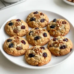 To make oatmeal raisin breakfast cookies, you need simple, wholesome ingredients. Here’s what you will need: - 1 cup rolled oats - 1/2 cup whole wheat flour - 1/2 teaspoon baking soda - 1/2 teaspoon ground cinnamon - 1/4 teaspoon salt - 1/4 cup coconut oil, melted - 1/4 cup maple syrup or honey - 1/4 cup unsweetened applesauce - 1 teaspoon vanilla extract - 1/2 cup raisins - 1/4 cup chopped walnuts (optional) - 1/4 cup dark chocolate chips (optional) These ingredients work together to create a cookie that is both tasty and nutritious. The rolled oats provide fiber, while whole wheat flour adds nutrients. Baking soda helps the cookies rise, and cinnamon gives a warm flavor. The coconut oil keeps them moist, and the maple syrup or honey adds sweetness. Applesauce is a great way to keep the cookies soft. Raisins add a natural sweetness, and walnuts or chocolate chips can give a fun twist. You can mix and match these to fit your taste. Remember, the key is to enjoy the process and make these cookies your own! {{ingredient_image_1}} First, set your oven to 350°F (175°C). This temperature helps the cookies bake evenly. While the oven heats, line a baking sheet with parchment paper. This step keeps the cookies from sticking and makes for easy cleanup. Next, in a large bowl, mix the dry ingredients. Add 1 cup of rolled oats, 1/2 cup of whole wheat flour, 1/2 teaspoon of baking soda, 1/2 teaspoon of ground cinnamon, and 1/4 teaspoon of salt. Stir these together well. This mix gives your cookies structure and flavor. In a different bowl, whisk together the wet ingredients. Combine 1/4 cup of melted coconut oil, 1/4 cup of maple syrup or honey, 1/4 cup of unsweetened applesauce, and 1 teaspoon of vanilla extract. Whisk until everything blends smoothly. This mixture adds moisture and sweetness to your cookies. Now, pour the wet mixture into the dry ingredients. Mix them gently until just combined. Be careful not to over-mix. This keeps the cookies tender and chewy. Finally, scoop out tablespoon-sized portions of dough. Place them on the prepared baking sheet, leaving about 2 inches between each one. Flatten them slightly with the back of a spoon. Bake for 12-15 minutes. You want the edges to turn golden brown. Let them cool for about 5 minutes on the sheet before moving them to a wire rack. Enjoy your delicious oatmeal raisin breakfast cookies! To make chewy cookies, use rolled oats instead of instant oats. Rolled oats add a nice texture. Also, do not over-bake them. Bake until the edges are golden but the centers are soft. Let them cool on the baking sheet for a few minutes. This helps them stay chewy. When mixing, combine dry and wet ingredients gently. Over-mixing can make cookies tough. Mix until you just see the flour disappear. Add in your raisins and nuts last. Folding them in keeps the dough light and fluffy. Store your cookies in an airtight container. This keeps them soft for days. You can also place a slice of bread in the container. The bread helps maintain moisture. If you want to freeze cookies, wrap them tightly in plastic wrap. This keeps them fresh for up to three months. Pro Tips Store in an Airtight Container: To keep your cookies fresh, store them in an airtight container at room temperature for up to a week. Customize Your Add-ins: Feel free to swap out raisins for other dried fruits, or add in seeds like pumpkin or sunflower for extra nutrition. Adjust Sweetness to Taste: If you prefer sweeter cookies, increase the amount of maple syrup or honey to suit your palate. Make Ahead: You can prepare the dough in advance and refrigerate it for up to 3 days before baking for a quick breakfast option. {{image_2}} You can use different sweeteners in these cookies. Maple syrup adds a rich flavor. Honey works just as well. If you want a lower sugar option, try agave nectar or stevia. Each sweetener gives a unique taste, so experiment! Add more texture and flavor with different ingredients. Chopped nuts, like almonds or pecans, bring a nice crunch. Seeds, such as chia or flaxseeds, boost nutrition. Dried cranberries or apricots can replace raisins for a fruity twist. Dark chocolate chips add sweetness and richness. To make these cookies gluten-free, swap whole wheat flour for gluten-free flour. Almond flour or oat flour are great choices. Just ensure the oats are certified gluten-free. Your cookies will still be tasty and chewy! You can easily make these cookies vegan. Replace honey with maple syrup or agave. Use a flax egg by mixing one tablespoon of ground flaxseed with three tablespoons of water. Let it sit for five minutes to thicken. This will bind your cookies without eggs! Each oatmeal raisin breakfast cookie has about 130 calories. This makes them a great choice for a light breakfast or snack. They contain healthy fats and natural sugars, which provide energy. - Rolled oats: Packed with fiber, they help keep you full. - Whole wheat flour: Offers more nutrients than white flour. It supports heart health. - Coconut oil: Provides healthy fats that can boost energy. - Maple syrup or honey: Naturally sweetens without refined sugar. - Applesauce: Adds moisture and reduces fat in the recipe. - Raisins: A great source of iron and antioxidants. - Walnuts: Rich in omega-3 fatty acids, good for your brain. - Dark chocolate chips: Adds a touch of sweetness and antioxidants. Enjoy these cookies with a glass of cold almond milk. You can also pair them with yogurt and fresh fruit. For a fun twist, crumble them over oatmeal or a smoothie bowl. Yes, you can make these cookies without eggs. The applesauce acts as a great egg substitute. It adds moisture and helps bind the ingredients. Use 1/4 cup of applesauce to replace one egg. Store leftover cookies in an airtight container. This keeps them fresh and soft. You can keep them at room temperature for up to a week. Make sure they cool completely before storing. Yes, you can freeze these cookies! Once they cool, place them in a freezer-safe bag. They can last up to three months in the freezer. Just thaw them at room temperature when you're ready to eat. These cookies are perfect on their own. You can also pair them with yogurt or fresh fruit. For a fun twist, serve them with a glass of almond milk. They make a great grab-and-go breakfast! These cookies last about a week at room temperature. If you store them in the fridge, they may last up to ten days. For the best taste, enjoy them fresh! You now know how to make tasty oatmeal raisin cookies. We reviewed each ingredient and step, so you'll get it right. Think about the tips for extra chewiness and freshness. You can even try variations to suit your taste, like gluten-free or vegan options. These cookies are not just good; they also pack healthy benefits. Enjoy baking and sharing them with others. You’ll love how simple and fun it is to create this delicious treat!