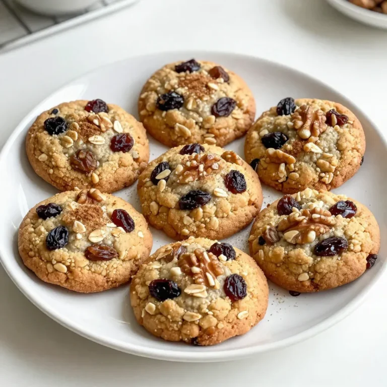 To make oatmeal raisin breakfast cookies, you need simple, wholesome ingredients. Here’s what you will need: - 1 cup rolled oats - 1/2 cup whole wheat flour - 1/2 teaspoon baking soda - 1/2 teaspoon ground cinnamon - 1/4 teaspoon salt - 1/4 cup coconut oil, melted - 1/4 cup maple syrup or honey - 1/4 cup unsweetened applesauce - 1 teaspoon vanilla extract - 1/2 cup raisins - 1/4 cup chopped walnuts (optional) - 1/4 cup dark chocolate chips (optional) These ingredients work together to create a cookie that is both tasty and nutritious. The rolled oats provide fiber, while whole wheat flour adds nutrients. Baking soda helps the cookies rise, and cinnamon gives a warm flavor. The coconut oil keeps them moist, and the maple syrup or honey adds sweetness. Applesauce is a great way to keep the cookies soft. Raisins add a natural sweetness, and walnuts or chocolate chips can give a fun twist. You can mix and match these to fit your taste. Remember, the key is to enjoy the process and make these cookies your own! {{ingredient_image_1}} First, set your oven to 350°F (175°C). This temperature helps the cookies bake evenly. While the oven heats, line a baking sheet with parchment paper. This step keeps the cookies from sticking and makes for easy cleanup. Next, in a large bowl, mix the dry ingredients. Add 1 cup of rolled oats, 1/2 cup of whole wheat flour, 1/2 teaspoon of baking soda, 1/2 teaspoon of ground cinnamon, and 1/4 teaspoon of salt. Stir these together well. This mix gives your cookies structure and flavor. In a different bowl, whisk together the wet ingredients. Combine 1/4 cup of melted coconut oil, 1/4 cup of maple syrup or honey, 1/4 cup of unsweetened applesauce, and 1 teaspoon of vanilla extract. Whisk until everything blends smoothly. This mixture adds moisture and sweetness to your cookies. Now, pour the wet mixture into the dry ingredients. Mix them gently until just combined. Be careful not to over-mix. This keeps the cookies tender and chewy. Finally, scoop out tablespoon-sized portions of dough. Place them on the prepared baking sheet, leaving about 2 inches between each one. Flatten them slightly with the back of a spoon. Bake for 12-15 minutes. You want the edges to turn golden brown. Let them cool for about 5 minutes on the sheet before moving them to a wire rack. Enjoy your delicious oatmeal raisin breakfast cookies! To make chewy cookies, use rolled oats instead of instant oats. Rolled oats add a nice texture. Also, do not over-bake them. Bake until the edges are golden but the centers are soft. Let them cool on the baking sheet for a few minutes. This helps them stay chewy. When mixing, combine dry and wet ingredients gently. Over-mixing can make cookies tough. Mix until you just see the flour disappear. Add in your raisins and nuts last. Folding them in keeps the dough light and fluffy. Store your cookies in an airtight container. This keeps them soft for days. You can also place a slice of bread in the container. The bread helps maintain moisture. If you want to freeze cookies, wrap them tightly in plastic wrap. This keeps them fresh for up to three months. Pro Tips Store in an Airtight Container: To keep your cookies fresh, store them in an airtight container at room temperature for up to a week. Customize Your Add-ins: Feel free to swap out raisins for other dried fruits, or add in seeds like pumpkin or sunflower for extra nutrition. Adjust Sweetness to Taste: If you prefer sweeter cookies, increase the amount of maple syrup or honey to suit your palate. Make Ahead: You can prepare the dough in advance and refrigerate it for up to 3 days before baking for a quick breakfast option. {{image_2}} You can use different sweeteners in these cookies. Maple syrup adds a rich flavor. Honey works just as well. If you want a lower sugar option, try agave nectar or stevia. Each sweetener gives a unique taste, so experiment! Add more texture and flavor with different ingredients. Chopped nuts, like almonds or pecans, bring a nice crunch. Seeds, such as chia or flaxseeds, boost nutrition. Dried cranberries or apricots can replace raisins for a fruity twist. Dark chocolate chips add sweetness and richness. To make these cookies gluten-free, swap whole wheat flour for gluten-free flour. Almond flour or oat flour are great choices. Just ensure the oats are certified gluten-free. Your cookies will still be tasty and chewy! You can easily make these cookies vegan. Replace honey with maple syrup or agave. Use a flax egg by mixing one tablespoon of ground flaxseed with three tablespoons of water. Let it sit for five minutes to thicken. This will bind your cookies without eggs! Each oatmeal raisin breakfast cookie has about 130 calories. This makes them a great choice for a light breakfast or snack. They contain healthy fats and natural sugars, which provide energy. - Rolled oats: Packed with fiber, they help keep you full. - Whole wheat flour: Offers more nutrients than white flour. It supports heart health. - Coconut oil: Provides healthy fats that can boost energy. - Maple syrup or honey: Naturally sweetens without refined sugar. - Applesauce: Adds moisture and reduces fat in the recipe. - Raisins: A great source of iron and antioxidants. - Walnuts: Rich in omega-3 fatty acids, good for your brain. - Dark chocolate chips: Adds a touch of sweetness and antioxidants. Enjoy these cookies with a glass of cold almond milk. You can also pair them with yogurt and fresh fruit. For a fun twist, crumble them over oatmeal or a smoothie bowl. Yes, you can make these cookies without eggs. The applesauce acts as a great egg substitute. It adds moisture and helps bind the ingredients. Use 1/4 cup of applesauce to replace one egg. Store leftover cookies in an airtight container. This keeps them fresh and soft. You can keep them at room temperature for up to a week. Make sure they cool completely before storing. Yes, you can freeze these cookies! Once they cool, place them in a freezer-safe bag. They can last up to three months in the freezer. Just thaw them at room temperature when you're ready to eat. These cookies are perfect on their own. You can also pair them with yogurt or fresh fruit. For a fun twist, serve them with a glass of almond milk. They make a great grab-and-go breakfast! These cookies last about a week at room temperature. If you store them in the fridge, they may last up to ten days. For the best taste, enjoy them fresh! You now know how to make tasty oatmeal raisin cookies. We reviewed each ingredient and step, so you'll get it right. Think about the tips for extra chewiness and freshness. You can even try variations to suit your taste, like gluten-free or vegan options. These cookies are not just good; they also pack healthy benefits. Enjoy baking and sharing them with others. You’ll love how simple and fun it is to create this delicious treat!