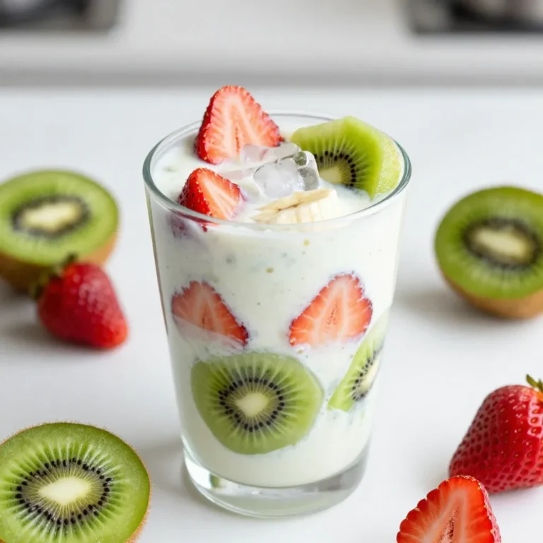 - 1 cup fresh strawberries, hulled and halved - 2 ripe kiwis, peeled and chopped - 1 banana, sliced - 1/2 cup Greek yogurt (or dairy-free alternative) - 1/2 cup coconut water (or milk of your choice) - 1 tablespoon honey or maple syrup (optional) - 1/2 teaspoon vanilla extract - A handful of ice cubes The ingredients for a Strawberry Kiwi Smoothie are simple and fresh. You start with the fruits. Strawberries give a sweet and tangy flavor. Kiwis add a nice tartness, while bananas make it creamy. To boost the smoothie, Greek yogurt adds protein and creaminess. If you want a dairy-free option, use coconut yogurt instead. Coconut water or milk gives a light and refreshing base. You can choose to sweeten your smoothie. Honey or maple syrup works well if you like it sweeter. The vanilla extract adds a nice touch of flavor, too. Ice cubes are essential for that cool, refreshing sip. Gather all these ingredients, and you’ll be ready to blend a delicious Strawberry Kiwi Smoothie! {{ingredient_image_1}} Start by hulling and halving the strawberries. This means removing the green tops and cutting them in half. Next, peel the kiwis and chop them into small pieces. For the banana, just slice it into rounds. Make sure to gather all your ingredients so you’re ready to blend. Now, grab your blender. Combine the strawberries, kiwis, and banana in it. Don’t forget to add the Greek yogurt and coconut water. If you like it sweeter, add honey or maple syrup. Toss in a handful of ice cubes for a nice chill. Blend everything on high speed until it’s smooth and creamy. This should take about 30 to 45 seconds. After blending, taste your smoothie. If you want it sweeter, add more honey or syrup. Pour the smoothie into glasses and enjoy it right away. The flavors will be at their best when fresh! To make a great smoothie, you need ripe fruits. Choose strawberries that are red and firm. Look for kiwis that feel slightly soft but not mushy. These signs show they are sweet and ready to eat. Store your fruit in the fridge if you won't use them right away. This keeps them fresh for a longer time. Avoid washing them until you are ready to use them. Moisture can cause them to spoil faster. If your smoothie is too thick, add more liquid. Coconut water works well, but you can use milk, too. Start with a little and blend again until you reach your desired thickness. For a colder drink, add extra ice cubes. This gives your smoothie a refreshing chill that’s perfect for hot days. Blend the ice in until it’s smooth. You can boost the nutrition in your smoothie. Adding protein powder gives you extra energy. Spinach is a great option, too; it blends in well and adds vitamins. If you want to swap yogurt, try a dairy-free alternative like almond yogurt. For sweeteners, use maple syrup or agave instead of honey for variety. This makes it easy to fit your taste and diet. Pro Tips Choose Ripe Fruits: Make sure your strawberries and kiwis are ripe for the best flavor. Ripe fruits will make your smoothie naturally sweeter and more delicious. Frozen Banana Option: For a thicker texture, you can freeze the banana slices ahead of time. This will give your smoothie a creamy consistency without needing extra ice. Customize with Greens: Add a handful of spinach or kale for an extra nutrient boost. The flavors of the fruits will still shine through, and you won't even taste the greens! Blend in Stages: If your blender struggles, blend the harder fruits first (like bananas and kiwis) with a bit of liquid, then add the other ingredients. This helps achieve a smoother blend. {{image_2}} You can make your smoothie even healthier! Try adding leafy greens like spinach or kale. These greens boost nutrition without changing the taste much. You can also add nut butter like almond or peanut. This adds protein and healthy fats. Chia seeds or flaxseeds are great too. They are full of omega-3s and fiber. Feel free to experiment with other fruits! Mango and pineapple can add a tropical twist. You can blend them with strawberries and kiwis for a new flavor. Adding spices can also change the taste. Try a pinch of cinnamon for warmth or some ginger for a kick. These flavors can enhance your smoothie and make it even more fun to drink. Want a dairy-free version? Use a dairy-free yogurt like coconut or almond yogurt. This keeps your smoothie creamy without dairy. For sweetening, skip the honey. Instead, use maple syrup or agave nectar. These options are vegan and still sweet. You can enjoy a tasty smoothie while sticking to your diet! If you have leftover smoothie, store it in a sealed jar or container. It keeps well in the fridge for up to 24 hours. To preserve the taste, shake or stir it before drinking. Smoothies can lose some flavor over time, so it's best to drink them fresh. To freeze your smoothie, pour it into ice cube trays or freezer-safe bags. This method works great for single servings. Smoothies can last in the freezer for up to three months. When you're ready to drink, thaw it overnight in the fridge. For a quick option, blend the frozen smoothie directly with a bit of liquid. Leftover fruits can shine in other recipes. You can add strawberries or kiwis to oatmeal or yogurt. They also work well in salads. Try blending bananas into pancakes or muffins for added flavor. Use these fruits creatively in breakfast or snacks to reduce waste. A Strawberry Kiwi Smoothie is a tasty treat packed with nutrition. Each serving contains about 200 calories. It has vitamins A and C, which help keep your skin healthy. You'll also get fiber from the fruits, which aids digestion. The Greek yogurt adds protein and calcium, promoting strong bones. Yes, you can easily swap Greek yogurt. Here are some options: - Use dairy-free yogurt like almond or coconut yogurt. - Try cottage cheese for a creamy texture. - Silken tofu is a great plant-based choice too. These alternatives work well for different diets. If you want a sweeter smoothie, here are some tips: - Add more honey or maple syrup to taste. - Use ripe bananas, which add natural sweetness. - You can also blend in dates or a splash of orange juice. These options help you customize the flavor. Yes, this smoothie can fit well in a weight loss plan. It uses whole fruits that provide fiber and nutrients. The Greek yogurt adds protein, which keeps you full longer. Coconut water hydrates without added sugars. Focus on these ingredients to support a healthy diet. This blog post guides you in making a delicious Strawberry Kiwi Smoothie. You learned the best ingredients like fresh fruits, Greek yogurt, and optional sweeteners. I gave you step-by-step instructions for preparing and blending. You also discovered tips for selecting the best fruits and ensuring the perfect consistency. To enhance your smoothie, try new fruits, greens, or nut butter. Store extras properly to maintain freshness. With these ideas, enjoy a tasty, healthier treat that fits your needs!