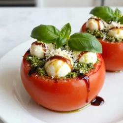 To make pesto mozzarella stuffed tomatoes, you need: - 4 large ripe tomatoes - 1 cup fresh mozzarella balls or diced mozzarella cheese - 1/2 cup fresh basil pesto - 1/4 cup grated Parmesan cheese - 1/4 teaspoon salt - 1/4 teaspoon black pepper - 1 tablespoon balsamic glaze (for drizzling, optional) - Fresh basil leaves for garnish You can swap ingredients based on what you have. If you can't find fresh mozzarella, use shredded mozzarella. For the pesto, any green pesto works well. If you want a dairy-free option, try nut-based cheese instead of Parmesan. You can also skip the balsamic glaze if you prefer a simpler look. Fresh ingredients bring the best taste, especially in summer. Fresh tomatoes are sweet and juicy, perfect for stuffing. Fresh mozzarella has a creamy texture that melts well. If you use dried basil instead of pesto, the taste will change. Dried herbs lack the same punch. Always choose fresh when you can for the best flavor. {{ingredient_image_1}} First, you need to prepare the tomatoes. Take four large, ripe tomatoes. Slice off the tops carefully. Use a spoon to scoop out the insides. Try not to break the outer wall. Set the flesh aside for later. This step is key to make room for the tasty filling. Next, grab a medium bowl for mixing. Add one cup of fresh mozzarella balls or diced mozzarella cheese. Then, pour in half a cup of fresh basil pesto. Add a quarter cup of grated Parmesan cheese, along with salt and pepper. Stir everything until it’s well blended. This mix will be creamy and full of flavor. Now it's time to stuff the tomatoes. Fill each hollowed tomato with your pesto-mozzarella mixture. Press it gently to pack it in. Place the filled tomatoes upright in a baking dish. If they wobble, trim the bottoms a bit. Preheat your oven to 375°F (190°C). Bake for 20 to 25 minutes. They are ready when the cheese melts and the tomatoes soften. Let them cool for a few minutes. If you like, drizzle with balsamic glaze and add fresh basil for garnish. Enjoy your tasty summer delight! To hollow the tomatoes well, start with ripe ones. Choose large, firm tomatoes for the best results. Cut the tops off and scoop out the insides gently. Use a spoon for this. Take care not to break the skin. You want a sturdy shell to hold the filling. If any seeds remain, remove them. This makes the filling blend better. You can chop the scooped-out flesh and add it to your filling for extra flavor. For a rich taste, use fresh mozzarella balls. They melt beautifully and give a creamy texture. If you want a sharper flavor, try aged mozzarella. You can also mix in some feta cheese for a tangy twist. Just remember, balance the flavors. Too much cheese can overpower the dish. Stick with one or two types to keep it simple. Presentation matters, so make it fun! Arrange the stuffed tomatoes neatly on a plate. Drizzle balsamic glaze over them for a beautiful look. Add fresh basil leaves as a garnish. This adds color and freshness. Serve them warm, right out of the oven. They look great and taste amazing! Enjoy them as a light meal or a side dish. Pro Tips Choose ripe tomatoes: Select tomatoes that are firm but slightly soft to the touch for the best flavor and texture. Customize your pesto: Feel free to add nuts or extra herbs to your pesto for a personalized flavor profile. Don’t overbake: Keep an eye on your tomatoes while baking; you want them tender but not mushy. Serving suggestion: Pair the stuffed tomatoes with a light salad for a complete meal. {{image_2}} You can add proteins to make this dish heartier. Cook some diced chicken or shrimp and mix them into the pesto-mozzarella filling. This adds great flavor and makes the dish more filling. Grilled chicken works well, as does sautéed shrimp. Just remember to season your protein with salt and pepper for extra taste. If you want a vegan version, swap the mozzarella for dairy-free cheese. You can also use tofu or chickpeas for protein. Instead of Parmesan, try nutritional yeast for a cheesy flavor. Finally, use a vegan pesto or make your own with nuts and herbs. These swaps let everyone enjoy this dish. Experiment with different flavors! Try adding sun-dried tomatoes for tanginess, or mix in olives for a briny taste. You can also add spices like red pepper flakes for heat. Fresh herbs like oregano or thyme can brighten the dish. The options are endless, so get creative and find your favorite combo! To keep your pesto mozzarella stuffed tomatoes fresh, store them in the fridge. Place the tomatoes in an airtight container. This helps prevent them from drying out. You can keep them for up to three days. If possible, eat them within one day for the best taste. Make sure not to cover the tomatoes too tightly. This helps maintain their shape. You can freeze these stuffed tomatoes, but they may change in texture. To freeze, wrap each tomato in plastic wrap. Then, place them in a freezer-safe bag. They can last up to three months in the freezer. When you are ready to eat them, thaw them in the fridge overnight. To reheat, you can bake the tomatoes again. Preheat your oven to 350°F (175°C). Place the tomatoes on a baking tray. Heat them for about 10-15 minutes, until warm. If you prefer using a microwave, place one tomato on a microwave-safe plate. Heat it for about 30 seconds to 1 minute, checking to avoid overheating. Enjoy your tasty summer delight warm! Yes, you can make these stuffed tomatoes ahead of time. Prepare the tomatoes and stuffing. Then, fill the tomatoes and place them in the fridge. Bake them just before serving. This keeps the tomatoes fresh and tasty. Pesto mozzarella stuffed tomatoes pair well with many dishes. You can serve them with a fresh green salad. Grilled chicken or fish works great too. A side of crusty bread is perfect for soaking up the flavors. Leftover pesto mozzarella stuffed tomatoes last about three days in the fridge. Store them in an airtight container. Reheat them in the oven to keep them warm and tasty. They may lose some crispness, but the flavor stays strong. This blog post covered all you need for making pesto mozzarella stuffed tomatoes. We explored ingredients, step-by-step prep, and useful tips. You learned about innovative variations to suit different diets. I shared how to store and reheat leftovers safely. With clear steps and options, you can create a tasty dish your friends will love. Enjoy making this easy, delicious meal that fits any occasion!