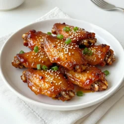 To make these tasty wings, gather these ingredients: - 2 pounds chicken wings - 1/4 cup honey - 1/4 cup low sodium soy sauce - 4 cloves garlic, minced - 1 tablespoon fresh ginger, grated - 1 tablespoon apple cider vinegar - 1 tablespoon sesame oil - 1 teaspoon crushed red pepper flakes (optional) - 2 green onions, chopped (for garnish) - Sesame seeds (for garnish) - Salt and pepper to taste You can swap some ingredients if needed: - For honey, use maple syrup for a different sweetness. - If you lack soy sauce, try coconut aminos for a soy-free option. - Garlic powder can replace fresh garlic if you're in a pinch. - Use ground ginger if you don’t have fresh ginger handy. - Apple cider vinegar can be replaced with rice vinegar for a milder taste. - Adjust crushed red pepper flakes based on your spice preference. Choose your chicken wings wisely to get the best flavor: - Look for wings that are plump and have a good amount of meat. - Fresh wings should not have a strong odor. - Check for a nice color; pale wings can indicate poor quality. - If possible, buy organic or free-range wings for better taste and quality. - Frozen wings work too, but make sure they are not freezer-burned. These tips and options will help you create the best honey garlic chicken wings. Enjoy the cooking process! {{ingredient_image_1}} Start with fresh chicken wings. You need about 2 pounds. Pat them dry using paper towels. This step is key for making them crispy. Then, season the wings with salt and pepper. This adds a nice base flavor. Make sure to cover all sides. Now, let's create the tasty marinade. Grab a mixing bowl. Combine 1/4 cup honey, 1/4 cup low sodium soy sauce, 4 minced garlic cloves, and 1 tablespoon grated ginger. Add 1 tablespoon apple cider vinegar and 1 tablespoon sesame oil. If you like heat, toss in 1 teaspoon crushed red pepper flakes. Whisk everything together until smooth. This marinade brings a sweet and savory kick. Preheat your oven to 400°F (200°C). Line a baking sheet with parchment paper or foil. This step helps with cleanup later. Take the marinated wings from the fridge. Let any extra marinade drip off. Spread the wings out in a single layer on the baking sheet. Bake them for 30 to 40 minutes. Flip the wings halfway through for even cooking. They should turn golden brown and crispy. While they bake, take the leftover marinade and boil it in a saucepan. Reduce the heat and let it simmer for about 5 to 7 minutes. This will thicken it up nicely. After baking, brush the wings with the thickened marinade for extra flavor. Bake them for another 5 minutes. Now, they’re ready to enjoy! To get crispy chicken wings, start by drying them. Pat them with paper towels until they feel dry. This step helps remove moisture, making them crispier. Season the wings lightly with salt and pepper. Make sure to spread them out on the baking sheet. Give them space to cook evenly. Bake them at 400°F (200°C) for 30-40 minutes. Flip them halfway to ensure both sides get crispy. For extra crunch, you can broil them for a few minutes at the end. Marinating your wings is key for great taste. Use a mix of honey, soy sauce, and garlic for a sweet and savory profile. Mix all marinade ingredients in a bowl. Coat the wings well in the marinade. You can use a resealable bag for easy mixing. Let them marinate for at least one hour. For the best flavor, try marinating them overnight. This allows the flavors to seep deep into the meat. Remember to save some marinade for glazing after baking. When serving honey garlic chicken wings, presentation matters. Use a large platter and arrange the wings neatly. Sprinkle sesame seeds and chopped green onions on top. These add color and flavor. Pair the wings with crunchy celery sticks. They provide a nice contrast and freshness. You can also serve a dipping sauce like ranch or blue cheese. This adds an extra layer of flavor. Enjoy these wings as a snack, appetizer, or part of a meal. Pro Tips Pat Dry for Crispiness: Patting the chicken wings dry before seasoning helps remove excess moisture, ensuring they become crispy when baked. Marinate Longer for Flavor: For the best flavor, marinate the wings overnight. This allows the marinade to penetrate deeply into the meat, enhancing the taste. Thicken the Sauce: Simmering the leftover marinade until thickened creates a rich glaze that clings beautifully to the wings, elevating their flavor and presentation. Use a Baking Rack: If possible, place the wings on a baking rack set over the sheet pan. This allows air to circulate around the wings, promoting even cooking and crispiness. {{image_2}} To make spicy honey garlic wings, you simply add heat. Start with the base recipe. Then, include crushed red pepper flakes. You can also use hot sauce or Sriracha for a kick. Adjust the amount based on your heat level. I love using fresh jalapeños for a fresh twist. Just slice them and toss them into the marinade. This gives you a nice blend of sweet and spicy. Baking is simple and healthier. It uses less oil, which means less fat. Your wings can become crispy without a lot of mess. Frying, on the other hand, gives wings a unique crunch. They cook fast and can be very tasty. However, frying adds more calories. It also creates a mess in the kitchen. I prefer baking for ease and a cleaner kitchen. You still get great flavor and texture. You can try different sauces and coatings for your wings. BBQ sauce gives a smoky flavor. Buffalo sauce adds a nice tang. For something unique, try teriyaki or sweet chili sauce. You can also coat wings in dry rubs. Mix spices like paprika, garlic powder, and onion powder. This adds depth and flavor without adding too much sauce. Enjoy experimenting with different tastes! When you have extra honey garlic chicken wings, store them properly to keep them fresh. First, let the wings cool down to room temperature. This prevents steam, which can make them soggy. Use an airtight container to keep them safe from air. If you have a lot, you can layer them with parchment paper between each layer. This helps keep the wings from sticking together. Store them in the fridge for up to 3 days. To enjoy your wings again, reheating is key. The best way to reheat them is in the oven. Preheat your oven to 350°F (175°C). Place the wings on a baking sheet lined with foil. Bake for about 10-15 minutes. This keeps the skin crispy and the inside warm. If you’re short on time, you can microwave them. Just use a microwave-safe plate and cover them with a damp paper towel. Heat them in 30-second bursts until warm. Freezing honey garlic chicken wings is easy but requires some care. First, cool the wings completely. Then, place them in a freezer-safe bag. Remove as much air as possible before sealing. You can also freeze them in a single layer on a baking sheet, then transfer them to a bag. This helps them stay separate. Do not freeze wings with sauce already on them. This can make them mushy when thawed. Use frozen wings within 2-3 months for the best taste. Yes, you can use frozen chicken wings. Just remember to thaw them first. Thawing helps the wings absorb the marinade better. To thaw, place them in the fridge overnight. If you’re in a hurry, you can use the microwave. Just be careful not to cook them. Marinate the chicken wings for at least one hour. For the best flavor, let them sit overnight. The longer they marinate, the more the flavors soak in. This makes them tastier when you cook them. Honey garlic chicken wings go well with many sides. Here are some great options: - Crunchy celery sticks - Fresh carrot sticks - Creamy ranch dressing - Sweet potato fries - Garlic bread These sides balance the sweet and savory taste of the wings. Enjoy your meal! This article covered everything you need for honey garlic chicken wings. We looked at the right ingredients, how to marinate, and get those wings crispy. I shared tips and tricks for perfect flavor and cooking methods. Different variations add your twist, while storage info keeps leftovers tasty. Remember, with a few simple steps, you can create a dish that everyone loves. Now, it’s your turn to try these tips and enjoy your delicious wings!