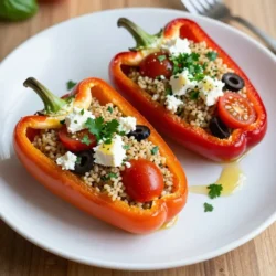 - 4 medium bell peppers (any color) - 1 cup quinoa, rinsed - 2 cups vegetable broth - 1 cup cherry tomatoes, halved - 1/2 cup black olives, sliced - 1/4 cup fresh parsley, chopped - 1/4 cup fresh basil, chopped - 1 lemon (zest and juice) - 1 teaspoon garlic powder - 1 teaspoon onion powder - Salt and pepper to taste - 1/2 cup feta cheese, crumbled (optional) These ingredients create a vibrant and tasty dish. I love how the bell peppers add color and crunch. Quinoa gives us good protein and fiber. The broth adds depth, while the tomatoes and olives bring juicy flavors. Fresh herbs like parsley and basil add a nice touch. Lemon zest and juice brighten the mix. Garlic and onion powder give it a savory kick. You can add feta if you want a creamy finish. This mix is healthy and filling, perfect for lunch or dinner. {{ingredient_image_1}} - Preheat your oven to 375°F (190°C). - Cut the tops off the bell peppers. Remove the seeds and membranes. To prepare the bell peppers, start by preheating the oven. This step is key; it ensures even cooking. Next, carefully cut the tops off the peppers. This will create a lovely bowl for your filling. Removing the seeds and membranes is also important. It makes the peppers taste better and helps them cook evenly. You can brush the outside with a bit of olive oil for flavor. Place them in a baking dish for easy handling. - Boil the vegetable broth in a medium pot. - Add the rinsed quinoa and spices. Cooking the quinoa is simple. First, boil the vegetable broth in a medium pot. This adds flavor and moisture. Once boiling, add the rinsed quinoa, garlic powder, and onion powder. Stir gently, then reduce the heat to low. Cover the pot and let it simmer for about 15 minutes. The quinoa will become fluffy as it absorbs the broth. - Combine cooked quinoa with vegetables and herbs. - Add lemon zest and juice. When the quinoa is ready, remove it from the heat. Use a fork to fluff it up. Next, mix in the halved cherry tomatoes and sliced black olives. Don’t forget the chopped parsley and basil! These herbs bring brightness to your dish. Finally, add the lemon zest and juice. This gives the filling a fresh taste. Season with salt and pepper to your liking. If you like, fold in some crumbled feta cheese for creaminess. - Fill each bell pepper with the quinoa mixture. - Pack and distribute the filling evenly. Now comes the fun part: stuffing the peppers! Take the quinoa mixture and spoon it into each prepared bell pepper. Pack it tightly but gently. This helps ensure each bite is full of flavor. Distribute the filling evenly among all the peppers. - Cover the baking dish with aluminum foil. - Bake the stuffed peppers, then finish without the foil. Cover your baking dish with aluminum foil. This helps the peppers steam and cook well. Place it in the preheated oven and bake for 25 minutes. After that, remove the foil and bake for 10 more minutes. This step makes the peppers tender and slightly caramelized. When done, take them out and let them cool slightly before serving. To cook quinoa well, start by rinsing it. Rinsing removes the bitter coating. Use a fine mesh sieve for this. After rinsing, add the quinoa to boiling vegetable broth. This makes the quinoa taste great. Cook it on low heat for about 15 minutes. The key to fluffiness is letting it rest after cooking. Use a fork to fluff it gently. To boost flavor, try adding more herbs. Fresh thyme or dill can be nice. You can also add spices like cumin or paprika. These will give your dish a warm touch. Mix them in with the quinoa before stuffing the peppers. For a beautiful plate, serve the stuffed peppers on a colorful dish. Sprinkle fresh parsley or basil on top. This adds color and freshness. A drizzle of lemon juice brightens the dish. It gives a nice zing that pairs well with the flavors. Pro Tips Choose Colorful Peppers: Using a mix of red, yellow, and green bell peppers not only enhances the visual appeal of your dish but also adds a variety of flavors. Rinse Quinoa Thoroughly: Rinsing quinoa before cooking helps remove its natural coating, called saponin, which can impart a bitter taste. Customize Your Fillings: Feel free to add other vegetables or proteins like spinach, zucchini, or chickpeas to the quinoa mixture for added nutrition and taste. Check Pepper Tenderness: Baking times can vary based on the size and type of your peppers, so check for tenderness by pricking them with a fork before removing from the oven. {{image_2}} You can easily boost the protein in your stuffed peppers. Adding beans or lentils is a great choice. Black beans or chickpeas mix well with quinoa. They add texture and flavor. Lentils cook fast and bring a nice earthiness. If you want meat, you can add cooked chicken or turkey. Shredded chicken blends nicely with the quinoa. You can also use ground turkey for a heartier meal. This way, you can customize the dish to your taste. If you prefer, you can use rice or couscous instead of quinoa. Both grains work well and taste great. Rice gives a softer texture, while couscous cooks faster. Quinoa has some unique benefits. It is high in protein and fiber. It also has all nine essential amino acids. This makes it a complete protein. Quinoa is gluten-free, making it a good option for many diets. You can make this dish vegan by omitting feta cheese. The stuffed peppers will still taste great without it. For plant-based proteins, try adding tofu or tempeh. These options soak up flavors well. You can also use nutritional yeast for a cheesy taste. These swaps keep the meal healthy and satisfying without meat or dairy. Store any leftover lemon herb quinoa stuffed peppers in an airtight container. Keep them in the fridge for up to 3 days. To reheat, place a pepper on a plate and cover it with a damp paper towel. This helps keep the pepper moist. Heat in the microwave for about 2-3 minutes, or until warm. For a crispier finish, use an oven. Preheat it to 350°F (175°C) and bake for about 10 minutes. To freeze stuffed peppers, let them cool completely. Wrap each pepper tightly in plastic wrap. Place them in a freezer bag and remove as much air as possible. You can freeze them for up to 3 months. When ready to eat, take the peppers out and let them thaw overnight in the fridge. To reheat, bake in the oven at 350°F (175°C) for about 25 minutes. This keeps the flavor and texture just right. Bake stuffed peppers for about 35 minutes. First, cover them with foil for 25 minutes. Then, remove the foil and bake for 10 more minutes. This helps the peppers cook through and get tender. Yes, you can prepare stuffed peppers ahead of time. Make the filling and stuff the peppers. Then, cover and store them in the fridge. Bake them when you are ready to eat. This saves time on busy days. You can add many vegetables to your stuffed peppers. Here’s a list of great options: - Corn - Zucchini - Spinach - Mushrooms - Carrots - Kale These vegetables add flavor and nutrition. Choose your favorites to make the dish your own. In this blog post, we explored how to make delicious stuffed bell peppers. We covered ingredients, step-by-step instructions, and helpful tips. You learned how to cook quinoa perfectly and pack those peppers with flavor. Remember, feel free to get creative with your stuffing. You can add proteins, use different grains, or modify the recipe to fit your needs. Enjoy experimenting, and share your tasty creations with others!