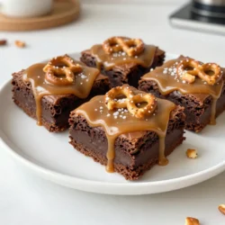 To make Caramel Pretzel Brownies, you need a few simple ingredients. Here’s the list: - 1 cup unsalted butter (2 sticks) - 2 cups granulated sugar - 4 large eggs - 1 teaspoon vanilla extract - 1 cup all-purpose flour - 1 cup unsweetened cocoa powder - ½ teaspoon salt - 1 cup pretzels, coarsely crushed - 1 cup caramel sauce - Sea salt for sprinkling Each ingredient plays a key role in creating that perfect mix of sweet and salty. The butter serves as the base, giving the brownies a rich, smooth texture. Granulated sugar adds sweetness, while eggs provide structure. The vanilla extract enhances flavor, making it even better. The all-purpose flour and cocoa powder form the brownie base, giving it that chocolatey goodness. Salt balances the sweetness, while crushed pretzels add crunch and a savory touch. The caramel sauce brings in that gooey, sweet element. Lastly, a sprinkle of sea salt on top elevates the flavor, making each bite pop. Gather these ingredients before you start, and you’ll be on your way to a delicious treat! {{ingredient_image_1}} 1. Preheat your oven to 350°F (175°C). This step warms up the oven for even cooking. 2. Grease a 9x13 inch baking pan. Line it with parchment paper for easy removal later. 3. In a large saucepan, melt 1 cup of unsalted butter over medium heat. Once melted, take it off the heat. 4. Stir in 2 cups of granulated sugar. Mix well until the sugar blends smoothly. 5. Add 4 large eggs, one at a time. Mix well after each egg. Then, stir in 1 teaspoon of vanilla extract. 1. In a separate bowl, whisk together 1 cup of all-purpose flour, 1 cup of unsweetened cocoa powder, and ½ teaspoon of salt. 2. Gradually mix the dry ingredients into the butter and sugar mixture. Stir until just combined. 1. Pour half of the brownie batter into the prepared pan. Spread it evenly across the bottom. 2. Drizzle half of the caramel sauce over the brownie batter. Leave space at the edges for a neat look. 3. Carefully spoon the rest of the brownie batter on top. Spread it gently. 4. Drizzle the remaining caramel sauce over this layer. Create a nice marbled effect. 5. Optionally, sprinkle extra crushed pretzels on top for added crunch. 1. Bake the brownies in the preheated oven for 25-30 minutes. Check for doneness with a toothpick. 2. If the toothpick comes out with a few moist crumbs, they are ready. 3. Once baked, remove the pan from the oven. Sprinkle a pinch of sea salt on top while they are warm. 4. Let the brownies cool in the pan for at least 30 minutes. Use the parchment paper to lift them out. 5. Cut into squares and serve. Enjoy every bite of this sweet treat! To get that perfect brownie texture, timing is key. Bake your brownies for about 25 to 30 minutes. Remember, every oven is different. You may need to adjust the time. To check for doneness, insert a toothpick into the center. It should come out with a few moist crumbs. If it’s clean, the brownies may be overbaked. Trust your instincts! Choosing the right caramel sauce can make a big difference. I love using a rich, buttery caramel. You can also try salted caramel for a sweet and salty twist. Feel free to add extras to the batter. Chopped nuts, chocolate chips, or even a hint of espresso can boost the flavor. Mix it up and create your own twist! For drinks, I recommend pairing your brownies with milk or coffee. The creaminess of milk balances the sweetness. A hot cup of coffee enhances the chocolate flavor. When serving, cut your brownies into neat squares. You can sprinkle some extra crushed pretzels on top for a fun crunch. A drizzle of caramel sauce over each piece adds a nice touch! Pro Tips Fresh Ingredients: Using fresh eggs and high-quality cocoa powder will enhance the flavor and texture of your brownies. Caramel Consistency: Ensure your caramel sauce is warm and pourable when drizzling to achieve a beautiful marbled effect. Cooling Time: Allow the brownies to cool completely before cutting to achieve clean edges and prevent them from falling apart. Storage Tips: Store brownies in an airtight container at room temperature or in the fridge for longer freshness. {{image_2}} You can mix up the flavors of your caramel pretzel brownies easily. Adding chocolate chips is a quick way to boost chocolate flavor. Use semi-sweet or dark chocolate chips for a rich taste. You might also try white chocolate chips for a sweet twist. Nuts can add a nice crunch. Walnuts or pecans work well for this. Just chop them coarsely and fold them into the batter. This adds depth and texture to your brownies. If you need gluten-free options, swap all-purpose flour with a gluten-free blend. Many blends work well in baking. Just follow the package instructions to get the right amount. For vegan substitutions, replace the eggs with flaxseed meal or applesauce. Use a vegan butter or coconut oil instead of regular butter. Ensure the caramel sauce is vegan too. This way, everyone can enjoy these tasty brownies. Seasonal toppings can add fun flair to your brownies. For holidays, consider using festive sprinkles or crushed candy canes. This makes them eye-catching and adds a holiday vibe. In summer, try fresh berries on top. Blueberries or raspberries add a fruity touch that brightens the flavor. You can also mix in seasonal spices like cinnamon during fall for a warm, cozy taste. To keep your caramel pretzel brownies fresh, let them cool completely first. Cooling prevents sogginess. Once cool, wrap them tightly in plastic wrap. This seals in moisture and keeps them soft. You can also place them in an airtight container. A glass container works well for this. Brownies have a good shelf life. At room temperature, they stay fresh for about 3 to 4 days. If stored in the fridge, they can last up to a week. The cold helps keep the caramel firm. But remember, cold brownies may not taste as rich. If you want warm brownies, reheating is key. Use a microwave for quick warming. Heat for about 10-15 seconds. This keeps the caramel gooey. You can also use an oven. Preheat it to 350°F. Place the brownies on a baking sheet for 5-10 minutes. This method helps maintain their texture and flavor. Can I use store-bought caramel sauce? Yes, store-bought caramel sauce works well. It saves time and offers great taste. Just drizzle it over the brownies as you would homemade. What if I don’t have pretzels? If you don’t have pretzels, you can use crushed cookies or nuts. These will add a different crunch and flavor. Just make sure whatever you use can balance the sweetness. Can these brownies be made ahead of time? Absolutely! You can bake these brownies a day or two in advance. Just store them in an airtight container. This allows the flavors to meld. Why are my brownies too dry? Brownies can turn dry if they bake too long. Check them a few minutes before the time is up. Also, be sure to measure your ingredients correctly. How do I fix brownies with too much caramel? If your brownies have too much caramel, it can make them soggy. Next time, drizzle less caramel on top or mix in less. Letting them cool can also help firm them up. Where to find unique toppings You can find unique toppings at specialty food stores or online. Look for flavored sea salts, gourmet chocolates, or even crushed candy bars. Links to similar recipes For more delicious ideas, check out recipes for salted caramel chocolate bars or chocolate-covered pretzel cookies. These treats share that sweet and salty vibe. Now you know how to make delicious caramel pretzel brownies. We covered the key ingredients and steps, like mixing wet and dry elements and baking them to perfection. I also shared tips for great texture and serving ideas. Remember, you can customize these brownies with your favorite flavors or dietary needs. Store them well to keep them fresh and tasty. Enjoy these sweet treats at any time of the year!