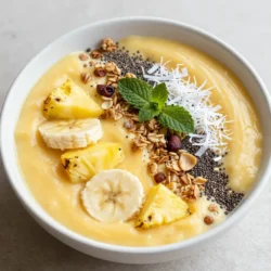 - 1 cup frozen pineapple chunks - 1 banana, sliced - 1 cup coconut milk (or any plant-based milk) - 1 tablespoon maple syrup (optional) - 1 tablespoon chia seeds - ¼ cup granola (for topping) - 2 tablespoons shredded coconut (for garnish) - Fresh mint leaves (for garnish) To start, you need some key ingredients for this smoothie bowl. Frozen pineapple chunks give your bowl a cool, tropical taste. A banana adds a creamy texture and natural sweetness. Coconut milk makes it rich and smooth. If you like it sweeter, you can add maple syrup. Chia seeds are great for nutrition and add a nice crunch. Granola gives a delightful topping, adding a nice bite. Shredded coconut on top brings extra flavor and texture. Finally, fresh mint leaves add a pop of color and freshness. These ingredients work together to create a vibrant, tasty dish. You can mix and match based on your taste. The pineapple and coconut make this bowl feel like a vacation in your mouth! Enjoy the bright flavors and healthy benefits with every spoonful. {{ingredient_image_1}} To start, gather your ingredients. You need frozen pineapple chunks, a sliced banana, and coconut milk. If you like sweetness, add some maple syrup. In a blender, mix the frozen pineapple, banana, coconut milk, and maple syrup. Blend this mix on high speed. Make sure it turns smooth and creamy. If it's too thick, add more coconut milk. Blend again until you get your ideal texture. Once the smoothie base is ready, pour it into a bowl. Take your time to make it look nice. Next, sprinkle chia seeds over the top. These seeds add a nice crunch and are good for you. Now comes the fun part! Sprinkle granola and shredded coconut on the smoothie. Make sure to spread them evenly for a great look. Finally, add fresh mint leaves on top. They give a nice touch and smell wonderful. Serve your smoothie bowl right away. Enjoy the fresh and tasty flavors! To get a creamy smoothie, blend frozen pineapple chunks with a sliced banana. Use one cup of coconut milk for a rich texture. If your smoothie is too thick, add more coconut milk. Blend on high speed until smooth. This helps break down the fruit well. No lumps should remain for a perfect bowl. If you want it sweeter, add maple syrup. You can also use other natural sweeteners. Honey or agave syrup works too. Start with one tablespoon and taste. Adjust to your liking. This will enhance the tropical flavor and balance the tartness of the pineapple. Serving your smoothie bowl well makes it fun. Pour the smoothie into a bowl, then sprinkle chia seeds on top. Add granola for crunch and shredded coconut for a touch of flair. Finish with fresh mint leaves for a pop of color. This makes your bowl look inviting and fresh. Enjoying your creation is part of the fun! Pro Tips Use Fresh Ingredients: For the best flavor, opt for fresh pineapple and ripe bananas when possible, as they enhance the natural sweetness and taste of your smoothie bowl. Adjust Consistency: If you prefer a thicker smoothie bowl, reduce the amount of coconut milk. For a thinner consistency, gradually add more until you reach your desired texture. Experiment with Toppings: Get creative with your toppings! Consider adding nuts, seeds, or different fruits to customize your smoothie bowl to your taste. Chill Your Bowl: For an extra refreshing experience, chill your bowl in the freezer for 10-15 minutes before serving. This keeps your smoothie bowl cold and enjoyable. {{image_2}} You can mix in other tropical fruits for fun. Try adding mango, kiwi, or papaya. Each fruit brings its own taste and color. These fruits blend well with the pineapple and banana. They also add extra vitamins and nutrients. You can even use berries for a twist. Strawberries or blueberries can add a nice tart flavor. Don't be afraid to experiment with your favorites! Toppings make your bowl special. You can use nuts like almonds, cashews, or walnuts. They add a nice crunch. Seeds like pumpkin or sunflower seeds also work well. They boost the health factor too. Dried fruits, like raisins or cranberries, add sweetness. You can mix and match to find your perfect combo. The choices are endless, so get creative! If you want to try different milks, go for it! Almond milk or oat milk can change the flavor. Coconut milk gives a rich, creamy taste. You can also try cashew milk for a nutty twist. Each milk brings its unique style. This way, you can make the smoothie bowl fit your taste. Choose what you love best! To store any leftover smoothie, pour it into a clean jar. Seal it tightly. Place it in the fridge. It keeps well for up to two days. If you want to save it longer, consider freezing. Smoothies lose some creaminess after being stored, so give it a good stir before serving. Yes, you can freeze the smoothie base! Just pour it into an ice cube tray or a freezer-safe bag. If you use a bag, flatten it for easy storage. When you want to enjoy it, thaw it in the fridge overnight. You can also blend the frozen cubes with a little coconut milk for a quick treat. The smoothie bowl stays fresh for about 24 hours in the fridge. If you freeze it, it can last up to a month. However, for the best taste and texture, enjoy it fresh! Always check for changes in smell or color before consuming leftovers. A smoothie bowl is a thick smoothie served in a bowl. You eat it with a spoon, not a straw. It has a creamy texture and is often topped with fruits, seeds, and nuts. Smoothie bowls are colorful and fun to make. They let you get creative with your toppings. You can use any fruit you like, such as bananas, berries, or mangoes. The base is usually made from blended fruits and liquids like coconut milk. Yes, you can make a smoothie bowl ahead of time. Blend your ingredients and store them in the fridge. It stays fresh for about one day. However, it’s best to top it right before serving. If you want to freeze it, pour the mixture into a freezer-safe container. It can last for a month. When you’re ready to eat, let it thaw in the fridge overnight. Blend it again to get the right texture. Yes, there are many health benefits. Pineapple is full of vitamin C, which helps your immune system. Bananas give you potassium, which is good for your heart. Coconut milk adds healthy fats that keep you full. Chia seeds are a great source of fiber and protein. They help with digestion and keep you energized. Using natural sweeteners like maple syrup can reduce added sugars in your diet. Overall, this smoothie bowl is a tasty way to eat healthy! You learned how to make a delicious smoothie bowl with easy steps. We covered key ingredients, like frozen fruits and coconut milk, for a creamy base. I shared tips to tweak sweetness and add fun toppings. You can even explore different fruits or dairy-free options. With proper storage, you can enjoy leftovers too. Embrace the creativity in making your smoothie bowl, and feel the joy of crafting your healthy treat. Enjoy your smoothie bowl adventure and keep experimenting!