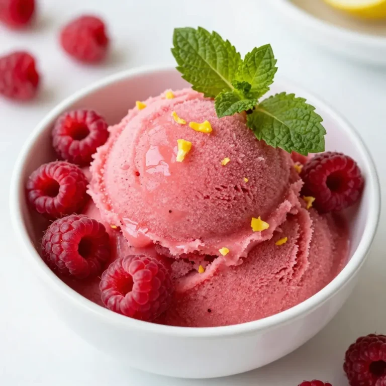 - 2 cups fresh raspberries - 1 cup freshly squeezed lemon juice (about 4-6 lemons) Fresh raspberries bring a sweet and tart flavor. They make the sorbet vibrant and colorful. Use ripe raspberries for the best taste. Fresh lemons add tang and brightness. Squeezing your lemons right before use makes a big difference. The juice should be fresh, not bottled. - 1 cup granulated sugar - 1 cup water - A pinch of salt Granulated sugar is essential for sweetness. It helps balance the tartness of the lemonade. Water is needed to dissolve the sugar. It creates a simple syrup that makes the sorbet smooth. A pinch of salt enhances all the flavors. It may seem small, but salt plays a big role. - Zest of 2 lemons - Garnish suggestions like fresh mint or additional raspberries Lemon zest adds a bright, fragrant note. It enhances the lemon flavor without extra liquid. You can garnish with fresh mint leaves or extra raspberries. This adds color and makes the sorbet look fancy. Presentation matters, and these simple touches make a difference. {{ingredient_image_1}} 1. In a medium saucepan, combine 1 cup of granulated sugar and 1 cup of water over medium heat. 2. Stir until the sugar dissolves completely. This creates a simple syrup. 3. Remove from heat and let it cool. Cooling is important to keep the sorbet smooth. 1. Wash 2 cups of fresh raspberries under cold water. 2. Add the raspberries to a blender or food processor. Blend until smooth. 3. For an extra smooth texture, strain the mixture through a fine mesh sieve to remove seeds. 1. In a large mixing bowl, combine the raspberry puree, 1 cup of freshly squeezed lemon juice, and the zest of 2 lemons. 2. Add the cooled simple syrup and a pinch of salt. Mixing salt enhances the flavors. 3. Stir well until everything is fully mixed together. 1. Pour the mixture into a shallow dish or a sorbet maker. 2. If using a shallow dish, place it in the freezer. Stir the mixture every 30 minutes with a fork. This helps break up ice crystals. 3. After about 3-4 hours, the sorbet should be firm and flaky. If you have a sorbet maker, follow its instructions. 1. Once set, scoop the sorbet into bowls or cones. 2. For extra flair, garnish with fresh mint leaves or more raspberries. This adds color and freshness. 3. Serve immediately for a delightful treat on a hot day! To make your raspberry lemonade sorbet smooth and creamy, focus on preventing ice crystals. Ice crystals form when the sorbet freezes unevenly. Stirring the mixture is key. I recommend stirring every 30 minutes while it freezes. This keeps the texture light and fluffy. Sometimes, you might want to tweak the sweetness. If you find the sorbet too sweet, reduce the sugar by a bit. You can also use natural sweeteners like honey or maple syrup. They add a nice flavor, too. Just remember to adjust the amount based on how sweet you want it. To make your sorbet stand out, think about adding herbs or spices. A hint of fresh mint or basil can give it a new twist. You can also pair your sorbet with sauces or toppings. A drizzle of lemon glaze or fresh berries on top can really elevate the dish. Enjoy experimenting with flavors! Pro Tips Use Fresh Ingredients: The quality of raspberries and lemons will significantly impact the flavor of your sorbet. Always opt for fresh, ripe fruits for the best results. Adjust Sweetness: Depending on your taste preference and the tartness of the lemons, feel free to adjust the amount of sugar in the syrup. Start with less and add more to taste. Straining is Key: For an ultra-smooth sorbet, strain the raspberry puree to remove seeds. This step enhances the texture and makes for a more luxurious treat. Keep it Cold: Ensure all ingredients, especially the lemon juice, are chilled before mixing. This will help the sorbet freeze faster and maintain a smoother consistency. {{image_2}} You can easily switch up the fruits in this recipe. Instead of raspberries, try strawberries or blueberries for a different taste. Mixed berries create a fun flavor blend. If you want something tropical, use mango or pineapple. Their sweet taste pairs well with lemon. Herbs can add a unique twist to your sorbet. Fresh mint gives a refreshing touch. Basil also brings a sweet aroma that surprises the taste buds. You can mix in other citrus flavors too. Orange or lime juice can brighten your sorbet and deepen its flavor. If you want a creamier sorbet, consider using coconut milk or cream. This adds a rich texture while keeping it dairy-free. You can blend it with your raspberry puree. This makes a delicious, tropical-inspired treat. Enjoy this creamy version on hot summer days! To keep your Raspberry Lemonade Sorbet fresh, use an airtight container. Glass or plastic containers work well. Make sure they seal tightly. This helps prevent ice crystals from forming. Label your container with the date to track freshness. When you’re ready to serve your sorbet, take it out of the freezer. Let it sit on the counter for about 5 to 10 minutes. This softens the sorbet just enough for easy scooping. If it’s still too hard, give it a few more minutes. This sorbet lasts about 2 to 3 weeks in the freezer. After that, it may lose flavor. Watch for signs of spoilage, like ice crystals or a change in texture. If it looks icy or dry, it’s best to toss it. Enjoy your sorbet while it's still fresh and tasty! To make this sorbet vegan, replace the granulated sugar with a plant-based sweetener. You can use agave syrup or maple syrup. These options keep the sorbet sweet without using animal products. If you prefer a sugar-free option, try using stevia or erythritol. Adjust the amount based on the sweetness you desire. Yes, you can use frozen raspberries! Just let them thaw slightly before blending. This helps create a smooth puree. You may skip straining if you like the seeds. Frozen raspberries can be a great option when fresh ones are out of season. If you don’t have a sorbet maker, don't worry! You can still make this treat. Pour the sorbet mixture into a shallow dish and place it in the freezer. Stir it with a fork every 30 minutes. This breaks up ice crystals. Keep stirring until it becomes firm and flaky, which takes about 3-4 hours. To boost the lemon flavor, use fresh lemon zest. It adds a bright and fragrant note. You can also add more lemon juice if you like it tart. For a unique twist, try adding a small amount of lemon extract. Just a few drops can really intensify the citrus taste. Yes, Raspberry Lemonade Sorbet is gluten-free! All the ingredients used are naturally gluten-free. You can enjoy this sorbet without any worries about gluten allergens. It's a perfect refreshing treat for everyone, including those with gluten sensitivities. This blog post covered how to make Raspberry Lemonade Sorbet using fresh ingredients and pantry staples. I shared easy steps, tips for perfect texture, and fun variations. Remember, experimenting can lead to new flavors and your own twist. Storing and thawing the sorbet properly keeps it fresh for longer. Enjoy your delicious sorbet creation and impress your friends with your skills! This treat is simple, fun, and sure to please everyone.