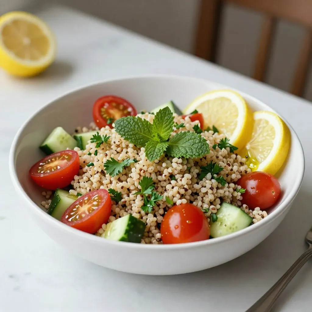 - 1 cup quinoa, rinsed - 2 cups vegetable broth or water - 1 cup cherry tomatoes, halved - 1 cucumber, diced - 1 bell pepper (any color), diced - 1/4 cup red onion, finely chopped - 1/4 cup fresh parsley, chopped - 1/4 cup fresh mint, chopped When I create this salad, I always start with high-quality quinoa. Quinoa is packed with protein and fiber. Rinsing it removes any bitter taste. I usually use vegetable broth for more flavor, but water works too. I love to add fresh vegetables to my salad. Cherry tomatoes bring sweetness, while cucumbers add crunch. Bell peppers bring color and more crunch. Red onion adds a nice bite, but you can reduce it if you prefer a milder taste. Fresh herbs are key to this dish. Parsley gives a fresh taste, while mint adds a unique twist. Together, they make the salad bright and inviting. - 1/4 cup olive oil - 3 tablespoons lemon juice - Zest of 1 lemon - Salt and pepper to taste For the dressing, I use good olive oil. It adds richness and depth. Fresh lemon juice brightens the dish, and the zest gives an extra burst of flavor. I always add salt and pepper to balance the taste. Mixing the dressing well is important. It should coat every ingredient in the salad. - Other vegetables (suggestions for customization) - Nuts or seeds for added crunch You can customize this salad with other vegetables. Carrots or radishes add nice flavors and colors. I also like to toss in nuts or seeds for extra crunch. Almonds or sunflower seeds work great! Feel free to get creative. This salad is flexible and fun to make. {{ingredient_image_1}} To start, combine 1 cup of rinsed quinoa with 2 cups of vegetable broth or water in a medium saucepan. Bring this mix to a boil over medium-high heat. Once it boils, reduce the heat to low and cover the pot. Cook for about 15 minutes. The quinoa should absorb all the liquid and become fluffy. Remove the pot from heat and let it cool slightly. While the quinoa cools, chop your fresh veggies. Use 1 cup of halved cherry tomatoes, 1 diced cucumber, 1 diced bell pepper, and 1/4 cup of finely chopped red onion. Place these colorful veggies into a large mixing bowl. Their bright colors will make the salad pop! Next, grab a small bowl to whisk together your dressing. Mix 1/4 cup of olive oil, 3 tablespoons of lemon juice, and the zest of 1 lemon. Add salt and pepper to taste. Whisk until the dressing is well combined and smooth. Once your quinoa has cooled, add it to the bowl with the chopped vegetables. Pour your dressing over the top, and then add 1/4 cup each of chopped parsley and mint. Gently fold all the ingredients together. Make sure everything is well coated with the dressing. Taste the salad and adjust the seasoning if needed. Let it sit for at least 15 minutes before serving to let those flavors meld. To make great quinoa, start by rinsing it well. Rinsing removes a bitter coating called saponin. Use a fine mesh strainer to wash the quinoa under cold water for about 30 seconds. When cooking, use two cups of liquid for every cup of quinoa. Bring the water or broth to a boil. Then, lower the heat and cover the pot. Cook for about 15 minutes. Check that all the liquid is absorbed. Let it sit off the heat for a few minutes, then fluff it with a fork. Taste is key in this salad. Adjust the seasoning to your liking. A little more salt or pepper can make a big difference. If you want more zing, add extra lemon juice or zest. You can also play with herbs. Fresh parsley and mint are great, but try adding basil or cilantro. Spices like cumin or paprika can also bring new layers of flavor. Presentation matters. Serve the salad in a large, shallow bowl. Add lemon wedges and a sprinkle of fresh herbs on top. This makes the dish look fresh and inviting. For protein options, grilled chicken, shrimp, or chickpeas pair well. You can also serve it with light appetizers, like hummus and pita. This makes a full meal that is both healthy and satisfying. Pro Tips Rinse the Quinoa: Rinsing the quinoa before cooking helps to remove its natural coating, called saponin, which can give it a bitter taste. Chill Before Serving: Allow the salad to chill in the refrigerator for at least 15 minutes after mixing. This enhances the flavors and makes for a refreshing dish. Customize Your Veggies: Feel free to swap in your favorite vegetables or whatever you have on hand. Zucchini, carrots, or even avocado work great! Make It Ahead: This salad can be made a day in advance. Just keep it covered in the fridge to maintain freshness, and add herbs just before serving. {{image_2}} You can change up the dressing in many fun ways. Try using different types of vinegar. Apple cider vinegar adds a sweet note. Balsamic vinegar gives a rich flavor. You can also add spices for extra flavor. A pinch of cumin or paprika can really enhance the taste. Feel free to swap ingredients based on what you have. Use seasonal vegetables for freshness. If you prefer, add roasted sweet potatoes or carrots. This salad is also great for vegan and gluten-free diets. Just use vegetable broth and check labels on dressings for gluten-free options. You can add a Mediterranean twist with olives and feta cheese. This gives a salty kick to the salad. Or, try a Southwestern version with black beans and corn. This combination adds protein and a nice crunch. Both options make the dish more exciting and flavorful! To keep your Lemon Herb Quinoa Salad fresh, use an airtight container. Glass containers work well. They keep the salad safe and let you see the vibrant colors. Make sure to cool the salad before sealing it. This helps prevent moisture buildup. If you plan to store it for a few days, keep the dressing separate. This keeps the veggies crisp and bright. In the fridge, this salad lasts for about 3 to 5 days. It stays fresh when stored properly. Check for any signs of spoilage, like off smells or mushy veggies. If it looks or smells bad, it’s best to toss it. For leftovers, you can enjoy your salad cold or at room temperature. If you prefer it warm, gently heat it in a pan over low heat. Stir it often to warm it evenly. Avoid using a microwave, as it can make the veggies soft. Add a splash of olive oil or lemon juice to boost the flavor when reheating. You can make Lemon Herb Quinoa Salad ahead of time. Start by cooking the quinoa and letting it cool. Chop the vegetables in advance and store them in separate containers. Mix the dressing and store it in a jar. Combine all the parts when you are ready to serve. This way, you keep each ingredient fresh and tasty. Yes, you can freeze Lemon Herb Quinoa Salad. Place the salad in an airtight container. Leave out the dressing and fresh herbs when freezing. They do not freeze well. To enjoy later, thaw the salad in the fridge overnight. Add the dressing and herbs before serving for the best flavor. Lemon Herb Quinoa Salad pairs well with many proteins. Try grilled chicken, shrimp, or tofu for a full meal. You can also serve it with a side of hummus and pita. For a light lunch, serve it with a piece of crusty bread. This salad is versatile and can fit many meals. Yes, Lemon Herb Quinoa Salad is very healthy. Quinoa is a great source of protein and fiber. The fresh vegetables add vitamins and minerals. Olive oil provides healthy fats. This salad is low in calories and packed with nutrients, making it a smart choice for any meal. This article covered how to make a tasty Lemon Herb Quinoa Salad. We explored the main ingredients, dressing components, and optional add-ins to customize your dish. Cooking tips helped ensure fluffy quinoa and flavorful enhancements. You can try variations and find the best storage methods for leftovers. This salad is healthy and perfect for any meal. Enjoy making it your own!