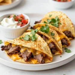 To make garlic butter steak quesadillas, gather these simple ingredients: - Flank steak (1 lb, thinly sliced) - Flour tortillas (4 large) - Pepper jack cheese (1 cup, shredded) - Cheddar cheese (1 cup, shredded) - Unsalted butter (4 tablespoons) - Garlic (4 cloves, minced) - Smoked paprika (1 teaspoon) - Ground cumin (1 teaspoon) - Salt and pepper (to taste) - Cilantro (fresh, chopped for garnish) - Sour cream and salsa (for serving) These ingredients blend well together. The flank steak brings a rich flavor, while the cheeses add creaminess. Garlic and spices enhance the taste and aroma. Flour tortillas are perfect for wrapping all these delicious fillings. Don't forget the garnishes for a fresh finish! {{ingredient_image_1}} To start, I mix the flank steak with spices. In a bowl, combine smoked paprika, cumin, salt, and pepper. Toss in the sliced steak. I let it marinate for at least 15 minutes. This time helps the flavors soak in well. In a large skillet, I melt 2 tablespoons of butter over medium-high heat. Once the butter is hot, I add the marinated steak. I cook it for about 3-4 minutes. It should be browned and cooked through. Near the end, I add minced garlic for extra flavor. After cooking, I remove the steak from heat and set it aside. Next, I lower the heat to medium. I place one flour tortilla in the skillet. On top, I layer some of the cooked steak. Then, I add a mix of pepper jack and cheddar cheese. For a crispy quesadilla, I press down gently with a spatula. After that, I place another tortilla on top. I cook it for about 2-3 minutes until the bottom is golden. Flipping the quesadilla is key. I carefully use a spatula to turn it over. I add the remaining 2 tablespoons of butter around the edges. This allows the butter to seep in while it cooks. I let it cook for another 2-3 minutes. The cheese should melt, and the tortilla will turn golden brown. Once done, I remove it from the skillet and let it rest for a minute before slicing. I garnish with chopped cilantro for a fresh touch. To make great quesadillas, start with the right cut. I recommend flank steak. It is tender and full of flavor. When you slice the steak, cut against the grain. This helps keep it juicy. Marinating is key to flavor. I use smoked paprika and cumin. Mix these with salt and pepper, then add the sliced steak. Let it sit for at least 15 minutes. This short time really boosts the taste. You can boost the flavor by adding spices. Try a pinch of chili powder or cayenne for heat. You can also use different cheeses. Gouda or Monterey Jack work well too. If you want a smoky taste, grill the quesadillas instead. Just heat them on a grill pan for a few minutes. Baking is another option. Set your oven to 400°F, and bake until golden. Pair your quesadillas with sides that balance the meal. A fresh salad with lime dressing works well. You can also serve them with chips and guacamole. Don’t forget the dips! Sour cream and salsa are classic choices. They add creaminess and tang. Enjoy your meal with friends or family for a fun gathering! Pro Tips Resting the Steak: Let the cooked steak rest for a few minutes before slicing. This helps the juices redistribute, resulting in a more flavorful and tender meat. Cheese Choices: Feel free to mix and match cheeses. Adding a bit of mozzarella can enhance the meltiness, while a sharp cheddar can add more flavor. Crispier Tortillas: For extra crispy quesadillas, brush the tortillas lightly with olive oil before cooking. This adds flavor and helps achieve that golden, crunchy texture. Make Ahead: You can prepare the steak and cheese filling ahead of time. Just assemble the quesadillas when you're ready to eat for a quick and easy meal. {{image_2}} If you want to mix it up, try using chicken or shrimp. Both options work well in quesadillas. For chicken, grill or sauté it with seasonings like paprika and cumin. Cook it until it’s juicy and tender. Use the same method for shrimp, but cook it for less time. You can also go vegetarian. Use mushrooms, bell peppers, or zucchini as a hearty filling. Just sauté the veggies until soft for great flavor. While pepper jack and cheddar are delicious, feel free to experiment with different cheeses. Monterey Jack adds creaminess, while feta gives a tangy kick. You can even use a mix of mozzarella and gouda for a rich taste. Each cheese brings its own unique flavor, so have fun discovering your favorites! Want to boost the flavor? Add some fresh veggies like spinach or diced tomatoes. They add color and nutrition too. If you like heat, drizzle some hot sauce inside the quesadilla. You could also toss in some jalapeños for an extra spicy kick. These additions make your quesadillas unique and exciting! To keep your quesadillas fresh, you should refrigerate them. Place them in an airtight container. You can also wrap them in plastic wrap. This keeps them from drying out. Reheat them in a skillet over medium heat for a few minutes. You can also use the microwave, but they may get soggy that way. Freezing is a great option if you want to save some quesadillas for later. Let them cool completely before freezing. Wrap each quesadilla in foil or plastic wrap. Then, place them in a freezer-safe bag. When you want to eat them, thaw in the fridge overnight. Reheat in a skillet for best results. In the fridge, your quesadillas will last about 3 to 4 days. If you freeze them, they can last up to 2 months. Be sure to label your containers with the date. This way, you’ll know when to enjoy them again. I prefer flank steak for quesadillas. It has great flavor and cooks fast. You can also use skirt steak or sirloin for a tasty option. When you slice it thin, it becomes tender and easy to eat. Just remember to cut against the grain for the best texture. Yes, you can prepare them ahead of time. Cook the steak and assemble the quesadillas. Just store them in the fridge until you are ready to cook. You can also freeze them. Just make sure to wrap them well in plastic wrap. When you’re ready, heat them in a skillet until crispy and warm. To get extra crispy quesadillas, use a good amount of butter. This helps create a golden crust. Cook them over medium heat, allowing the tortillas to crisp up slowly. Flipping them gently also helps keep the filling inside. You can also use a press or weigh them down with a skillet while they cook. Sour cream and salsa are classic dips for quesadillas. You can also try guacamole for a creamy touch. For a spicy kick, consider a chipotle mayo or a zesty ranch dip. These dips add flavor and make each bite even more enjoyable. In this blog post, we explored how to make delicious garlic butter steak quesadillas. You learned about the key ingredients, step-by-step cooking instructions, and helpful tips for perfecting your dish. Remember to experiment with flavors and variations to make it your own. Quesadillas can be a fun and tasty meal for any occasion. Enjoy cooking, and share your creations with friends and family. Happy cooking!