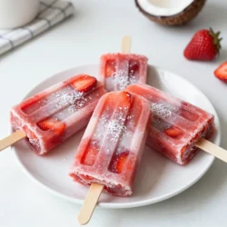 To make these tasty popsicles, gather these simple ingredients: - 2 cups fresh strawberries, hulled and sliced - 1 cup coconut milk (full-fat for creaminess) - 2 tablespoons honey or maple syrup (adjust based on sweetness preference) - 1 tablespoon fresh lime juice - A pinch of salt - Optional: shredded coconut for texture You can switch out some ingredients if you need to. Here are some ideas: - Use almond milk instead of coconut milk for a nutty flavor. - Agave syrup can replace honey or maple syrup for a vegan option. - If you donβt have fresh strawberries, try frozen strawberries. They work well too! - For a zesty twist, use lemon juice instead of lime juice. Using high-quality ingredients makes a big difference in taste. Here are some tips: - Choose ripe, bright red strawberries. They should be sweet and fragrant. - Select full-fat coconut milk for a rich and creamy texture. - If possible, use raw honey or pure maple syrup for the best flavor. - Fresh lime juice gives a bright taste. Fresh is always better than bottled. These tips help you create the best strawberry coconut popsicles. Enjoy your time in the kitchen! {{ingredient_image_1}} To start, gather your ingredients. You need fresh strawberries, coconut milk, honey or maple syrup, lime juice, and a pinch of salt. First, slice your strawberries. Then, toss them into a blender. Add the coconut milk, honey, lime juice, and salt. Blend everything until it is smooth and creamy. After blending, taste the mixture. If you want it sweeter, add more honey or syrup. Blend again to mix well. Next, pour a layer of the mixture into popsicle molds. Fill them about halfway. If you like, sprinkle shredded coconut into each mold for extra texture. Now, freeze the molds for about 1 to 2 hours. You want the mixture to be slightly firm, but not hard. After that, take them out of the freezer. Pour more of the mixture into the molds to fill them completely. Insert popsicle sticks and return them to the freezer. Freeze for at least 4 to 6 hours, or until fully set. When blending, make sure to use fresh strawberries. This will give your popsicles a great taste. If your blender struggles, add a bit more coconut milk. This can help achieve a smooth texture. Always taste the mixture before freezing. Adjust the sweetness as needed. If you want a fun twist, try adding other fruits. Pineapple or mango can add a nice flavor. Just remember to balance the sweetness. Freezing is key for great popsicles. Make sure you leave enough time for them to freeze completely. After at least 4 to 6 hours, check if they are ready. To unmold, run warm water over the outside of the molds for a few seconds. This helps loosen the popsicles. Gently pull them out. If they donβt come out easily, run the water for a bit longer. Enjoy your creamy, fruity treat! To get a creamy texture, use full-fat coconut milk. It provides a rich and smooth base. Blend your ingredients until they are completely smooth. If you notice chunks, blend longer. You can also chill your coconut milk before blending. This step can enhance creaminess. Start with two tablespoons of honey or maple syrup. After blending, taste your mixture. If itβs not sweet enough, add more syrup. Blend again to mix it well. Remember, fresh strawberries can vary in sweetness. Adjust based on your taste. A high-speed blender works best for this recipe. It ensures a smooth blend of strawberries and coconut milk. If you have a hand blender, that can work too. Just make sure to blend thoroughly. For popsicle molds, choose silicone or plastic. They make it easy to remove the popsicles later. Pro Tips Use Frozen Strawberries: If fresh strawberries are not available, you can use frozen strawberries. Just make sure to let them thaw slightly before blending for the best texture. Customize the Sweetness: Adjust the amount of honey or maple syrup to suit your taste. You can also try adding a little stevia or agave syrup for a different flavor profile. Try Different Fruits: Experiment with other fruits like mango, pineapple, or blueberries for a unique twist on these popsicles! Layering Technique: For a fun presentation, create layers by alternating between the strawberry-coconut mixture and shredded coconut before freezing. {{image_2}} You can make these popsicles without dairy. Use coconut milk as the base. It adds creaminess and flavor. Almond or oat milk are great substitutes too. They keep the popsicles light and refreshing. If you want a richer taste, use full-fat coconut milk. This gives a thick and creamy texture. Get creative with your popsicles! You can add other fruits like mango or banana. They blend well with strawberries and coconut. You could even mix in blueberries or raspberries for a berry twist. Citrus fruits like orange or lemon can brighten the flavor. Just remember to balance sweetness with lime juice or honey. For a fun texture, add some mix-ins. Shredded coconut is a great choice for a chewy bite. You can also try chopped nuts like almonds or cashews. They add crunch and a healthy touch. Chocolate chips can bring a sweet surprise in every bite. Just sprinkle the mix-ins in the molds before freezing. Storing your homemade strawberry coconut popsicles is simple. Place them in an airtight container or a zip-top bag. This keeps them fresh and prevents freezer burn. If you use a bag, squeeze out as much air as possible before sealing. This helps maintain their creamy texture and flavor. These popsicles stay good for about two to three months in the freezer. After that, they may lose their taste or texture. For best results, eat them within that time frame. Always label your container with the date. This way, you know when they were made. Reusing your popsicle molds is easy and eco-friendly. After using them, wash the molds with warm, soapy water. Rinse well to remove any soap. Let them dry completely before using again. If your molds have stains, soak them in a mix of water and vinegar. This helps keep them clean and ready for your next batch of popsicles. Yes, you can. Use yogurt or almond milk instead. This will change the taste and texture. Yogurt gives a creamier feel, while almond milk is lighter. Adjust the sweetness with honey or syrup to balance the flavors. The initial freeze takes about 1-2 hours. After adding more mixture, freeze for at least 4-6 hours. The longer you freeze, the firmer they get. Plan for a total of 6 hours for best results. Strawberries are rich in vitamin C and antioxidants. They help boost your immune system. Coconut provides healthy fats that can aid digestion. Together, they make a tasty treat that also offers nutrition. Enjoying these popsicles means indulging in a treat that is both fun and good for you. You learned how to make tasty strawberry coconut popsicles today. We covered key ingredients, substitutions, and tips for the best texture. I shared step-by-step directions to blend, freeze, and unmold your treats. You now know storage tips to keep them fresh and variations to try. I hope you feel excited to make your own popsicles. They are simple and fun to create. Enjoy experimenting with flavors and sharing them with friends. You can make a healthy treat that everyone will love.