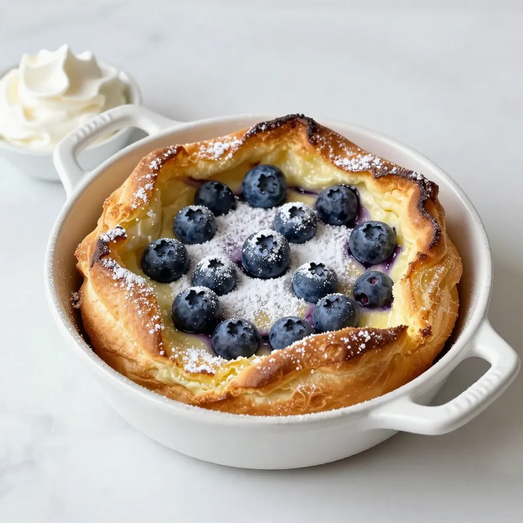 To make a Lemon Blueberry Dutch Baby, gather these key ingredients: - 1/2 cup all-purpose flour - 1/2 cup milk - 2 large eggs - 1/4 cup granulated sugar - 1 teaspoon vanilla extract - 1 tablespoon lemon juice - Zest of 1 lemon - 1/4 teaspoon salt - 2 tablespoons unsalted butter - 1 cup fresh blueberries - Powdered sugar for dusting These ingredients create a fluffy and flavorful breakfast. The lemon juice and zest add a bright taste. The blueberries bring sweetness and color. Some tasty toppings can enhance your Dutch Baby: - Whipped cream - Fresh mint leaves - More fresh blueberries - A drizzle of honey or maple syrup These toppings can make your dish even more special. They add creaminess and extra sweetness. If you need to change any ingredients, here are some ideas: - Use almond milk instead of regular milk. - Swap granulated sugar for coconut sugar. - Replace all-purpose flour with a gluten-free blend. - Use a dairy-free butter for a vegan option. These substitutions keep the dish delicious while fitting your needs. Enjoy your cooking with these tips! {{ingredient_image_1}} Start by preheating your oven to 425°F (220°C). This high heat helps the Dutch baby puff up. Gather your ingredients: all-purpose flour, milk, eggs, granulated sugar, vanilla extract, lemon juice, lemon zest, salt, and blueberries. Don't forget the unsalted butter for the pan. In a bowl, whisk together the flour, milk, eggs, granulated sugar, vanilla, lemon juice, lemon zest, and salt. Make sure the mixture is smooth and slightly frothy. This helps create a light texture. In a 10-inch cast-iron skillet, melt the butter on medium heat. Swirl the butter to coat the pan. Once bubbling, pour in the batter. Sprinkle the fresh blueberries over the top. Carefully place the skillet in the oven. Bake for 20 to 25 minutes. Look for puffed edges and a golden brown top. After baking, remove it from the oven. It will deflate a bit. Dust the top with powdered sugar. Serve warm, and add whipped cream if you like. Enjoy your flavorful breakfast! To get that perfect puff, preheat your oven well. Use a cast-iron skillet; it holds heat well. When you pour the batter, make sure to add the blueberries evenly. This way, they help create a beautiful rise. Don’t open the oven door while it bakes. This keeps the heat steady and helps it rise. One common mistake is not whisking the batter enough. The batter needs to be smooth and slightly frothy. If it is too thick, the Dutch baby may not rise well. Another mistake is not using enough butter in the pan. The butter adds flavor and helps the puff cook evenly. I love serving this dish warm from the skillet. Dust it with powdered sugar for a sweet touch. You can also add a dollop of whipped cream for extra creaminess. Fresh lemon zest on top brightens the flavor. Pair it with a side of crispy bacon or sausage for a hearty breakfast. Enjoy it with a cup of coffee or tea to complete the meal. Pro Tips Use Room Temperature Eggs: For a fluffier Dutch baby, make sure your eggs are at room temperature before mixing them into the batter. Don’t Open the Oven: Avoid opening the oven door while the Dutch baby is baking, as this can cause it to deflate prematurely. Experiment with Berries: Feel free to swap out blueberries for other berries like raspberries or strawberries for a different flavor profile. Serve Immediately: Dutch babies are best enjoyed straight from the oven while they are still puffed and warm, so have your toppings ready to go! {{image_2}} You can swap blueberries for other fruits. Try sliced strawberries or raspberries. Peaches add a sweet twist. Just keep the amount around one cup. Mix and match for fun flavors. Each fruit brings its own taste. This keeps breakfast exciting and fresh. To make this dish gluten-free, use a gluten-free flour blend. Look for blends that substitute one-to-one for all-purpose flour. The texture will change slightly, but the taste stays great. You can enjoy this dish without worry. It’s a tasty option for everyone. Spices can enhance the flavor of your Dutch baby. A pinch of cinnamon adds warmth. Nutmeg can bring a cozy taste. You might also try cardamom for a unique twist. Just remember, less is more with spices. A little goes a long way. Experiment to find your favorite mix! To store your leftover Lemon Blueberry Dutch Baby, let it cool first. Once cool, cover it tightly with plastic wrap or foil. You can also use an airtight container. Keep it in the fridge for up to three days. This way, you can enjoy your tasty breakfast later. To reheat, place the Dutch baby in an oven-safe dish. Preheat your oven to 350°F (175°C). Heat for about 10-15 minutes. You want it warm but not dry. If you prefer a quicker method, you can use the microwave. Heat in 30-second intervals until warm. You can freeze the Dutch baby too! Once it has cooled completely, slice it into portions. Wrap each piece in plastic wrap, then place in a freezer bag. Squeeze out any air before sealing. Store it in the freezer for up to two months. When you're ready to eat, thaw it in the fridge overnight and reheat as mentioned above. A Dutch baby is a fluffy pancake baked in the oven. It puffs up tall and has a light, airy texture. This dish often has a base of eggs, flour, and milk. You can top it with fruits, like blueberries or apples, and dust it with powdered sugar. It's perfect for breakfast or brunch. You can prepare the batter ahead of time. Mix the ingredients and store them in the fridge for up to 2 hours. When you're ready, just pour it into the skillet and bake. However, I recommend baking it fresh for the best rise and fluffiness. Check for a golden brown color around the edges. The center should be slightly puffed and set. If it jiggles, give it a few more minutes. It will deflate a bit once you take it out of the oven. Yes, you can use frozen blueberries! Just toss them in a bit of flour to help them stay suspended in the batter. They may release some juice, which adds flavor. However, fresh blueberries give the best texture and taste. You learned about making a Dutch Baby, from the ingredients to storage. We covered required items, easy swaps, and toppings. I shared tips for a perfect puff and common mistakes. You found variations to try and how to store leftovers. Enjoy making your Dutch Baby! Experiment with flavors, and have fun serving it. This recipe is forgiving and versatile, making it great for any meal. Happy cooking!
