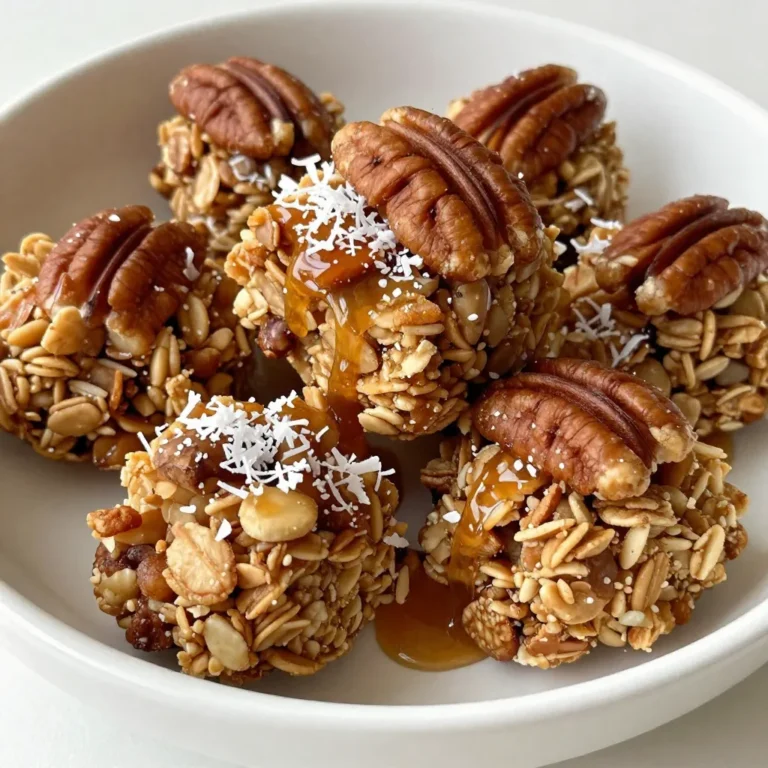 To make Maple Pecan Granola Clusters, you will need: - 2 cups rolled oats - 1 cup pecans, roughly chopped - 1/2 cup unsweetened shredded coconut - 1/2 cup maple syrup - 1/4 cup coconut oil, melted - 1/4 teaspoon salt - 1/2 teaspoon cinnamon These ingredients create a simple yet tasty treat. The oats provide a great base, while pecans add crunch. Coconut gives a nice flavor, and maple syrup adds sweetness. You can customize your granola by adding: - 1/2 cup mini dark chocolate chips - Dried fruits, like cranberries or raisins - Chia seeds or flaxseeds for extra nutrition These add-ins can enhance the taste and make your clusters more fun to eat. Feel free to mix and match as you like. This recipe yields about ten servings. Each serving contains: - Calories: Approximately 200 - Protein: 3g - Carbohydrates: 20g - Fat: 12g - Sugar: 8g These granola clusters offer a balance of healthy fats and carbs. They make a great snack or breakfast option. Enjoy them with yogurt or milk! {{ingredient_image_1}} Start by setting your oven to 350°F (175°C). This warm heat will help our granola crisp up nicely. Next, grab a baking sheet and line it with parchment paper. This keeps the granola from sticking and makes cleanup easy. In a big bowl, add 2 cups of rolled oats. Then, toss in 1 cup of roughly chopped pecans and 1/2 cup of unsweetened shredded coconut. Don't forget to add 1/4 teaspoon of salt and 1/2 teaspoon of cinnamon. Use a spoon to mix everything well. You want the dry ingredients evenly spread so each bite has flavor. In another bowl, take 1/4 cup of melted coconut oil and mix it with 1/2 cup of maple syrup. Whisk them together until they are fully blended. This sweet and rich mix will coat the dry ingredients nicely. Now, pour the wet mix over the dry ingredients. Stir gently until everything is coated. Spread the mix on the lined baking sheet, pressing it down firmly. Bake this in your preheated oven for 20-25 minutes. Check it often to avoid burning. When it turns golden brown, take it out and let it cool completely on the sheet. This cooling time helps the granola stick together in clusters. Once cool, break it into pieces with your hands. If you like chocolate, mix in 1/2 cup of mini dark chocolate chips. Store your delicious clusters in an airtight container at room temperature for up to two weeks. To stop your granola from burning, keep a close eye on it while baking. Set a timer for 20 minutes and check every few minutes after that. If the edges start to brown too fast, take the baking sheet out. You can always put it back in if needed. To get those perfect clusters, press the granola down firmly on the baking sheet before baking. The more you press, the better the clusters will stick together. Let it cool completely on the sheet after baking. This step is key for great clusters! Serve your granola clusters in clear jars or bowls. This way, you show off the pretty layers. You can add a sprinkle of extra pecans on top for a nice touch. Pair it with yogurt or milk for a tasty breakfast or snack. Pro Tips Use Fresh Ingredients: Always use fresh oats and nuts for the best flavor and texture in your granola clusters. Customize Your Nuts: Feel free to swap pecans for other nuts like almonds or walnuts to suit your taste preferences. Keep an Eye on Baking: Ovens vary, so check your granola often to avoid burning, especially towards the end of the baking time. Experiment with Flavors: Add spices like nutmeg or vanilla extract for an extra layer of flavor in your granola clusters. {{image_2}} You can change the flavor of your granola easily. Swap out pecans for your favorite nuts. Almonds or walnuts work great too. Add dried fruits like cranberries, raisins, or apricots for sweetness. You can also try adding seeds like pumpkin or sunflower for crunch. Each swap gives a new twist to your clusters. If you need nut-free granola, use seeds instead of nuts. Sunflower seeds are an excellent choice. For a vegan version, skip the chocolate chips or use dairy-free ones. You can also replace the maple syrup with agave syrup. This keeps it sweet without using animal products. Maple syrup is sweet and rich, but other sweeteners work too. Honey adds a nice floral note. If you prefer a lighter sweet taste, use agave syrup. You can even try brown rice syrup for a different flavor. Each sweetener changes the taste and texture of your granola. To keep your Maple Pecan Granola Clusters fresh, use an airtight container. Glass jars or plastic containers work well. Ensure the container is cool and dry. Store it away from sunlight and heat. When stored properly, your granola clusters last up to two weeks. After this time, they may lose their crunch. Check for any off smells or changes in texture before eating. You can freeze Maple Pecan Granola Clusters for longer storage. Place clusters in a freezer-safe bag or container. Be sure to remove excess air to prevent freezer burn. They stay good for up to three months. To enjoy, thaw in the fridge overnight or at room temperature for a few hours. Yes, you can use quick oats. However, the texture will change. Quick oats cook faster and may make your granola less chewy. Rolled oats give a nice crunch. For the best results, I recommend sticking with rolled oats. You can use butter or any neutral oil. Olive oil works fine too. These options will change the flavor slightly. If you want a dairy-free option, use vegetable oil or canola oil. Skip the chocolate chips. You can add dried fruits like raisins or cranberries instead. These add sweetness and chewiness. You can also add more nuts or seeds for a crunchier texture. Yes, this recipe is gluten-free. Just ensure your oats are labeled gluten-free. Some oats can be cross-contaminated with gluten during processing. Always check the packaging for safety. Maple pecan granola clusters are easy and fun to make. We covered essential ingredients, mixing methods, and baking steps. I shared tips to avoid burning and ensure perfect clusters. You can also play with flavors and substitutions. Don’t forget how to store your granola for freshness. With these tips, you can enjoy a tasty snack anytime. Try this recipe and savor the deliciousness!