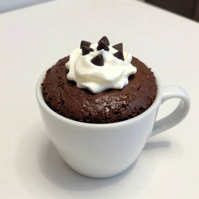 To make your chocolate fudge mug cake, gather these simple ingredients: - 4 tablespoons all-purpose flour - 4 tablespoons granulated sugar - 2 tablespoons unsweetened cocoa powder - 1/8 teaspoon baking powder - A pinch of salt - 3 tablespoons milk (or non-dairy milk) - 2 tablespoons vegetable oil (or melted butter) - 1/4 teaspoon vanilla extract - 2 tablespoons chocolate chips (optional for extra fudginess) Each ingredient plays a key role in creating a rich and moist cake. The all-purpose flour gives structure, while sugar adds sweetness. Cocoa powder gives that deep chocolate flavor. Baking powder makes the cake rise, and salt balances the sweetness. You can customize your mug cake with milk or a non-dairy alternative. The vegetable oil or melted butter keeps it moist. Vanilla extract enhances the flavor. If you want a gooey treat, toss in chocolate chips. Make sure to measure each ingredient carefully. This ensures you get the best texture and taste. The fun part is that you can easily swap ingredients based on what you have at home. Each choice can change your cake in a unique way! {{ingredient_image_1}} - Mixing the dry ingredients In a large microwave-safe mug, add 4 tablespoons of all-purpose flour, 4 tablespoons of granulated sugar, 2 tablespoons of unsweetened cocoa powder, 1/8 teaspoon of baking powder, and a pinch of salt. Stir well until everything is combined. This mix gives your cake a light and fluffy base. - Adding wet ingredients Now, pour in 3 tablespoons of milk and 2 tablespoons of vegetable oil. Add 1/4 teaspoon of vanilla extract for flavor. Mix these wet ingredients into the dry ones. Stir until the batter is smooth and free of lumps. This step is key for a good texture. - Incorporating chocolate chips If you want extra fudginess, now is the time to fold in 2 tablespoons of chocolate chips. Make sure they are evenly mixed throughout the batter. This adds little bursts of chocolate flavor to every bite. - Microwaving the cake Place the mug in the microwave and cook on high for about 1 minute and 30 seconds. Cooking time may vary based on your microwave's wattage. Watch the cake rise; it should look set in the center and still moist. - Checking doneness After microwaving, check if the cake is done. It should be firm but not dry. If it needs more time, microwave in 10-second bursts until it is perfect. Once done, let the mug cake cool for a minute before you dig in. Enjoy your delicious treat! To get a moist texture in your mug cake, use fresh ingredients. Old flour can dry out your cake. When you mix the wet and dry ingredients, stir gently. This keeps air in the batter. If you overmix, your cake may turn out tough. Adjusting the microwave time is key. Most microwaves are different. My microwave cooks this cake in about 1 minute and 30 seconds. If yours is more powerful, start with 1 minute. Keep an eye on it. The cake should rise and look set, but still moist. One common mistake is overmixing the batter. Mix just until combined. This helps keep the cake light and fluffy. Another issue is using too much flour. Always measure carefully. Too much flour makes the cake dry and dense. Stick to the recipe for the best results. Pro Tips Use a larger mug: A larger mug allows the cake to rise without spilling over, ensuring an even cook. Check microwave wattage: Microwaves vary in power; adjust the cooking time based on your appliance for perfect results. Add a pinch of espresso powder: This can enhance the chocolate flavor, making your mug cake even more decadent. Experiment with toppings: Try adding nuts, fruit, or flavored whipped cream for a personalized touch to your mug cake. {{image_2}} You can change some ingredients in your chocolate fudge mug cake. For a gluten-free option, try using almond flour or a gluten-free blend. They work well and keep the cake moist. If you want to make it dairy-free, use almond milk or coconut milk instead of regular milk. You can also switch the vegetable oil for melted coconut oil. Want to add a twist? Toss in some nuts or dried fruit. Walnuts or pecans give a nice crunch. Dried cherries or raisins add sweetness. You can also use different extracts to change the flavor. Almond extract gives a nice nutty touch, while mint extract adds a refreshing taste. Try these options to create your perfect mug cake! To store leftover cake, let it cool down first. Then, cover the mug with plastic wrap. You can also transfer it to an airtight container. This keeps the cake fresh. Avoid leaving it open to the air, as it will dry out. When you want to eat it again, reheating is easy. Just pop the mug back in the microwave. Heat it for about 15 to 30 seconds. Check if it is warm enough. If not, add a few more seconds. The cake lasts about 2 days at room temperature. If you place it in the fridge, it can stay fresh for about a week. Just remember, the longer it sits, the drier it may become. Can I make this recipe without a microwave? Yes, you can! You can bake the mug cake in a regular oven. Preheat your oven to 350°F (175°C). Pour the batter into an oven-safe mug. Bake for about 15 to 20 minutes. Check if it’s done by inserting a toothpick. If it comes out clean, it's ready. How do I make multiple servings? To make more than one mug cake, just multiply the ingredients. Use the same amounts for each mug. You can mix the batter in a bowl first. Then, pour equal amounts into each mug. Cook in batches if your microwave is small. Can I double the recipe in a larger mug? Yes, you can double the recipe if your mug is big enough. Just remember that cooking time may change. Start with 2 to 3 minutes and check for doneness. The cake should rise and be set in the middle. Is it possible to use less sugar? Absolutely! You can reduce the sugar by a tablespoon or two. This will still give you a tasty cake, but it may taste less sweet. You can also add a bit of fruit or chocolate chips for natural sweetness. This blog post guided you through making a quick and tasty mug cake. We covered the key ingredients needed, mixing methods, cooking steps, and tips to get the best texture. You learned how to customize your cake and store it properly. Remember, it’s all about having fun and experimenting with flavors. Make this cake your own, and enjoy each bite!