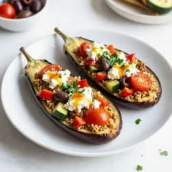 - 2 large eggplants - 1 cup cooked quinoa - 1 red bell pepper, diced - 1 small zucchini, diced - 1/2 cup cherry tomatoes, halved - 1/2 cup kalamata olives, chopped - 1/4 cup feta cheese, crumbled - 2 tablespoons olive oil - 2 tablespoons fresh parsley, chopped - 1 teaspoon dried oregano - Salt and pepper to taste - Optional: red pepper flakes for added heat To make Mediterranean stuffed eggplant, you need fresh and vibrant ingredients. First, you will want two large eggplants. They form the base of this dish. Next, cooked quinoa adds protein and texture. One diced red bell pepper gives sweetness and crunch. A small diced zucchini adds moisture and flavor. Halved cherry tomatoes brighten the dish with acidity. Chopped kalamata olives add a salty, briny bite. Crumbled feta cheese brings creaminess and tang. Olive oil is essential for roasting and flavor. Fresh parsley adds a pop of color and freshness. Dried oregano gives that classic Mediterranean taste. Finally, salt and pepper enhance all the flavors, while red pepper flakes (optional) can add some heat. Gather these ingredients to create a colorful and nutritious meal. Each component plays an important role. You can find most of these items at your local grocery store or farmer's market. Using fresh ingredients will help your dish shine. {{ingredient_image_1}} First, preheat your oven to 375°F (190°C). Take your two large eggplants and slice them in half lengthwise. Use a spoon to scoop out some flesh, leaving a half-inch shell. Set the scooped flesh aside in a bowl. Then, brush the insides of the eggplant halves with olive oil. Add a sprinkle of salt for flavor. Place them cut-side down on a baking sheet. Roast them in the oven for 20 to 25 minutes. You want them to be tender and slightly golden. While the eggplants roast, get the reserved flesh ready. Dice it into small pieces. In a skillet, heat the remaining olive oil over medium heat. Add the diced eggplant, along with the red bell pepper and zucchini. Sauté this mix for about 5 to 7 minutes. You want the veggies to soften and mix well. Next, stir in the halved cherry tomatoes, chopped kalamata olives, cooked quinoa, chopped parsley, oregano, and red pepper flakes if you want some heat. Cook for another 2 to 3 minutes. When everything is heated and combined, season with salt and pepper to taste. Now, take the roasted eggplant halves from the oven and flip them over. Spoon the filling into each half. Press down gently to pack it in. Once filled, sprinkle crumbled feta cheese on top of each stuffed eggplant. Return them to the oven. Bake for another 10 to 15 minutes. You want the feta to become slightly golden and the eggplants to be heated through. When done, carefully remove them from the oven and let them cool for a few minutes before serving. Enjoy the burst of Mediterranean flavors! To achieve the perfect roasted eggplant, slice the eggplants in half lengthwise. Scoop out the flesh, but leave about a half-inch shell. Brush the insides with olive oil and add salt. Place them cut-side down on a baking sheet. Roast at 375°F (190°C) for 20-25 minutes. This method makes the eggplant tender and flavorful. For cooking quinoa perfectly, rinse it under cold water first. This removes any bitterness. Use two cups of water for every one cup of quinoa. Bring to a boil, then lower the heat. Cover and simmer for about 15 minutes. Fluff the quinoa with a fork after cooking. This will give you light and fluffy grains. For plating, use a large platter to showcase your stuffed eggplants. Arrange them neatly, cut-side up. Drizzle with a bit of olive oil for shine. Sprinkle fresh parsley on top for a pop of color. You can also serve with lemon wedges for added zest. For garnishing, consider sprinkling extra feta cheese on top. You can also add a few kalamata olives for a touch of color. A sprinkle of red pepper flakes can bring heat and eye appeal. These small touches can elevate your dish. The key ingredients in this recipe offer many health benefits. Eggplants are low in calories and high in fiber. They help support heart health and weight management. Quinoa is a complete protein, packed with nutrients like magnesium and iron. Eating a Mediterranean diet can improve overall health. It focuses on whole foods, healthy fats, and fresh vegetables. This diet is linked to lower risks of heart disease and better brain health. The combination of flavors and nutrients in this dish is both tasty and good for you. Pro Tips Choose Firm Eggplants: Select eggplants that are firm to the touch and have a smooth skin for the best texture and flavor. Customize Your Filling: Feel free to add other vegetables or proteins like chickpeas or spinach to the quinoa mixture for added nutrition and flavor. Feta Alternatives: If you want a dairy-free option, try using vegan feta or nutritional yeast for a cheesy flavor without the dairy. Serve with a Sauce: Drizzle a tahini or yogurt sauce over the stuffed eggplants for extra creaminess and flavor contrast. {{image_2}} You can swap quinoa for other grains if needed. Try using rice or millet for a gluten-free option. If you want a low-carb choice, use cauliflower rice. When it comes to filling, feel free to add other veggies. Spinach, mushrooms, or carrots work great. You can even use black beans for extra protein and flavor. Feta adds a nice touch, but you have more options. Try goat cheese or mozzarella for a milder taste. For a bolder flavor, use aged cheddar or even blue cheese. To spice it up, add some fresh herbs like basil or mint. A drizzle of balsamic glaze can also elevate the taste. If you enjoy heat, sprinkle on some chili flakes or paprika. You can grill or bake your stuffed eggplant. Grilling gives it a smoky flavor, while baking softens the eggplant nicely. For a different texture, consider using a slow cooker. Just place the stuffed eggplants in the cooker with a bit of water. Cook on low for about four hours. This method makes them very tender and flavorful. To keep your Mediterranean stuffed eggplant fresh, store leftovers in the fridge. First, let the eggplants cool down. Then, place them in an airtight container. This keeps moisture in and prevents them from drying out. It’s best to eat them within three days. If you have extra filling, store it separately. This method helps maintain the texture and flavor. If you want to save your stuffed eggplants for later, freezing is a great option. First, let them cool completely. Wrap each stuffed eggplant tightly in plastic wrap. Then, place them in a freezer-safe bag. This prevents freezer burn and keeps them fresh. You can freeze them for up to three months. When you are ready to eat, take them out and thaw overnight in the fridge. To reheat, place them in an oven set at 350°F (175°C) for about 25 minutes. This way, they will warm up nicely without getting soggy. Enjoy your delicious meal whenever you want! How long does it take to cook stuffed eggplant? It takes about 50 minutes to cook stuffed eggplant. You spend 20-25 minutes roasting the eggplant halves. The final baking takes another 10-15 minutes. Can I make this dish vegan? Yes, you can easily make this dish vegan. Simply skip the feta cheese or use a vegan cheese alternative. The filling is already packed with flavors from the vegetables and quinoa. Where to find kalamata olives? You can find kalamata olives at most grocery stores. They are usually in the olive or Mediterranean food aisle. You can also check specialty stores or online markets. Substitutes for feta cheese in recipes? If you need a substitute for feta cheese, try using goat cheese or vegan cheese. You can also use a mix of nuts and nutritional yeast for a creamy texture. What to serve with Mediterranean stuffed eggplant? Serve the stuffed eggplant with a fresh salad or warm pita bread. A side of tzatziki sauce adds a nice touch too. Best pairings for a complete meal Pair stuffed eggplant with roasted vegetables or a grain like couscous. A glass of white wine can enhance the flavors, making it a lovely meal. In summary, this dish combines eggplants, quinoa, and colorful veggies for a tasty meal. I showed you how to prepare, roast, and stuff the eggplants with ease. We discussed tips for perfect cooking and appealing presentation. Remember, you can switch ingredients and toppings for your taste. Storing leftovers and freezing portions extends your meal's life. Enjoy this healthy dish's vibrant flavors and benefits. It’s simple, fun, and perfect for sharing with others.
