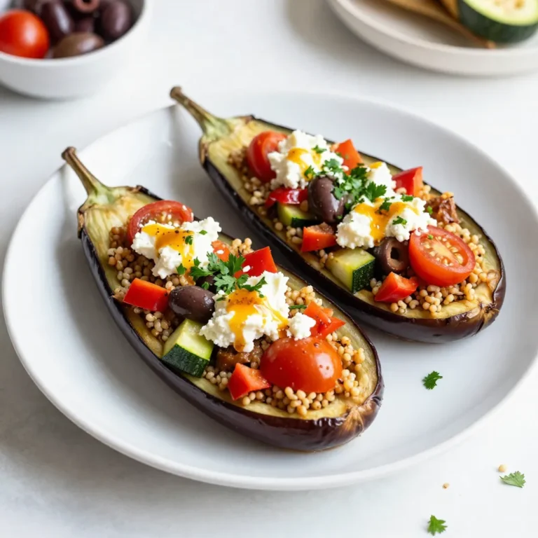 - 2 large eggplants - 1 cup cooked quinoa - 1 red bell pepper, diced - 1 small zucchini, diced - 1/2 cup cherry tomatoes, halved - 1/2 cup kalamata olives, chopped - 1/4 cup feta cheese, crumbled - 2 tablespoons olive oil - 2 tablespoons fresh parsley, chopped - 1 teaspoon dried oregano - Salt and pepper to taste - Optional: red pepper flakes for added heat To make Mediterranean stuffed eggplant, you need fresh and vibrant ingredients. First, you will want two large eggplants. They form the base of this dish. Next, cooked quinoa adds protein and texture. One diced red bell pepper gives sweetness and crunch. A small diced zucchini adds moisture and flavor. Halved cherry tomatoes brighten the dish with acidity. Chopped kalamata olives add a salty, briny bite. Crumbled feta cheese brings creaminess and tang. Olive oil is essential for roasting and flavor. Fresh parsley adds a pop of color and freshness. Dried oregano gives that classic Mediterranean taste. Finally, salt and pepper enhance all the flavors, while red pepper flakes (optional) can add some heat. Gather these ingredients to create a colorful and nutritious meal. Each component plays an important role. You can find most of these items at your local grocery store or farmer's market. Using fresh ingredients will help your dish shine. {{ingredient_image_1}} First, preheat your oven to 375°F (190°C). Take your two large eggplants and slice them in half lengthwise. Use a spoon to scoop out some flesh, leaving a half-inch shell. Set the scooped flesh aside in a bowl. Then, brush the insides of the eggplant halves with olive oil. Add a sprinkle of salt for flavor. Place them cut-side down on a baking sheet. Roast them in the oven for 20 to 25 minutes. You want them to be tender and slightly golden. While the eggplants roast, get the reserved flesh ready. Dice it into small pieces. In a skillet, heat the remaining olive oil over medium heat. Add the diced eggplant, along with the red bell pepper and zucchini. Sauté this mix for about 5 to 7 minutes. You want the veggies to soften and mix well. Next, stir in the halved cherry tomatoes, chopped kalamata olives, cooked quinoa, chopped parsley, oregano, and red pepper flakes if you want some heat. Cook for another 2 to 3 minutes. When everything is heated and combined, season with salt and pepper to taste. Now, take the roasted eggplant halves from the oven and flip them over. Spoon the filling into each half. Press down gently to pack it in. Once filled, sprinkle crumbled feta cheese on top of each stuffed eggplant. Return them to the oven. Bake for another 10 to 15 minutes. You want the feta to become slightly golden and the eggplants to be heated through. When done, carefully remove them from the oven and let them cool for a few minutes before serving. Enjoy the burst of Mediterranean flavors! To achieve the perfect roasted eggplant, slice the eggplants in half lengthwise. Scoop out the flesh, but leave about a half-inch shell. Brush the insides with olive oil and add salt. Place them cut-side down on a baking sheet. Roast at 375°F (190°C) for 20-25 minutes. This method makes the eggplant tender and flavorful. For cooking quinoa perfectly, rinse it under cold water first. This removes any bitterness. Use two cups of water for every one cup of quinoa. Bring to a boil, then lower the heat. Cover and simmer for about 15 minutes. Fluff the quinoa with a fork after cooking. This will give you light and fluffy grains. For plating, use a large platter to showcase your stuffed eggplants. Arrange them neatly, cut-side up. Drizzle with a bit of olive oil for shine. Sprinkle fresh parsley on top for a pop of color. You can also serve with lemon wedges for added zest. For garnishing, consider sprinkling extra feta cheese on top. You can also add a few kalamata olives for a touch of color. A sprinkle of red pepper flakes can bring heat and eye appeal. These small touches can elevate your dish. The key ingredients in this recipe offer many health benefits. Eggplants are low in calories and high in fiber. They help support heart health and weight management. Quinoa is a complete protein, packed with nutrients like magnesium and iron. Eating a Mediterranean diet can improve overall health. It focuses on whole foods, healthy fats, and fresh vegetables. This diet is linked to lower risks of heart disease and better brain health. The combination of flavors and nutrients in this dish is both tasty and good for you. Pro Tips Choose Firm Eggplants: Select eggplants that are firm to the touch and have a smooth skin for the best texture and flavor. Customize Your Filling: Feel free to add other vegetables or proteins like chickpeas or spinach to the quinoa mixture for added nutrition and flavor. Feta Alternatives: If you want a dairy-free option, try using vegan feta or nutritional yeast for a cheesy flavor without the dairy. Serve with a Sauce: Drizzle a tahini or yogurt sauce over the stuffed eggplants for extra creaminess and flavor contrast. {{image_2}} You can swap quinoa for other grains if needed. Try using rice or millet for a gluten-free option. If you want a low-carb choice, use cauliflower rice. When it comes to filling, feel free to add other veggies. Spinach, mushrooms, or carrots work great. You can even use black beans for extra protein and flavor. Feta adds a nice touch, but you have more options. Try goat cheese or mozzarella for a milder taste. For a bolder flavor, use aged cheddar or even blue cheese. To spice it up, add some fresh herbs like basil or mint. A drizzle of balsamic glaze can also elevate the taste. If you enjoy heat, sprinkle on some chili flakes or paprika. You can grill or bake your stuffed eggplant. Grilling gives it a smoky flavor, while baking softens the eggplant nicely. For a different texture, consider using a slow cooker. Just place the stuffed eggplants in the cooker with a bit of water. Cook on low for about four hours. This method makes them very tender and flavorful. To keep your Mediterranean stuffed eggplant fresh, store leftovers in the fridge. First, let the eggplants cool down. Then, place them in an airtight container. This keeps moisture in and prevents them from drying out. It’s best to eat them within three days. If you have extra filling, store it separately. This method helps maintain the texture and flavor. If you want to save your stuffed eggplants for later, freezing is a great option. First, let them cool completely. Wrap each stuffed eggplant tightly in plastic wrap. Then, place them in a freezer-safe bag. This prevents freezer burn and keeps them fresh. You can freeze them for up to three months. When you are ready to eat, take them out and thaw overnight in the fridge. To reheat, place them in an oven set at 350°F (175°C) for about 25 minutes. This way, they will warm up nicely without getting soggy. Enjoy your delicious meal whenever you want! How long does it take to cook stuffed eggplant? It takes about 50 minutes to cook stuffed eggplant. You spend 20-25 minutes roasting the eggplant halves. The final baking takes another 10-15 minutes. Can I make this dish vegan? Yes, you can easily make this dish vegan. Simply skip the feta cheese or use a vegan cheese alternative. The filling is already packed with flavors from the vegetables and quinoa. Where to find kalamata olives? You can find kalamata olives at most grocery stores. They are usually in the olive or Mediterranean food aisle. You can also check specialty stores or online markets. Substitutes for feta cheese in recipes? If you need a substitute for feta cheese, try using goat cheese or vegan cheese. You can also use a mix of nuts and nutritional yeast for a creamy texture. What to serve with Mediterranean stuffed eggplant? Serve the stuffed eggplant with a fresh salad or warm pita bread. A side of tzatziki sauce adds a nice touch too. Best pairings for a complete meal Pair stuffed eggplant with roasted vegetables or a grain like couscous. A glass of white wine can enhance the flavors, making it a lovely meal. In summary, this dish combines eggplants, quinoa, and colorful veggies for a tasty meal. I showed you how to prepare, roast, and stuff the eggplants with ease. We discussed tips for perfect cooking and appealing presentation. Remember, you can switch ingredients and toppings for your taste. Storing leftovers and freezing portions extends your meal's life. Enjoy this healthy dish's vibrant flavors and benefits. It’s simple, fun, and perfect for sharing with others.