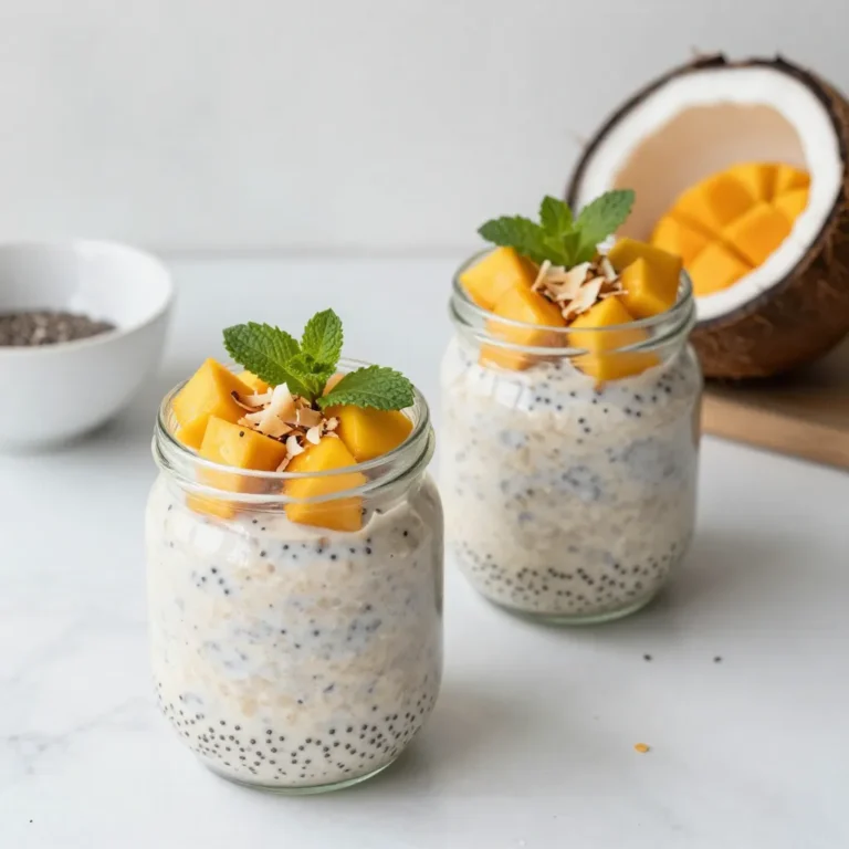 To make Coconut Mango Overnight Oats, you need these ingredients: - 1 cup rolled oats - 1 cup coconut milk (canned or carton) - 1 ripe mango, diced - 1 tablespoon chia seeds - 1 tablespoon honey or maple syrup - 1 teaspoon vanilla extract - A pinch of salt You can add some tasty toppings to make your oats even better: - Toasted coconut flakes - Fresh mint leaves for garnish If you don't have some ingredients, here are some swaps: - Use almond milk or oat milk instead of coconut milk. - Try other fruits like pineapple or banana instead of mango. - Replace honey with agave syrup for a vegan option. These easy swaps help you create yummy oats no matter what you have on hand! {{ingredient_image_1}} To make coconut mango overnight oats, you need just a few steps. This recipe takes only about 10 minutes to prep. You mix the ingredients, let them soak overnight, and enjoy a tasty breakfast the next morning. 1. Grab a mixing bowl. Add 1 cup of rolled oats, 1 cup of coconut milk, and 1 tablespoon of chia seeds. 2. Pour in 1 tablespoon of honey or maple syrup. Add 1 teaspoon of vanilla extract and a pinch of salt. 3. Mix everything well until it looks smooth and blended. 4. Now, take half of the diced mango and fold it into the oat mixture. 5. Set aside the other half for topping later. 6. Divide the mixture into two jars or containers. Seal them tightly and place them in your fridge. Let them soak overnight or for at least 4 hours. In the morning, take the jars from the fridge. Give the oats a good stir. If they are too thick, add a splash of coconut milk to make them just right. Top each jar with the remaining diced mango. Add some toasted coconut flakes and fresh mint leaves for extra flair. Enjoy your coconut mango overnight oats! To get the right texture, use rolled oats. They soak well and stay chewy. If you want creamier oats, add a bit more coconut milk. A splash will help. Make sure to mix well so all oats get the milk. Soak them overnight for the best results. The sweetness is key for flavor. You can add honey or maple syrup. Start with one tablespoon. Taste the mixture and see if it needs more. If you like it sweeter, add a little more. You can also skip sweeteners if your mango is ripe. It adds natural sweetness. Presentation makes your oats look yummy. Use clear jars or bowls. This way, you can show off the layers. Top with the reserved mango first. Add toasted coconut flakes for crunch. Finish with fresh mint leaves for color. It looks nice and tastes great. Pro Tips Use Ripe Mangoes: Choose mangoes that are soft to the touch for the best sweetness and flavor in your overnight oats. Experiment with Sweeteners: Adjust the sweetness by trying different natural sweeteners like agave syrup or stevia, based on your taste preference. Customize with Toppings: Add nuts, seeds, or different fruits for added texture and nutrition, making your oats even more satisfying. Batch Prep for Convenience: Prepare multiple jars at once for a quick breakfast option throughout the week; they last well in the refrigerator. {{image_2}} You can swap out mango for many fruits. Try bananas, berries, or peaches. Each fruit adds a unique taste. Sliced strawberries create a sweet and tangy flavor. Blueberries add a burst of juice and color. Peaches give a nice, soft texture. Mix and match fruits for fun! Coconut milk works great, but you have choices. Almond milk gives a light, nutty flavor. Soy milk adds creaminess without dairy. Oat milk is also a good pick. Try yogurt for a thicker texture. You can use Greek yogurt or dairy-free options too. Choose what you love! Add spices for new flavors! Cinnamon gives warmth and a cozy feel. Nutmeg adds a hint of sweetness. You can also mix in extracts. Almond extract or coconut extract boosts the taste. A dash of lemon zest brightens up the dish. Get creative and find your favorite flavors! Store your coconut mango overnight oats in airtight containers. This keeps them fresh and tasty. Glass jars or plastic containers work well. If you use jars, make sure they seal tightly. Always label the containers with the date. This helps you track how long they’ve been stored. Coconut mango overnight oats last about four to five days in the fridge. After that, they may lose flavor and texture. Always check for any signs of spoilage before eating. If they smell off or look strange, it’s best to toss them out. Freshness matters for great taste! You can freeze coconut mango overnight oats if you want to keep them longer. Use freezer-safe containers or jars. Leave some space at the top, as the mixture will expand. When you want to eat them, thaw them in the fridge overnight. They may be a bit thicker after freezing. Just add a splash of coconut milk to bring them back to life! Yes, you can. Many liquids work well. You can use almond milk, oat milk, or regular milk. Each liquid changes the taste slightly. For a creamier texture, try using yogurt. If you want to add more flavor, use flavored milk. Just remember to adjust the sweetness based on the liquid you choose. You can store them for up to five days in the fridge. Make sure to keep them in a sealed jar or container. The oats will stay fresh and tasty. If you notice any change in smell or texture, it’s best to toss them out. They are best when enjoyed within a few days. Yes, they are very healthy! Overnight oats are full of fiber. They help keep you full and satisfied. The chia seeds add healthy fats and protein. Coconut milk gives flavor and creaminess. Plus, the mango adds vitamins and natural sweetness. This meal is easy to make and good for you! This blog post explored making coconut mango overnight oats. We covered key ingredients, helpful tips, and tasty variations. You learned how to prepare and store your oats for the best flavor and texture. In my view, overnight oats are easy, fun, and healthy. With simple swaps, you can match your taste. Try different fruits or spices to make it your own. Enjoy your delicious creation!
