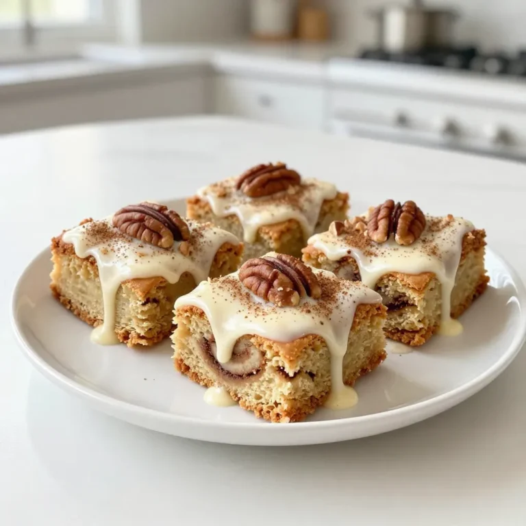 To create these delightful cinnamon roll blondies, you will need: - 1 cup (2 sticks) unsalted butter, melted - 2 cups brown sugar, packed - 3 large eggs - 2 teaspoons vanilla extract - 2 cups all-purpose flour - 1 teaspoon baking powder - 1/2 teaspoon baking soda - 1/2 teaspoon salt - 1 tablespoon cinnamon - 1/2 cup chopped pecans (optional) These ingredients work together to give the blondies their soft and chewy texture. The butter and brown sugar form a rich base, while eggs add moisture and stability. For the delicious cinnamon swirl, gather: - 1/4 cup brown sugar - 1 tablespoon cinnamon This blend creates a sweet and spicy layer that enhances the blondies. The cinnamon adds warmth, making each bite feel like a hug. To top off your blondies, you will need: - 4 oz cream cheese, softened - 1 cup powdered sugar - 2 tablespoons milk - 1/2 teaspoon vanilla extract This glaze is creamy and sweet. It perfectly complements the flavors of the blondies. The cream cheese adds a tangy note, balancing the sweetness. {{ingredient_image_1}} First, preheat your oven to 350°F (175°C). Grease a 9x13 inch baking pan with cooking spray. You can also line it with parchment paper. This helps with easy removal later. In a large bowl, whisk together the melted butter and brown sugar until smooth. Next, add three large eggs and two teaspoons of vanilla extract. Mix until well combined. In another bowl, whisk together two cups of all-purpose flour, one teaspoon of baking powder, half a teaspoon of baking soda, half a teaspoon of salt, and one tablespoon of cinnamon. Gradually add the dry mix into the wet mix. Stir until just combined. If you like nuts, fold in half a cup of chopped pecans. For the cinnamon swirl, mix one-fourth cup of brown sugar and one tablespoon of cinnamon in a small bowl. Pour half of the blondie batter into the prepared pan. Smooth it down evenly. Then, sprinkle half of the cinnamon mixture over this layer. Next, spread the remaining blondie batter on top. Finally, sprinkle the rest of the cinnamon mix. Use a knife or toothpick to swirl it gently into the batter. To get soft and chewy blondies, follow these tips: - Use melted butter for a rich taste. - Mix wet and dry ingredients until just combined; do not overmix. - Let the batter rest for 10 minutes before baking. This helps the flour absorb moisture, making the blondies soft. Want to add some fun flavors? Here are some ideas: - You can mix in 1/2 cup of chopped pecans for a nice crunch. - Try adding chocolate chips or dried fruit for extra sweetness. - A pinch of nutmeg or a splash of maple extract can add depth to the flavor. Baking time is key for perfect blondies. - Bake for 25-30 minutes at 350°F (175°C). - Check for doneness by inserting a toothpick. It should come out mostly clean, with a few moist crumbs. - If it’s too wet, bake for a few more minutes. Keep an eye on the edges; they should be golden brown. Pro Tips Use Room Temperature Ingredients: Make sure your eggs and cream cheese are at room temperature for a smoother batter and glaze. This helps them incorporate better, resulting in a fluffier texture. Don’t Overmix the Batter: Mix the ingredients until just combined to avoid tough blondies. A few lumps are okay; they will bake out. Test for Doneness: Insert a toothpick into the center of the blondies; if it comes out with a few moist crumbs, they are done. Overbaking can lead to dry blondies. Storage Tips: Store leftover blondies in an airtight container at room temperature for up to 3 days. For longer storage, refrigerate or freeze for later enjoyment. {{image_2}} To make these blondies gluten-free, swap all-purpose flour with a gluten-free blend. Look for one that includes xanthan gum. This gum helps mimic the structure of wheat flour. The taste and texture will still be great. You can enjoy these blondies without worry if you follow this simple change. To create a vegan version, replace eggs with flax eggs. Mix one tablespoon of ground flaxseed with three tablespoons of water for each egg. Let it sit for five minutes to thicken. Use plant-based butter instead of regular butter. For the cream cheese glaze, use vegan cream cheese. These swaps keep the flavors rich and delicious while being dairy-free. You can get creative with flavors! Add half a cup of chocolate chips for a sweet twist. They melt and mix nicely into the batter. Dried fruit, like raisins or cranberries, can also add a fun taste. Just fold them in with the batter. These changes keep your blondies exciting and new each time you bake. To keep your cinnamon roll blondies fresh, use an airtight container. Place parchment paper between layers to avoid sticking. Store them at room temperature for up to 3 days. You can also refrigerate them for a week if you want them to last longer. Just remember to let them warm up before enjoying. If you want to store your blondies for a longer time, freezing works well. First, let them cool completely. Then, wrap each blondie tightly in plastic wrap. Place the wrapped blondies in a freezer-safe bag. They can stay in the freezer for up to 3 months. When ready to eat, just defrost them overnight in the fridge. To reheat your blondies, preheat your oven to 350°F (175°C). Place the blondies on a baking sheet. Heat for about 10 minutes or until warm. You can also use a microwave. Heat them in 10-15 second intervals until warm. This way, they remain soft and delicious. Enjoy with a drizzle of cream cheese glaze for extra flavor! You can use white sugar in place of brown sugar. It will change the flavor slightly. For better results, mix white sugar with a bit of molasses. This gives a similar taste and color. You can also use coconut sugar or maple syrup. They add a unique flavor, too. Yes, you can prepare these blondies ahead of time! You can make the batter and store it in the fridge for up to two days. Just cover the bowl with plastic wrap. You can also bake them in advance. Once they cool, store them in an airtight container. They stay fresh for a few days. Cinnamon Roll Blondies last about 4 to 5 days at room temperature. Store them in an airtight container. If you want them to last longer, you can freeze them. Wrap each piece in plastic wrap and place them in a freezer bag. They can last up to three months in the freezer. This blog post covered how to make delicious Cinnamon Roll Blondies. We discussed the main ingredients, the cinnamon swirl, and the cream cheese glaze. I also shared step-by-step instructions, helpful tips, and fun variations. In the end, you have a great recipe that fits many diets, including gluten-free and vegan. Remember to store them well and enjoy them fresh. Now, go bake these blondies and treat yourself!