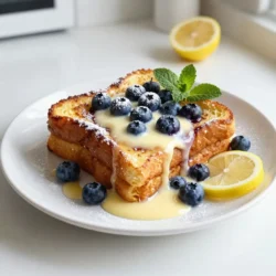 To make this Lemon Blueberry Overnight French Toast, gather these items: - 1 loaf of challah or brioche bread, cut into thick slices - 2 cups almond milk (or any milk of your choice) - 4 large eggs - 1/2 cup Greek yogurt - 1/4 cup maple syrup - Zest of 2 lemons - 1 teaspoon vanilla extract - 1 teaspoon ground cinnamon - 1 1/2 cups fresh blueberries - Pinch of salt - Powdered sugar for dusting (optional) If you don’t have some of these items, here are good swaps: - Use whole milk or oat milk instead of almond milk. - Swap Greek yogurt for regular yogurt or a dairy-free option. - Honey can replace maple syrup for added sweetness. - Any bread like sourdough or whole wheat can work instead of challah or brioche. - For a lemony kick, you can use lime zest in place of lemon zest. This dish serves six people. Here’s a rough breakdown: - Calories: 350 per serving - Protein: 12g - Carbohydrates: 45g - Fat: 12g - Fiber: 2g - Sugar: 10g This recipe packs a tasty punch while keeping things balanced. Enjoy this delightful breakfast treat while knowing it's a tasty way to start your day! {{ingredient_image_1}} First, grab a large mixing bowl. In this bowl, whisk together the almond milk, eggs, Greek yogurt, maple syrup, lemon zest, vanilla extract, ground cinnamon, and a pinch of salt. Make sure to mix until smooth. This step is key to a creamy base. Next, take a 9x13-inch baking dish and grease it with butter or cooking spray. Cut your challah or brioche into thick slices. Arrange these slices in the dish. You can stand them upright or overlap them slightly. This layout helps soak every piece well. Now, pour the egg mixture evenly over the arranged bread. Make sure each slice is soaked well. Gently press down on the bread with your hands. This helps the bread absorb the mixture better. Then, scatter the fresh blueberries on top. Cover the dish with plastic wrap. Place it in the fridge for at least 4 hours, or overnight for best results. This soaking time allows the flavors to deepen and the bread to soften. To get the best texture for your Lemon Blueberry Overnight French Toast, use thick bread. Challah or brioche works great. Cut the slices thick, about one inch. This helps the bread soak up the egg mixture without falling apart. When mixing the eggs and almond milk, whisk well until smooth. This makes every bite creamy and tasty. Let the bread sit in the mixture for at least four hours. Overnight soaking gives it a wonderful texture. If you have leftovers, store them in an airtight container. Keep the French toast in the fridge. It should stay good for up to three days. If you want to save it longer, freeze the slices. Wrap each slice in plastic wrap, then place them in a freezer bag. This way, you can enjoy this delicious dish later. Serve the French toast warm for the best taste. Top it with extra blueberries for color and flavor. A drizzle of maple syrup adds sweetness. For a pretty touch, dust powdered sugar on top. You can also add a sprig of fresh mint or lemon slices. This makes your dish look fancy and inviting. Enjoy your tasty creation! Pro Tips Use Day-Old Bread: For the best texture, use day-old challah or brioche. This will help the bread absorb the egg mixture without becoming too soggy. Experiment with Milk Alternatives: While almond milk works great, feel free to experiment with other milk alternatives like oat or coconut milk for different flavors. Blueberries Variations: Try mixing in other berries such as raspberries or strawberries to create a mixed berry flavor profile. Make Ahead: This dish is perfect for meal prep. You can assemble it the night before and bake it the next morning for a quick and delicious breakfast. {{image_2}} You can switch up the blueberries for other fruits. Try raspberries, strawberries, or blackberries. Each fruit gives a new taste. You can even mix them for extra flavor. If you use frozen fruit, add it before baking. This keeps it juicy and sweet. To make this dish dairy-free, use almond milk or oat milk instead of regular milk. For eggs, try flax eggs or chia seeds mixed with water. Replace Greek yogurt with a dairy-free yogurt. These swaps keep the taste and texture yummy. You won't miss the dairy at all. Add zest from oranges or limes for a citrus boost. A splash of almond extract can give it a nutty twist. You can also sprinkle in some nuts like walnuts or pecans. They add crunch and flavor. Don't forget to experiment with spices, too! A pinch of nutmeg or cardamom can make a big difference. To store your leftover lemon blueberry overnight French toast, let it cool first. Then, place it in an airtight container. This keeps it fresh and moist. You can store it in the fridge for about three days. If you have more than one serving, separate slices with parchment paper. This helps prevent sticking. When you're ready to enjoy your French toast again, preheat your oven to 350°F (175°C). Place the slices on a baking sheet. Heat them for about 10-15 minutes. This warms them up and keeps them crispy. You can also reheat in the microwave for about 30 seconds. Just be careful not to overheat, or they may get soggy. You can freeze leftover French toast for quick breakfasts later. Wrap each slice in plastic wrap or foil. Then, place them in a freezer bag. They can last in the freezer for up to three months. To eat, just thaw in the fridge overnight. Reheat as mentioned before, and enjoy the fresh taste again! Yes, this recipe is perfect for making ahead. You can prepare it the night before. After you soak the bread in the egg mixture, cover it and put it in the fridge. Letting it sit overnight helps the bread soak up all those yummy flavors. In the morning, just bake it! If you don’t have challah or brioche, don’t worry! You can use other types of bread. French bread or Texas toast work well too. Just make sure it’s thick enough to hold the egg mixture. Day-old bread is great because it absorbs more liquid. Leftovers can last about three days in the fridge. Store them in an airtight container. When you’re ready to eat, you can reheat them in the oven or microwave. They taste just as good the next day! This post covered how to make delicious overnight French toast. We discussed the essential ingredients, simple steps, and helpful tips for texture and serving. I also shared variations to suit different diets and preferences. Remember, leftovers can be stored and reheated easily. You can even prepare this dish ahead of time for convenience. Enjoy experimenting with flavors and making it your own. With these tips and tricks, you'll create a delightful breakfast that everyone will love. Happy cooking!