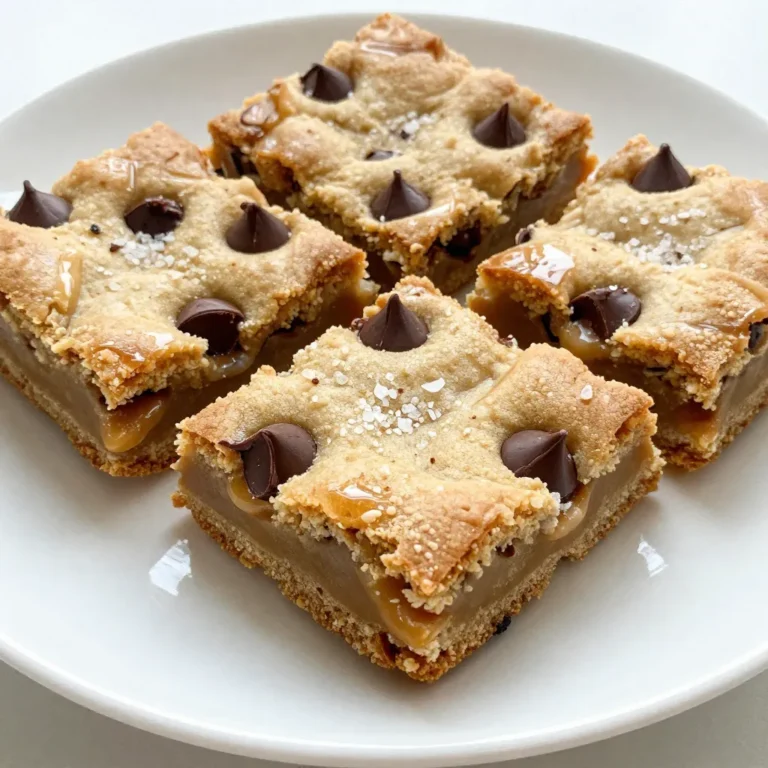 To whip up these delightful Chocolate Chip Caramel Cookie Bars, gather the following ingredients: - 1 cup unsalted butter, softened - 1 cup brown sugar, packed - 1/2 cup granulated sugar - 2 large eggs - 2 teaspoons vanilla extract - 3 cups all-purpose flour - 1 teaspoon baking soda - 1/2 teaspoon salt - 1 cup chocolate chips - 1 cup caramel bits or chewy caramels, chopped - 1/2 cup chopped nuts (optional) These ingredients create a perfect balance of sweet and salty. The butter adds richness, while the sugars bring a lovely sweetness. The eggs help bind everything together, giving the bars a soft texture. The all-purpose flour forms the base, while baking soda and salt enhance the flavors. Chocolate chips and caramel bits add a delightful chew. If you choose to add nuts, they give a nice crunch. You can swap in different types of chocolate or nuts for variety. Just be sure to measure accurately for the best results! {{ingredient_image_1}} 1. Preheat your oven to 350°F (175°C). Grease a 9x13 inch baking pan or line it with parchment paper. This helps the bars come out easily. 2. In a large bowl, cream together 1 cup of softened unsalted butter, 1 cup of packed brown sugar, and 1/2 cup of granulated sugar. Mix until it looks light and fluffy. This takes about 2-3 minutes. 3. Add 2 large eggs to the bowl, one at a time. Then stir in 2 teaspoons of vanilla extract. Make sure everything is well mixed. 1. In another bowl, whisk together 3 cups of all-purpose flour, 1 teaspoon of baking soda, and 1/2 teaspoon of salt. This will help your cookie bars rise and taste great. 2. Gradually mix the dry ingredients into the wet mixture. Stir until everything is fully combined. Do not overmix, as this can make the bars tough. 1. Fold in 1 cup of chocolate chips and 1 cup of caramel bits. You can also add 1/2 cup of chopped nuts if you like. This adds a nice crunch. 2. Spread half of the cookie dough in the bottom of the prepared baking pan. Press it down to form an even layer. 3. Bake this bottom layer for about 10 minutes. It should just start to set but not brown. 4. Remove the pan from the oven. Sprinkle the remaining cookie dough over the top. It’s okay if some of the bottom layer shows through. 5. Bake the bars for an additional 20-25 minutes. The top should be golden brown. A toothpick inserted in the center should come out clean. 6. Allow the bars to cool in the pan for at least 30 minutes. This makes cutting them easier. Enjoy your delicious treat! To get that perfect cookie texture, you want a mix of soft and chewy. Use softened butter, not melted. This helps create air pockets that give your bars lift. When you mix the butter and sugars, do it until it’s fluffy, about 2-3 minutes. Ingredient temperature is key. Make sure your eggs are at room temperature. They mix better, which helps the bars rise. Cold eggs can make your dough dense. For a great presentation, dust your bars with a sprinkle of sea salt. It adds a nice touch and contrast. Serve them warm for the best taste. A scoop of vanilla ice cream on top makes a perfect pairing. The cold ice cream and warm bars create a delightful mix. A common mistake is undercooking the bars. To avoid this, bake until the top is golden brown. A toothpick should come out clean when you test the center. Overmixing is another issue. When you combine the dry and wet ingredients, mix just until you don’t see flour. This keeps the bars tender. If you mix too much, they can become tough and dry. Pro Tips Use Room Temperature Ingredients: Ensure your butter and eggs are at room temperature for better incorporation and a smoother dough. Don't Overmix the Dough: Once you add the dry ingredients, mix just until combined to keep the bars soft and chewy. Chill the Dough: If time allows, chill the cookie dough for 30 minutes before baking. This helps the flavors develop and results in thicker bars. Add Sea Salt: A light sprinkle of flaky sea salt on top before baking enhances the chocolate and caramel flavors beautifully. {{image_2}} You can change these cookie bars in fun ways. One great idea is to add different types of chocolate. Dark chocolate brings a rich taste. White chocolate adds sweetness. You can mix and match as you like! Another option is to incorporate nuts. Pecans or walnuts work well. They add crunch and flavor. You can even try almonds or hazelnuts for something different. Always chop the nuts first for an even mix. If you need gluten-free options, you can swap all-purpose flour with gluten-free flour. This keeps the bars tasty without gluten. Make sure to check the flour blend for the best results. For vegan substitutions, use plant-based butter instead of regular butter. Replace eggs with flax eggs or applesauce. This keeps the bars moist and delicious. You can also choose dairy-free chocolate chips for a fully vegan treat. To keep your Chocolate Chip Caramel Cookie Bars fresh, follow these steps: - Cool Completely: Let the bars cool fully in the pan. - Use an Airtight Container: Place the bars in an airtight container. This helps prevent them from drying out. - Layer with Parchment Paper: If stacking, use parchment paper between layers to avoid sticking. - Refrigerate: Store in the fridge for up to a week. If you want to keep them longer: - Freeze: Wrap each bar in plastic wrap, then place them in a freezer bag. They can last up to three months in the freezer. To enjoy your bars warm again, try these methods: - Microwave: Place a bar on a plate. Heat for about 10-15 seconds. Check to avoid overheating. - Oven: Preheat the oven to 350°F (175°C). Place bars on a baking sheet. Heat for about 5-10 minutes, just until warm. Warm bars bring back that gooey, delicious texture. Enjoy them with a scoop of ice cream for an extra treat! How long do Chocolate Chip Caramel Cookie Bars last? These cookie bars stay fresh for up to one week. Store them in an airtight container. Keep them at room temperature. They may last longer in the fridge, but they can dry out. Can I use margarine instead of butter? Yes, you can use margarine. It will change the flavor a bit. Butter gives a richer taste and better texture. Use a stick margarine for best results. What to do if the bars are too sticky? If your cookie bars are too sticky, let them cool longer. Chilling them in the fridge for 30 minutes helps. You can also use a bit more flour next time. This makes the dough less sticky. Can I make these bars ahead of time? Yes, you can make them ahead. Bake the bars and cool them. Store them in an airtight container. You can freeze them for up to three months. Just thaw in the fridge before serving. What can I do with leftover caramel bits? Leftover caramel bits are great for many things. You can mix them into your next batch of cookies. They also work well in brownies or as a topping for ice cream. Melt them and drizzle over cakes for extra flavor. Are these cookie bars suitable for special occasions? Absolutely! These cookie bars are perfect for parties and gatherings. They look great and taste even better. You can dress them up with a sprinkle of sea salt or serve with ice cream for a treat. These chocolate chip caramel cookie bars are easy to make and fun to enjoy. You learned about the key ingredients and simple steps to create this tasty treat. I shared tips to ensure your bars turn out perfectly. Remember, you can vary flavors and adjust for dietary needs. Store leftovers correctly to keep them fresh. Now, get ready to impress your friends and family with your baking skills. Enjoy every bite of your delicious creation!