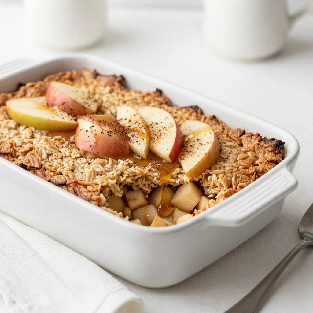 - 2 cups rolled oats - 2 cups almond milk (or any milk of choice) - 2 large apples, peeled and diced - 1/3 cup maple syrup (or honey) - 1/4 cup brown sugar - 1 teaspoon cinnamon - 1/2 teaspoon nutmeg - 1/4 teaspoon salt - 1 teaspoon vanilla extract - 1/2 cup walnuts or pecans, chopped (optional) - 1/4 cup raisins or dried cranberries (optional) - Fresh apple slices and additional cinnamon for serving (optional) To make this Apple Cinnamon Oatmeal Bake, gather all the ingredients first. This helps you stay organized. Start with the rolled oats. They form the base of this dish. Next, choose your milk. Almond milk adds a nice flavor, but any milk works. You will need two large apples. Peel and dice them for sweetness and texture. Maple syrup adds a touch of natural sweetness. Honey is a great substitute if you prefer. Brown sugar gives a deeper flavor. Then, grab your spices. Cinnamon and nutmeg bring warmth and comfort. Don't forget the salt! It enhances all the flavors. Vanilla extract adds a lovely aroma. If you like, add nuts for crunch and dried fruit for sweetness. Raisins or cranberries work well. Finally, for serving, you can top it with fresh apple slices and a sprinkle of cinnamon. This dish is not just tasty; it also looks great! {{ingredient_image_1}} 1. Preheat your oven to 350°F (175°C). This helps the bake cook evenly. 2. Lightly grease a 9x9-inch baking dish with cooking spray or butter. This prevents sticking. 1. In a large bowl, combine the rolled oats and almond milk. Mix until smooth. 2. Add the diced apples, maple syrup, brown sugar, cinnamon, nutmeg, salt, and vanilla extract. Stir well to blend everything together. 3. If you want to add nuts or dried fruit, fold them into the mixture now. This adds great texture and flavor. 1. Pour the mixture into the prepared baking dish. Spread it out evenly with a spatula. 2. Bake in the preheated oven for 30-35 minutes. Look for a lightly golden top and a set middle. This means it's ready to eat! To ensure even baking, spread the oatmeal mixture flat in the dish. This helps it cook uniformly. You can also rotate the dish halfway through baking. This simple step prevents any hot spots in your oven. How can you tell when it’s done? Look for a lightly golden top and a firm center. You can insert a toothpick in the middle. If it comes out clean, your oatmeal bake is ready. Topping ideas for your oatmeal bake are endless. I love adding fresh apple slices on top right before serving. A sprinkle of cinnamon enhances the flavor too. You can also drizzle some maple syrup for extra sweetness. Ideal accompaniments include a side of yogurt or a scoop of ice cream. These add creaminess and balance the warm, spiced oats perfectly. Want to add more flavor? Consider adding a pinch of ginger or cloves. They give a nice twist to the classic taste. For dietary needs, you can swap ingredients easily. Use coconut milk to replace almond milk. If you need a nut-free version, leave out the nuts or use seeds instead. Pro Tips Use Fresh Apples: For the best flavor, select crisp, fresh apples. Varieties like Granny Smith or Honeycrisp work wonderfully for baking. Customize Sweetness: Adjust the sweetness of your oatmeal bake by varying the amount of maple syrup or brown sugar according to your taste preferences. Add Spices: Feel free to experiment with additional spices such as ginger or allspice to give your oatmeal bake a unique flavor profile. Store for Later: This dish can be stored in the refrigerator for up to a week. Simply reheat in the microwave for a quick breakfast option! {{image_2}} You can switch out apples for other fruits. Try pears, bananas, or berries. Each fruit adds its own flavor. Berries bring a tart taste, while bananas add creaminess. You can also mix fruits for more fun. Seasonal fruits work great too. In summer, use peaches or plums. In winter, try adding cranberries or citrus. This keeps your bake fresh and exciting all year. Maple syrup is sweet, but you can use honey or agave instead. Each sweetener gives a different touch. If you want less sugar, cut down on the syrup. You can also use mashed bananas for sweetness. This adds moisture and flavor. Consider using stevia or monk fruit for a low-calorie option. These sweeteners work well without adding sugar. Just adjust the amount to fit your taste. To make this dish gluten-free, use certified oats. Quinoa flakes or brown rice flakes can also work. They give a similar texture while keeping it gluten-free. For a vegan version, swap almond milk with soy or oat milk. Use flax eggs instead of regular eggs. Mix one tablespoon of flaxseed meal with three tablespoons of water. Let this sit for a few minutes to thicken. This substitution binds the bake just like eggs do. To keep your Apple Cinnamon Oatmeal Bake fresh, store it properly. - Refrigeration tips: Place any leftovers in an airtight container. This helps to keep moisture in and flavors fresh. You can store it in the fridge for up to five days. - Freezing for future use: If you want to save it longer, freeze it. Cut the bake into squares and wrap them tightly in plastic wrap. Then, place them in a freezer-safe bag. You can freeze it for up to three months. Just remember to label the bag with the date. When you are ready to enjoy leftovers, reheating them properly is key. - Best methods to reheat without drying out: The microwave is quick. Place a square on a plate and cover it with a damp paper towel. Heat for 30 seconds, then check. If needed, heat for another 15 seconds. For the oven, preheat to 350°F. Place the bake in an oven-safe dish, cover it with foil, and warm it for about 10-15 minutes. - Serving suggestions after reheating: You can top the warm bake with fresh apple slices or a sprinkle of cinnamon. A drizzle of maple syrup adds a sweet touch. Enjoying a scoop of yogurt or a splash of milk can also enhance the flavor and texture. Can I use quick oats instead of rolled oats? Yes, you can use quick oats. They will cook faster, but the texture may be softer. If you like a chewier bake, stick with rolled oats. How long does the oatmeal bake last in the fridge? Your oatmeal bake stays fresh for about 5 days in the fridge. Just cover it well to keep it moist. What to do if the bake is too dry? If your bake turns out too dry, try adding a splash of milk. This will help moisten it. You can also serve it with yogurt or extra fruit to add moisture. Can I make this in advance? Yes! You can prepare the mixture a day ahead. Just cover it tightly and store it in the fridge. When ready, pour it into the baking dish and bake as directed. Caloric content per serving Each serving has about 180 calories. This makes it a healthy choice to start your day. Nutritional benefits of the ingredients - Oats: Great for fiber and heart health. - Apples: Provide vitamins and antioxidants. - Nut milk: A dairy-free option, lower in calories than whole milk. - Nuts: Give healthy fats and protein. These ingredients work together for a nutritious meal! This blog post shared a simple and tasty apple cinnamon oatmeal bake. You learned about the key ingredients, easy steps, and helpful tips. You can customize it to fit your taste and dietary needs. This dish is not only delicious but also healthy and satisfying. Enjoy making it for yourself or share it with friends and family. Your kitchen will smell amazing, and you’ll have a delightful treat to enjoy!