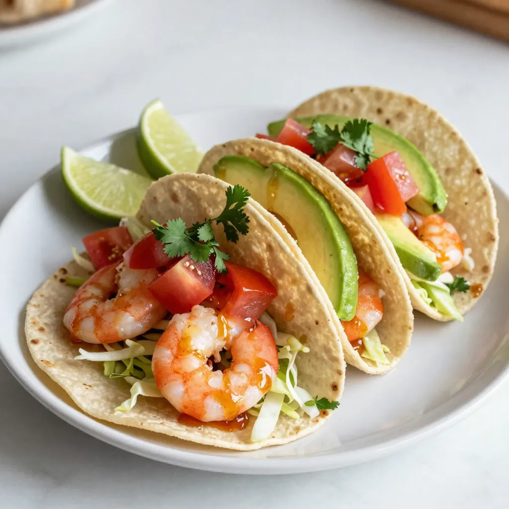 - 1 pound shrimp, peeled and deveined - 2 tablespoons honey - 2 tablespoons lime juice - 1 tablespoon olive oil - 1 teaspoon chili powder - 1/2 teaspoon garlic powder - Salt and pepper to taste - 8 small corn or flour tortillas - 1 cup shredded cabbage - 1/2 cup diced tomatoes - 1 avocado, sliced - Fresh cilantro, for garnish - Lime wedges, for serving Gather all these ingredients before you start. Fresh shrimp works best for flavor. Honey adds a sweet touch, while lime juice gives it a nice zing. Olive oil helps the shrimp cook well. The spices lift the taste and make the dish exciting. You can use corn or flour tortillas based on your liking. Shredded cabbage adds crunch, and tomatoes and avocado bring freshness. Don't forget the cilantro; it adds a burst of flavor. Lime wedges are great for squeezing on top. Enjoy the process of bringing these ingredients together! {{ingredient_image_1}} To start, I mix honey, lime juice, olive oil, chili powder, garlic powder, salt, and pepper in a bowl. This mix makes a great marinade that adds flavor. Next, I add the shrimp into the bowl. I toss the shrimp well to coat them in the marinade. Then, I let the shrimp sit for 15 to 20 minutes. This time allows the shrimp to soak up the tasty marinade. While the shrimp marinates, I heat a skillet over medium-high heat. Once hot, I add the shrimp to the skillet. I cook the shrimp for about 2 to 3 minutes on each side. They are done when they turn pink and opaque. This means they are perfectly cooked. While the shrimp cooks, I warm the tortillas in another skillet or over a flame. I do this for just a few seconds on each side. This step makes the tortillas soft and easy to fold. Now it’s time to build the tacos. I start with a handful of shredded cabbage on each tortilla. Then, I add a few shrimp on top. Next, I sprinkle diced tomatoes and avocado slices over the shrimp. Finally, I garnish each taco with fresh cilantro. I serve the tacos with lime wedges on the side. The lime adds a zesty kick that brightens the dish. - Use fresh lime juice for better taste. Fresh juice adds a bright, zesty flavor. - Experiment with additional spices for a unique twist. Try smoked paprika or cumin for depth. - Use a non-stick skillet for easy shrimp cooking. This helps prevent sticking and makes cleanup simple. - Avoid overcrowding the pan for even cooking. Cook shrimp in batches if needed. This ensures they cook evenly and get a nice sear. - Pair tacos with a side of rice or beans. This adds heartiness to the meal and balances flavors. - Offer a variety of toppings for customization. Consider diced red onion, jalapeños, or crumbled cheese for extra flair. Pro Tips Marinate Longer for More Flavor: If time allows, marinate the shrimp for up to 30 minutes to enhance the flavor of the dish. Use Fresh Ingredients: Opt for fresh lime juice and ripe avocados for the best taste and texture in your tacos. Adjust Spice Level: Feel free to add more chili powder or even a dash of cayenne pepper if you prefer spicier tacos. Experiment with Toppings: Try adding different toppings like sliced jalapeños, feta cheese, or mango salsa for a unique twist. {{image_2}} You can switch up the shrimp in your tacos. Try using chicken or fish instead. Both will work well with the honey-lime flavor. If you want a vegetarian option, tofu is a great choice. Just make sure to press it to remove extra water. This way, it absorbs the marinade better. To add more creaminess, consider a yogurt or sour cream sauce. It adds a nice touch to the tacos. You can also try fresh salsa or pico de gallo. These toppings add freshness and a burst of flavor. If you're looking for a different way to serve these flavors, think about a salad. Use mixed greens instead of tortillas. It makes a light and tasty meal. You could also create a taco bowl. Use rice as the base and add your shrimp and toppings. This option is hearty and filling. To keep your shrimp tacos fresh, store them in an airtight container. This helps prevent them from drying out. It’s best to eat them within 2 days. After this time, they may lose flavor and texture. You can freeze the shrimp before cooking. Just marinate them and place them in a freezer bag. This makes for quick meals later. If you have cooked tacos, store the shrimp separately from the toppings. This keeps everything fresh and tasty. When you are ready to enjoy your tacos again, use the stove or microwave to reheat the shrimp. If you want warm tortillas, heat them in a skillet for a few seconds. This step adds a nice touch to your meal. Enjoy every bite! Yes, marinate the shrimp ahead of time for convenience. You can prepare the marinade and let the shrimp soak in it for up to two hours. This saves time when you are ready to cook. Just remember to keep the marinated shrimp in the fridge until you need them. They can be a healthy option, packed with protein and fresh vegetables. Shrimp is low in calories but high in protein. Adding cabbage and tomatoes gives you vitamins and fiber. The lime juice adds flavor without extra calories. Maple syrup or agave nectar can be used as alternatives. Both options bring sweetness to the dish. Just keep in mind that maple syrup has a distinct taste. Agave nectar is milder and works nicely in this recipe. Shrimp should turn pink and opaque when fully cooked. This usually takes about 2-3 minutes per side. If you see them curl up into a C shape, they’re ready! Avoid overcooking, as shrimp can become tough if left too long. This blog post guides you through making delicious Honey Lime Shrimp Tacos. You learned about the key ingredients, easy cooking steps, and ways to enhance the flavors. You can customize these tacos with different proteins and toppings. Remember to store leftover tacos safely for freshness. These shrimp tacos are not only tasty but also versatile and healthy. Enjoy trying new combinations that suit your taste! Happy cooking!