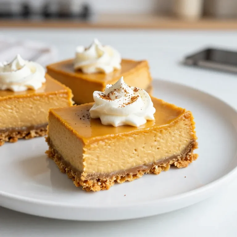 To make these Pumpkin Spice Cheesecake Bars, you will need: - 1 ½ cups graham cracker crumbs - ½ cup unsalted butter, melted - 1 cup cream cheese, softened - 1 cup pumpkin puree - ¾ cup granulated sugar - 2 large eggs - 1 teaspoon vanilla extract - 1 teaspoon pumpkin pie spice - ½ teaspoon cinnamon - ¼ teaspoon salt These ingredients create a rich and creamy cheesecake with a delightful pumpkin flavor. The graham cracker crust adds a nice crunch. You can enhance your cheesecake bars with some fun toppings. Here are some ideas: - Whipped cream - Chopped nuts, like pecans or walnuts - A sprinkle of cinnamon - Drizzle of caramel sauce These toppings add extra flavor and texture. Feel free to get creative! If you don’t have some ingredients, here are some easy swaps: - Use digestive biscuits instead of graham crackers. - Swap unsalted butter for coconut oil for a dairy-free option. - Replace cream cheese with a vegan cream cheese alternative. - Use maple syrup instead of granulated sugar for a natural sweetener. These substitutions work well and keep the essence of the bars intact. Enjoy experimenting! {{ingredient_image_1}} To make the crust, start by preheating your oven to 350°F (175°C). Grab a 9x9-inch baking pan and line it with parchment paper. Leave some paper hanging over the sides. This helps you lift the bars out later. In a medium bowl, mix 1 ½ cups of graham cracker crumbs with ½ cup of melted unsalted butter. Stir until it looks like wet sand. Press this mixture firmly into the bottom of the pan. Bake it for 8-10 minutes until it turns light golden. After baking, let it cool completely. For the filling, take a large mixing bowl and beat 1 cup of softened cream cheese until smooth. You can use a hand mixer or a stand mixer. Once smooth, add 1 cup of pumpkin puree, ¾ cup of granulated sugar, 2 large eggs, 1 teaspoon of vanilla extract, 1 teaspoon of pumpkin pie spice, ½ teaspoon of cinnamon, and ¼ teaspoon of salt. Mix everything on low speed until it blends well and looks creamy. Pour this pumpkin cheesecake filling over your cooled crust. Use a spatula to spread it evenly. Place the pan in the oven and bake for 25-30 minutes. The edges should be set, but the center will still jiggle a bit. After baking, take the pan out and let it cool for about 1 hour at room temperature. Then, cover it and refrigerate for at least 2 hours or overnight. This helps the flavors develop. Once chilled, lift the bars out of the pan using the parchment paper. Cut them into squares. For an extra treat, top with some whipped cream if you like! To create a great crust, use fresh graham cracker crumbs. Store-bought crumbs work too, but homemade is better. Mix the crumbs with melted butter until it looks like wet sand. Press it firmly into the pan. Bake for 8 to 10 minutes until golden. This step gives your crust a nice crunch. For a creamy filling, ensure your cream cheese is very soft. Let it sit at room temperature for about 30 minutes before mixing. Use a hand mixer to beat it smooth. Add pumpkin puree and other ingredients slowly. Mixing on low helps keep it creamy. Don't over-mix; just combine until smooth. Cut the bars into neat squares for a pretty look. Serve them chilled for the best taste. Top with whipped cream for extra flair. A sprinkle of cinnamon or extra pumpkin pie spice adds a nice touch. Use a clean knife for each cut to keep edges sharp. Pro Tips Use Room Temperature Ingredients: Ensure your cream cheese and eggs are at room temperature for a smoother batter and better incorporation. Don’t Overmix: Once you add the eggs, mix just until combined to prevent the cheesecake from cracking during baking. Check for Doneness: The bars should be set around the edges with a slight jiggle in the center; they will firm up as they cool. Chill Overnight: For the best texture and flavor, refrigerate the bars overnight before serving, allowing the flavors to meld beautifully. {{image_2}} You can make these pumpkin spice cheesecake bars a bit healthier. Here are a few swaps you can try: - Use whole wheat graham cracker crumbs instead of regular ones. - Swap unsalted butter for coconut oil. This adds healthy fat. - Try low-fat cream cheese. It still tastes great! - Use maple syrup instead of granulated sugar. It adds a nice flavor. - Substitute Greek yogurt for some of the cream cheese. This makes it creamy and adds protein. These options help cut some calories without losing flavor. You can change the taste of these bars easily. Here are some fun ideas: - Add chocolate chips into the cheesecake mix for a sweet twist. - Mix in some caramel sauce for a rich flavor. - Include nuts like pecans or walnuts for added crunch. - Experiment with different spices. Try nutmeg or ginger for a unique taste. - For a cheesecake twist, add a layer of fruit jam. These variations make each batch special and fun to create. Serving these bars is just as fun as making them! Here are some ideas: - Serve them chilled with whipped cream on top. This adds a nice touch. - Drizzle chocolate or caramel sauce for a fancy look. - Add a sprinkle of cinnamon or nutmeg for extra flavor. - Pair with a warm drink, like chai tea or spiced apple cider. - Cut into fun shapes for parties or gatherings. Kids love that! These serving ideas enhance the experience and impress your guests. To keep your Pumpkin Spice Cheesecake Bars fresh, place them in an airtight container. You can also use plastic wrap to cover them tightly. Store the bars in the fridge for up to five days. Make sure to keep them chilled to maintain their creamy texture and flavor. If you want to save some bars for later, freezing is a great option. First, cut the bars into squares. Then, wrap each square in plastic wrap. After wrapping, place them in a freezer-safe bag or container. These bars can stay frozen for up to three months. When you're ready to enjoy them, just thaw overnight in the fridge. When you're ready to eat your bars, you can serve them cold or at room temperature. If you prefer them warm, heat them gently. Use the microwave and heat for about 10-15 seconds. Be careful not to overheat them, or they may lose their creamy goodness. Enjoy your delicious bars! Yes, you can use fresh pumpkin. Start with a sugar pumpkin. Roast it until soft, then scoop out the flesh. Blend it well to make a smooth puree. This method adds a fresher taste, but it requires more work. Canned pumpkin is convenient and has a consistent flavor, so choose based on your time and taste. These cheesecake bars last about five days in the fridge. Store them in an airtight container to keep them fresh. If you notice any moisture, place a paper towel inside to absorb it. This helps maintain the texture and flavor. Just remember to serve them chilled for the best taste. Yes, you can make these bars a day or two early. They taste even better after chilling in the fridge overnight. This allows the flavors to blend well. Just cut them into squares before serving. You can also freeze them for up to three months. Thaw in the fridge when you are ready to enjoy them. This blog post covered how to make delicious pumpkin cheesecake bars. You learned about the needed ingredients and some fun toppings. The step-by-step guide made baking easy. I shared tips for a great crust and creamy filling. You also found variations for healthier choices and flavor twists. Lastly, I provided storage tips to keep your bars fresh. Enjoy your baking journey. You now have all the tools to create a tasty treat!